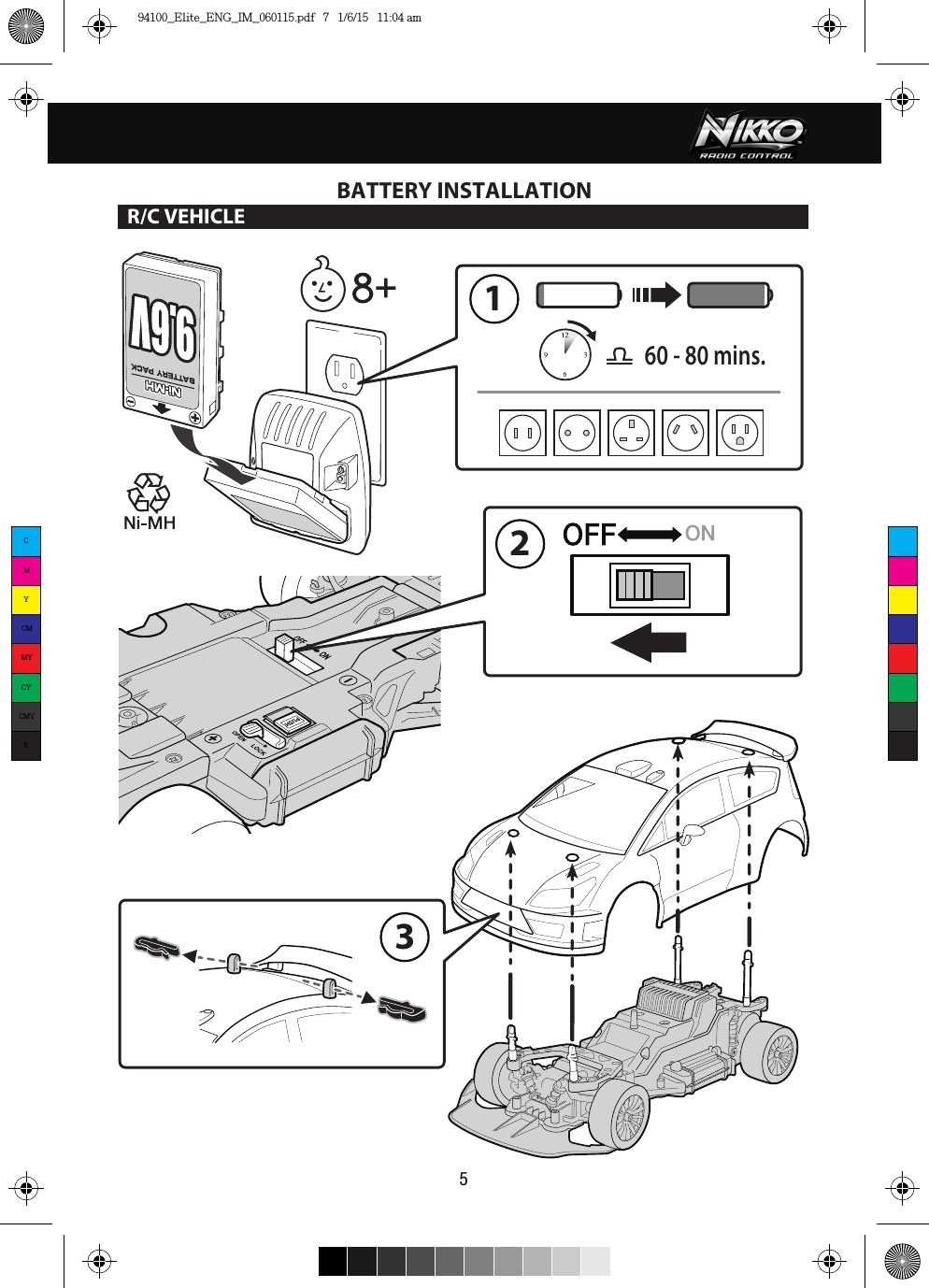 60 - 80 mins.2315BATTERY INSTALLATIONR/C VEHICLECMYCMMYCYCMYK94100_Elite_ENG_IM_060115.pdf   7   1/6/15   11:04 am