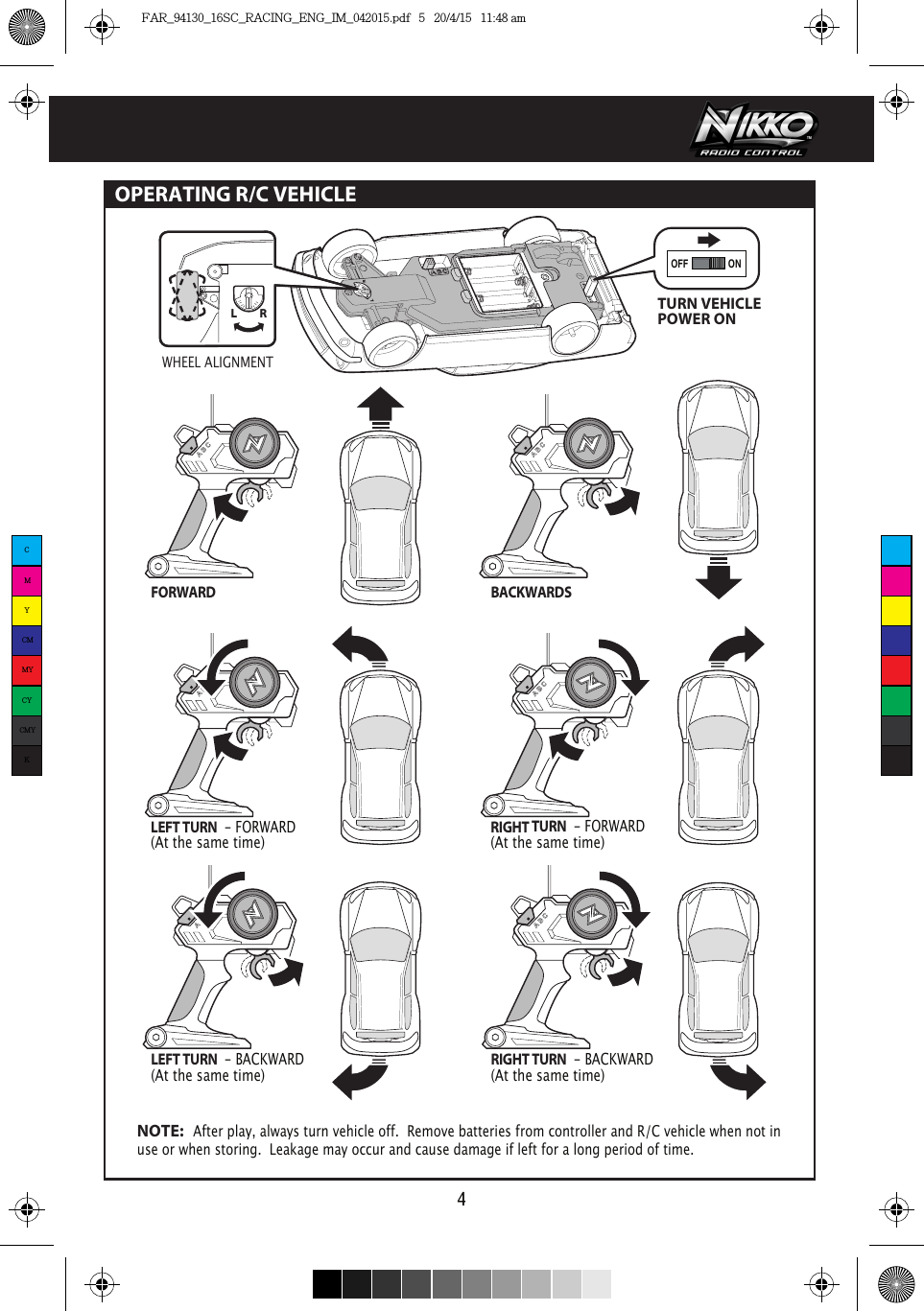 OPERATING R/C VEHICLEL RONOFF4TURN VEHICLE POWER ON WHEEL ALIGNMENTFORWARD BACKWARDSLEFT TURN  - FORWARD(At the same time) LEFT TURN  - BACKWARD (At the same time)RIGHT TURN  - BACKWARD (At the same time)RIGHT TURN  - FORWARD(At the same time)  NOTE:  After play, always turn vehicle off.  Remove batteries from controller and R/C vehicle when not in use or when storing.  Leakage may occur and cause damage if left for a long period of time.CMYCMMYCYCMYKFAR_94130_16SC_RACING_ENG_IM_042015.pdf   5   20/4/15   11:48 am