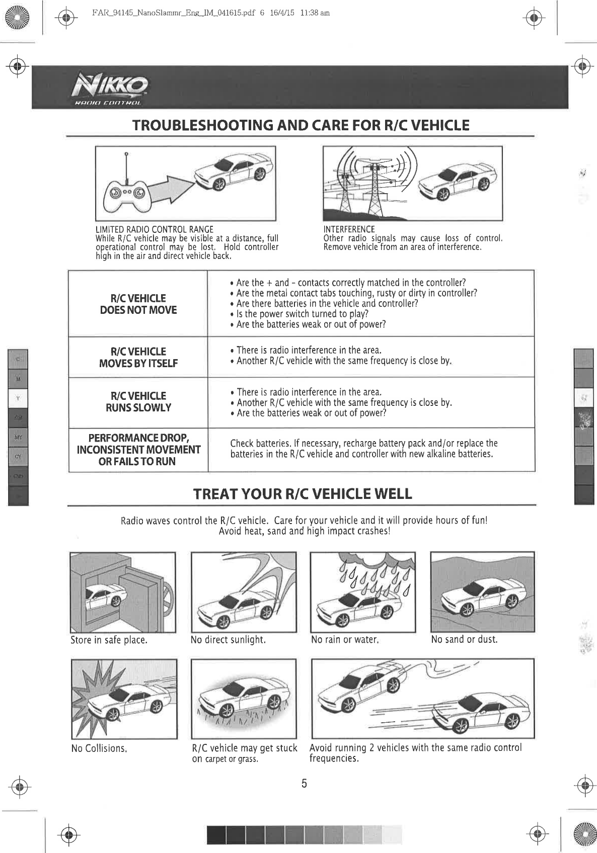 ,{+ût.l FAII-94145-NanoSlammr-Ene-IM-041615pdf  6 16/4/15  11:38amTROUBLESHOOTING  AND CARE FOR R/C VEHICLE.+-{{Þr+-/,-KvI{+}.+./Hrrftat  rnatt&apos;ænt-Ðt_LII\4ITED RADIO  CONTROL  RANGEWhile R/C vehicle may be visible  at a distance, fulloperational control  may be lost. Hold controllerhigh in the air and direct vehìcle  back,INTERFERENCEOther  radio signals may cause  loss of control,Remove  vehicle from an area 0f interference.R/CVEHICLEDOESNOTMOVE. Are the + and - contacts correctly  matched in the controller?r Are the metalcontacttabs  touching,  rusty or dirty in controller?. Are there  batteries in the vehicle  and controller?. ls the power  switch turned  to play?r Are the batterles weak  or out of power?RI/C  VEHICLEMOVES BY ITSELF. There  is radio interference in the area.. Another  R/C vehicle  with the same frequency is close  byHi/C VEHICLERUNS SLOWLY. There  is radio interference in the area.. Another  R/C vehicle  with the same frequency is close  by,. Are the batteries weak or out of power?PERFORMANCE  DROP,INCONSISTENT MOVEMENTOR FAILSTO  RUNCheck  batteries. lf necessary,  recharge  battery pack  and/or replace thebatteries in the R/C vehicle and controller  with new alkaline batteries,TREAT YOUR R/C VEHICLË WELLRadiowavescontroltheR/Cvehicle, Careforyourvehicleanditwill providehoursoffun!Avoid heat, sand and high impact crashes!@Store  in safe place.  No direct  sunlight. No rain or water No sand or dust,No Collisions R/C vehicle may get stuck0n carpet  or grass,¿,ú¿-Þ,+-.v5Avoid  running  2 vehicles  with  the same radio controlfreq ue n cies,-+