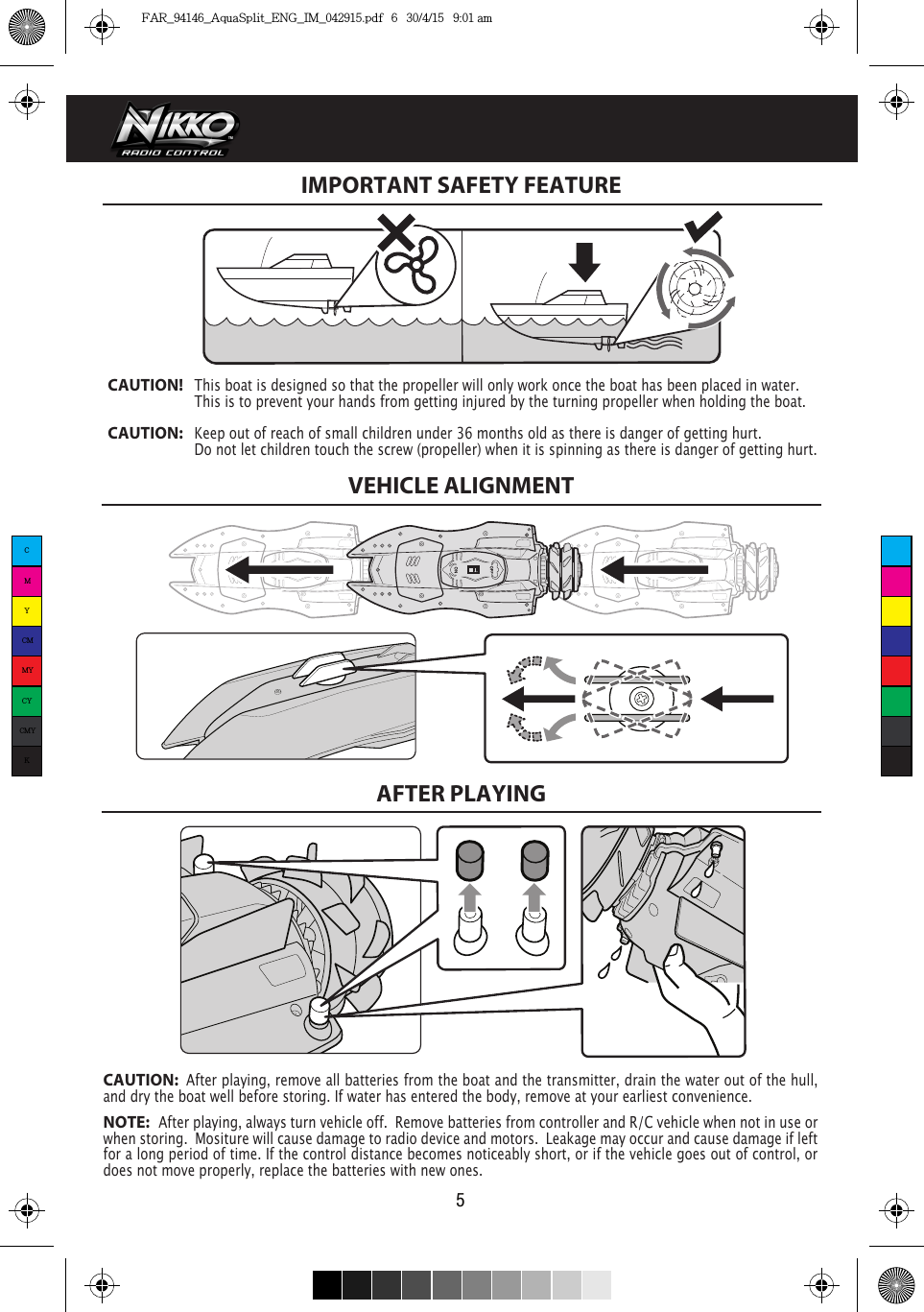 VEHICLE ALIGNMENTAFTER PLAYINGIMPORTANT SAFETY FEATURE5NOTE:  After playing, always turn vehicle off.  Remove batteries from controller and R/C vehicle when not in use or when storing.  Mositure will cause damage to radio device and motors.  Leakage may occur and cause damage if left for a long period of time. If the control distance becomes noticeably short, or if the vehicle goes out of control, or does not move properly, replace the batteries with new ones.  CAUTION:  After playing, remove all batteries from the boat and the transmitter, drain the water out of the hull, and dry the boat well before storing. If water has entered the body, remove at your earliest convenience.CAUTION!   This boat is designed so that the propeller will only work once the boat has been placed in water.  This is to prevent your hands from getting injured by the turning propeller when holding the boat.CAUTION: Keep out of reach of small children under 36 months old as there is danger of getting hurt.  Do not let children touch the screw (propeller) when it is spinning as there is danger of getting hurt.  CMYCMMYCYCMYKFAR_94146_AquaSplit_ENG_IM_042915.pdf   6   30/4/15   9:01 am