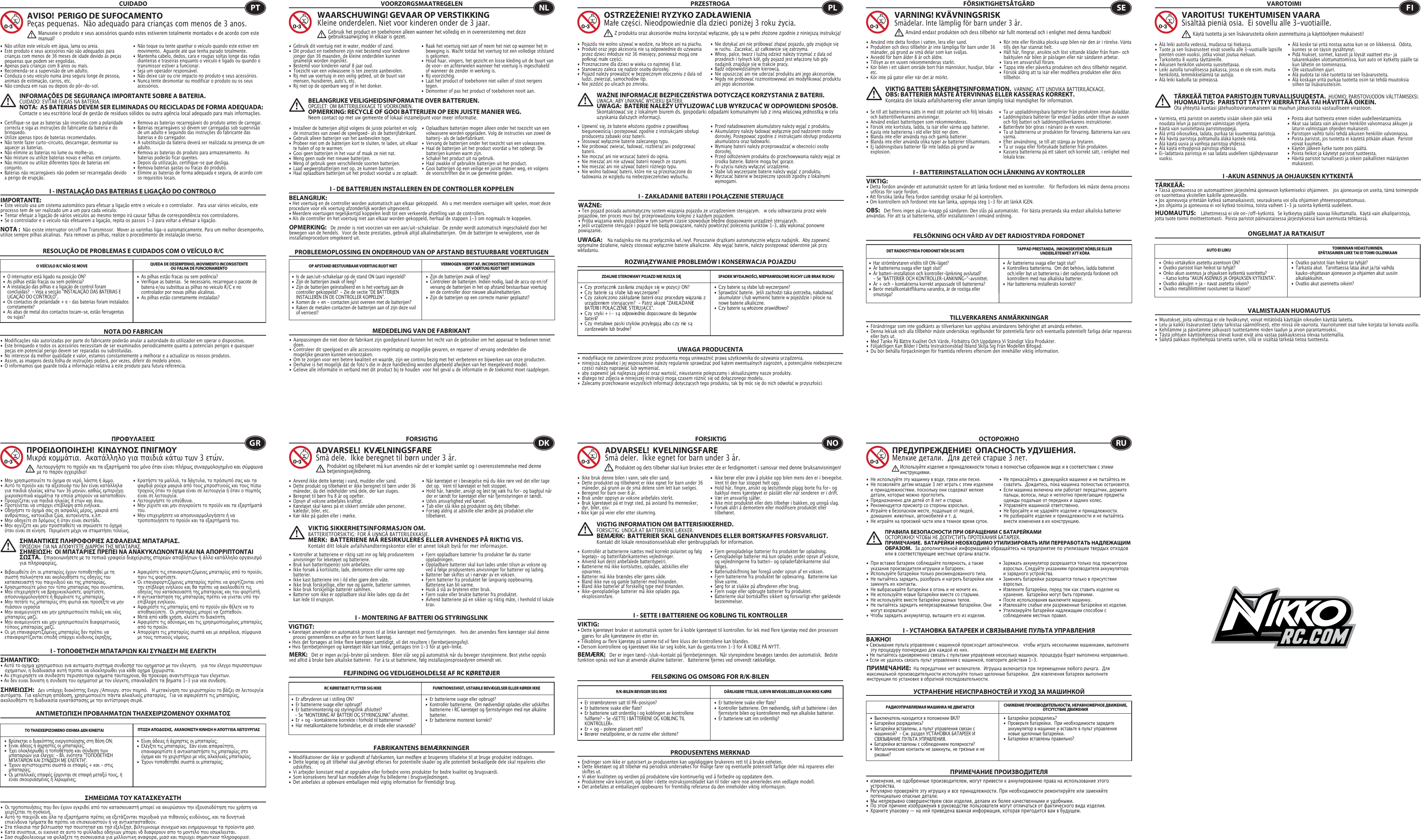 RESOLUÇÃO DE PROBLEMAS E CUIDADOS COM O VEÍCULO R/CCUIDADO•  Não utilize este veículo em água, lama ou areia. •  Este produto e seus acessórios não são adequados para    crianças com menos de 36 meses de idade devido às peças    pequenas que podem ser engolidas. •  Apenas para crianças com 8 anos ou mais.•  Recomenda-se a supervisão de um adulto.•  Conduza o seu veículo numa área segura longe de pessoa,    animais de estimação, carros, etc. •  Não conduza em ruas ou depois do pôr-do-sol.•  Não toque ou tente apanhar o veículo quando este estiver em    movimento.  Aguarde até que tenha parado totalmente.•  Mantenha cabelo, dedos, cara e roupas soltas longe das rodas    dianteiras e traseiras enquanto o veículo é ligado ou quando o    transmissor estiver a funcionar.•  Seja um operador responsável.•  Não deixe cair ou crie impacto no produto e seus acessórios.•  Nunca tente desmontar ou modificar o produto ou os seus   acessórios.•  Certifique-se que as baterias são inseridas com a polaridade    correcta e siga as instruções do fabricante da bateria e do   brinquedo.•  Utilize apenas tipos de baterias recomendados.•  Não tente fazer curto-circuito, descarregar, desmontar ou    aquecer as baterias. •  Não elimine as baterias no lume ou molhe-as.•  Não misture ou utilize baterias novas e velhas em conjunto.•  Não misture ou utilize diferentes tipos de baterias em   conjunto.•  Baterias não recarregáveis não podem ser recarregadas devido    a perigo de erupção.•  Remova as baterias recarregáveis do produto antes de carregar. •  Baterias recarregáveis só devem ser carregadas sob supervisão    de um adulto e seguindo das instruções do fabricante das    baterias e do carregador. •  A substituição da bateria deverá ser realizada na presença de um   adulto.•  Remova as baterias do produto para armazenamento.  As    baterias poderão ficar quentes.•  Depois da utilização, certifique-se que desliga. •  Remova baterias gastas ou fracas do produto.•  Elimine as baterias de forma adequada e segura, de acordo com    os requisitos locais.O VEÍCULO R/C NÃO SE MOVE QUEDA DE DESEMPENHO, MOVIMENTO INCONSISTENTE OU FALHA DE FUNCIONAMENTO NOTA DO FABRICANAVISO!  PERIGO DE SUFOCAMENTOPeças pequenas.  Não adequado para crianças com menos de 3 anos.INFORMAÇÕES DE SEGURANÇA IMPORTANTE SOBRE A BATERIA. CUIDADO: EVITAR FUGAS NA BATERIA.NOTA:  AS BATERIAS DEVEM SER ELIMINADAS OU RECICLADAS DE FORMA ADEQUADA:   Contacte o seu escritório local de gestão de resíduos sólidos ou outra agência local adequado para mais informações.NOTA :  Não existe interruptor on/off no Transmissor.  Mover as varinhas liga-o automaticamente. Para um melhor desempenho, utilize sempre pilhas alcalinas.  Para remover as pilhas, realize o procedimento de instalação inverso.PTManuseie o produto e seus acessórios quando estes estiverem totalmente montados e de acordo com este manual!I - INSTALAÇÃO DAS BATERIAS E LIGAÇÃO DO CONTROLO IMPORTANTE:•  Este veículo usa um sistema automático para efetuar a ligação entre o veículo e o controlador.   Para usar vários veículos, este processo tem de ser realizado um a um para cada veículo.  •  Tentar efetuar a ligação de vários veículos ao mesmo tempo irá causar falhas de correspondência nos controladores.  •  Se o controlador e o veículo não efetuarem a ligação, repita os passos 1-3 para voltar a efetuar a ligação.  I - ΤΟΠΟΘΕΤΗΣΗ ΜΠΑΤΑΡΙΩΝ ΚΑΙ ΣΥΝΔΕΣΗ ΜΕ ΕΛΕΓΚΤΗΣΗΜΑΝΤΙΚΌ: • Αυτό το οχημα χρησιμοποιει ενα αυτοματο συστημα συνδεσησ του οχηματοσ με τον ελεγκτη.   για τον ελεγχο περισσοτερων      οχηματων, η διαδικασια αυτή πρεπει να ολοκληρωθει για κάθε οχημα ξεχωριστα.• Αν επιχειρησετε να συνδεσετε περισσοτερα οχηματα ταυτοχρονα, θα προκυψει αναντιστοιχια των ελεγκτων.• Αν δεν ειναι δυνατη η συνδεση του οχηματοσ με τον ελεγκτη, επαναλαβετε τα βηματα 1-3 για νεα συνδεση.I - MONTERING AF BATTERI OG STYRINGSLINKVIGTIGT:  • Køretøjet anvender en automatisk proces til at linke køretøjet med fjernstyringen.   hvis der anvendes flere køretøjer skal denne    proces gennemføres en efter en for hvert køretøj.• Hvis det forsøges at linke flere køretøjer samtidigt, vil det resultere i fjernbetjeningsfejl.• Hvis fjernbetjeningen og køretøjet ikke kan linke, gentages trin 1-3 for at gen-linke. I - SETTE I BATTERIENE OG KOBLING TIL KONTROLLERVIKTIG:• Dette kjøretøyet bruker et automatisk system for å koble kjøretøyet til kontrollen. for lek med flere kjøretøy med den prosessen    gjøres for alle kjøretøyene én etter én.• Tilkobling av flere kjøretøy på samme tid vil føre kluss der kontrollene kan blandes.• Dersom kontrollene og kjøretøyet ikke lar seg koble, kan du gjenta trinn 1–3 for Å KOBLE PÅ NYTT.I - УСТАНОВКА БАТАРЕЕК И СВЯЗЫВАНИЕ ПУЛЬТА УПРАВЛЕНИЯВАЖНО!• Cвязывание пульта управления с машинкой происходит автоматически.   чтобы играть несколькими машинками, выполните    эту процедуру поочередно для каждой из них.• Hе пытайтесь одновременно связать с пультами управления несколько машинок. процедура будет выполнена неправильно.• Eсли не удалось связать пульт управления с машинкой, повторите действия 1-3. I - DE BATTERIJEN INSTALLEREN EN DE CONTROLLER KOPPELENBELANGRIJK:• Het voertuig en de controller worden automatisch aan elkaar gekoppeld.   Als u met meerdere voertuigen wilt spelen, moet deze procedure voor elk voertuig afzonderlijk worden uitgevoerd. • Meerdere voertuigen tegelijkertijd koppelen leidt tot een verkeerde afstelling van de controllers. • Als de controller en het voertuig niet aan elkaar worden gekoppeld, herhaal de stappen 1-3 om nogmaals te koppelen.  I - ZAKŁADANIE BATERII I POŁĄCZENIE STERUJĄCEWAŻNE:• Ten pojazd posiada automatyczny system wiązania pojazdu ze urządzeniem sterującym.   w celu odtwarzania przez wiele pojazdów, ten proces musi być przeprowadzony kolejno z każdym pojazdem.• Próba wiązania wielu pojazdów w tym samym czasie spowoduje błędne dopasowanie urządzeń sterujących.• Jeśli urządzenie sterujące i pojazd nie będą powiązane, należy powtórzyć polecenia punktów 1–3, aby wykonać ponowne powiązanie. I - BATTERIINSTALLATION OCH LÄNKNING AV KONTROLLERVIKTIG:• Detta fordon använder ett automatiskt system för att länka fordonet med en kontroller.   för flerfordons lek måste denna process    utföras för varje fordon.• Att försöka länka flera fordon samtidigt orsakar fel på kontrollern.• Om kontrollern och fordonet inte kan länka, upprepa steg 1-3 för att länkA IGEN.I -AKUN ASENNUS JA OHJAUKSEN KYTKENTÄTÄRKEÄÄ:  • Tässä ajoneuvossa on automaattinen järjestelmä ajoneuvon kytkemiseksi ohjaimeen.   jos ajoneuvoja on useita, tämä toimenpide on suoritettava yksitellen kaikille ajoneuvoille.• Jos ajoneuvoja yritetään kytkeä samanaikaisesti, seurauksena voi olla ohjaimien yhteensopimattomuus.• Jos ohjainta ja ajoneuvoa ei voi kytkeä toisiinsa, toista vaiheet 1-3 ja suorita kytkentä uudelleen. •  As pilhas estão fracas ou sem potência?•  Verifique as baterias.  Se necessário, recarregue o pacote de    bateria e/ou substitua as pilhas no veículo R/C e no      controlador por novas pilhas alcalinas.•  As pilhas estão corretamente instaladas? •  O interruptor está ligado na posição ON?•  As pilhas estão fracas ou sem potência?•  A instalação das pilhas e a ligação de control foram      concluídas?  - Veja a secção “INSTALAÇÃO DAS BATERIAS E    LIGAÇÃO DO CONTROLO”.•  Os contactos de polaridade + e – das baterias foram instalados   corretamente?•  As abas de metal dos contactos tocam-se, estão ferrugentas    ou sujas?•  Είναι άδειες ή άχρηστες οι μπαταρίες;•  Ελέγξτε τις μπαταρίες.  Εάν είναι απαραίτητο,      επαναφορτίστε ή αντικαταστήστε τις μπαταρίες στο    όχημα και το χειριστήριο με νέες αλκαλικές μπαταρίες.•  Έχουν τοποθετηθεί σωστά οι μπαταρίες;•  Βρίσκεται ο διακόπτης ενεργοποίησης στη θέση ON;•  Είναι άδειες ή άχρηστες οι μπαταρίες;•  Έχει ολοκληρωθεί η τοποθέτηση και σύνδεση των      μπαταριών για έλεγχο; - Βλ. ενότητα &quot;ΤΟΠΟΘΕΤΗΣΗ     ΜΠΑΤΑΡΙΩΝ ΚΑΙ ΣΥΝΔΕΣΗ ΜΕ ΕΛΕΓΚΤΗ&quot;.•  Έχουν αντιστοιχιστεί σωστά οι επαφές + και - στις     μπαταρίες;•  Οι μεταλλικές επαφές έρχονται σε επαφή μεταξύ τους, ή    είναι σκουριασμένες ή λερωμένες;•  Er batterierne svage eller opbrugt?•  Kontrollér batterierne.  Om nødvendigt oplades eller udskiftes    batterierne i RC køretøjet og fjernstyringen med nye alkaline   batterier.•  Er batterierne monteret korrekt?•  Er afbryderen sat i stilling ON?•  Er batterierne svage eller opbrugt?•  Er batterimontering og styringslink afsluttet?     - Se “MONTERING AF BATTERI OG STYRINGSLINK” afsnittet.•  Er + og – kontakterne korrekte i forhold til batterierne?•  Har metalkontakterne forbindelse, er de irrede eller snavsede?•  Er batteriene svake eller flate?•  Kontroller batteriene. Om nødvendig, skift ut batteriene i den    fjernstyrte bilen og kontrolleren med nye alkaliske batterier.•  Er batteriene satt inn ordentlig?•  Er strømbryteren satt til PÅ-posisjon?•  Er batteriene svake eller flate?•  Er batteriene satt ordentlig i og koblingen av kontrollene    fullførte? - Se «SETTE I BATTERIENE OG KOBLING TIL     KONTROLLER».•  Er + og - polene plassert rett?•  Berører metallpolene, er de rustne eller skittene?•  Батарейки разрядились?•  Проверьте батарейки.  При необходимости зарядите    аккумулятор в машинке и вставьте в пульт управления    новые щелочные батарейки.•  Батарейки вставлены правильно?•  Выключатель находится в положении ВКЛ?•  Батарейки разрядились?•  Батарейки вставлены, а пульт управления связан с      машинкой?  - См. раздел УСТАНОВКА БАТАРЕЕК И      СВЯЗЫВАНИЕ ПУЛЬТА УПРАВЛЕНИЯ.•  Батарейки вставлены с соблюдением полярности?•  Металлические контакты не замкнуты, не грязные и не    ржавые?•  Zijn de batterijen zwak of leeg?•  Controleer de batterijen. Indien nodig, laad de accu op en/of    vervang de batterijen in het op afstand bestuurbaar voertuig    en de controller door nieuwe alkalinebatterijen.•  Zijn de batterijen op een correcte manier geplaatst?•  Is de aan/uit-schakelaar op de stand ON (aan) ingesteld?•  Zijn de batterijen zwak of leeg?•  Zijn de batterijen geïnstalleerd en is het voertuig aan de    controller gekoppeld?  - Zie de sectie “DE BATTERIJEN      INSTALLEREN EN DE CONTROLLER KOPPELEN”.•  Komen de + en - contacten juist overeen met de batterijen?•  Raken de metalen contacten de batterijen aan of zijn deze vuil    of verroest?PROBLEEMOPLOSSING EN ONDERHOUD VAN OP AFSTAND BESTUURBARE VOERTUIGENVOORZORGSMAATREGELEN•  Gebruik dit voertuig niet in water, modder of zand. •  Dit product en toebehoren zijn niet bestemd voor kinderen    jonger dan 36 maanden, de kleine onderdelen kunnen    qnamelijk worden ingeslikt.•  Bestemd voor kinderen vanaf 8 jaar oud.•  Toezicht van een volwassene is ten zeerste aanbevolen.•  Rij met uw voertuig in een veilig gebied, uit de buurt van    mensen, huisdieren, auto&apos;s, etc.•  Rij niet op de openbare weg of in het donker.•  Raak het voertuig niet aan of neem het niet op wanneer het in    beweging is. Wacht totdat het voertuig tot een volledige stilstand    is gekomen.•  Houd haar, vingers, het gezicht en losse kleding uit de buurt van    de voor- en achterwielen wanneer het voertuig is ingeschakeld    of wanneer de zender in werking is.•  Rij voorzichtig.•  Laat het product of toebehoren niet vallen of stoot nergens   tegen.•  Demonteer of pas het product of toebehoren nooit aan.•  Installeer de batterijen altijd volgens de juiste polariteit en volg    de instructies van zowel de speelgoed- als de batterijfabrikant.•  Gebruik alleen batterijen van het aanbevolen type.•  Probeer niet om de batterijen kort te sluiten, te laden, uit elkaar    te halen of op te warmen. •  Gooi geen batterijen in het vuur of maak ze niet nat.•  Meng geen oude met nieuwe batterijen.•  Meng of gebruik geen verschillende soorten batterijen.•  Laad wegwerpbatterijen niet op, ze kunnen barsten.•  Haal oplaadbare batterijen uit het product voordat u ze oplaadt. •  Oplaadbare batterijen mogen alleen onder het toezicht van een    volwassene worden opgeladen. Volg de instructies van zowel de    batterij- als de laderfabrikant.•  Vervang de batterijen onder het toezicht van een volwassene.•  Haal de batterijen uit het product voordat u het opbergt. De    batterijen kunnen warm zijn.•  Schakel het product uit na gebruik. •  Haal zwakke of gebruikte batterijen uit het product.•  Gooi batterijen op een veilige en juiste manier weg, en volgens    de voorschriften die in uw gemeente gelden.OP AFSTAND BESTUURBAAR VOERTUIG RIJDT NIET VERMOGEN NEEMT AF, INCONSISTENTE BEWEGINGENOF VOERTUIG RIJDT NIET •  Czy baterie są słabe lub wyczerpane?•  Sprawdzić baterie.  Jeśli zachodzi taka potrzeba, naładować    akumulator i/lub wymienić baterie w pojeździe i pilocie na    nowe baterie alkaliczne.•  Czy baterie są włożone prawidłowo?•  C zy przeł ą c znik za s ila nia znaj duj e  s ię w pozy c j i ON?•  Czy baterie są słabe lub wyczerpane?•  Czy zakończono zakłądanie baterii oraz procedurę wiązania z    urządzeniem sterującym?  - Patrz akapit &quot;ZAKŁADANIE    BATERII I POŁĄCZENIE STERUJĄCE&quot;.•  Czy styki + i – są odpowiednio dopasowane do biegunów   baterii?•  Czy metalowe paski styków przylegają albo czy nie są    zardzewiałe lub brudne?•  Är batterierna svaga eller tagit slut?•  Kontrollera batterierna.  Om det behövs, ladda batteriet    och/eller byt ut batterierna i det radiostyrda fordonet och    kontrollern med nya alkaliska batterier.   •  Har batterierna installerats korrekt?         •  Har strömbrytaren vridits till ON-läget?                      •  Är batterierna svaga eller tagit slut?                          •  Är batteri-installation och kontroller-länkning avslutad?  - Se &quot;BATTERIER OCH KONTROLLER-LÄNKNING-&quot;-avsnittet.•  Är + och - kontakterna korrekt anpassade till batterierna?•  Berör metallkontaktflikarna varandra, är de rostiga eller   smutsiga?•  Ovatko paristot liian heikot tai tyhjät?•  Tarkasta akut.  Tarvittaessa lataa akut ja/tai vaihda      kauko-ohjattavan ajoneuvon ja ohjaimen akut uusiin     alkaliakkuihin.•  Ovatko akut asennettu oikein?•  Onko virtakytkin asetettu asentoon ON?•  Ovatko paristot liian heikot tai tyhjät?•  Onko akun asennus ja ohjauksen kytkentä suoritettu?     - Katso kohta “AKUN ASENNUS JA OHJAUKSEN KYTKENTÄ”.•  Ovatko akkujen + ja – navat asetettu oikein?•  Ovatko metalliliittimet ruostuneet tai likaiset?MEDEDELING VAN DE FABRIKANTWAARSCHUWING! GEVAAR OP VERSTIKKINGKleine onderdelen. Niet voor kinderen onder de 3 jaar.BELANGRIJKE VEILIGHEIDSINFORMATIE OVER BATTERIJEN.OPGELET: OM BATTERIJLEKKAGE TE VOORKOMEN.OPMERKING: RECYCLE OF GOOI BATTERIJEN OP EEN JUISTE MANIER WEG.  Neem contact op met uw gemeente of lokaal inzamelpunt voor meer informatie.OPMERKING:   De zender is niet voorzien van een aan/uit-schakelaar.  De zender wordt automatisch ingeschakeld door het bewegen van de hendels.  Voor de beste prestaties, gebruik altijd alkalinebatterijen.  Om de batterijen te verwijderen, voer de installatieprocedure omgekeerd uit.NLGebruik het product en toebehoren alleen wanneer het volledig en in overeensteming met deze gebruiksaanwijzing in elkaar is gezet.ROZWIĄZYWANIE PROBLEMÓW I KONSERWACJA POJAZDUPRZESTROGA•  Pojazdu nie wolno używać w wodzie, na błocie ani na piachu. •  Produkt oraz jego akcesoria nie są odpowiednie do używania    przez dzieci młodsze niż 36 miesięcy, ponieważ mogą one    połknąć małe części.•  Przeznaczone dla dzieci w wieku co najmniej 8 lat.•  Stanowczo zaleca się nadzór osoby dorosłej.•  Pojazd należy prowadzić w bezpiecznym otoczeniu z dala od    ludzi, zwierząt, samochodów itp.•  Nie jeździć po ulicach po zmroku.•  Nie dotykać ani nie próbować złapać pojazdu, gdy znajduje się    w ruchu.  Zaczekać, aż całkowicie się zatrzyma.•  Włosy, palce, twarz i luźną odzież należy trzymać z dala od    przednich i tylnych kół, gdy pojazd jest włączony lub gdy    nadajnik znajduje się w trakcie pracy.•  Bądź odpowiedzialnym kierowcą.•  Nie upuszczać ani nie uderzać produktu ani jego akcesoriów.•  Nigdy nie próbować rozmontowywać ani modyfikować produktu    ani jego akcesoriów.•  Upewnić się, że baterie włożono zgodnie z prawidłową    biegunowością i postępować zgodnie z instrukcjami obsługi    producenta zabawki oraz baterii.•  Stosować wyłącznie baterie zalecanego typu.•  Nie próbować zwierać, ładować, rozbierać ani podgrzewać   baterii. •  Nie moczyć ani nie wrzucać baterii do ognia.•  Nie mieszać ani nie używać baterii nowych ze starymi.•  Nie mieszać ani nie używać baterii różnego typu.•  Nie wolno ładować baterii, które nie są przeznaczone do    ładowania ze względu na niebezpieczeństwo wybuchu.•  Przed naładowaniem akumulatory należy wyjąć z produktu. •  Akumulatory należy ładować wyłącznie pod nadzorem osoby    dorosłej. Postępować zgodnie z instrukcjami obsługi producenta    akumulatora oraz ładowarki.•  Wymianę baterii należy przeprowadzać w obecności osoby    dorosłej.•  Przed odłożeniem produktu do przechowywania należy wyjąć ze    środka baterie. Baterie mogą być gorące.•  Po użyciu należy wyłączyć urządzenie. •  Słabe lub wyczerpane baterie należy wyjąć z produktu.•  Wyrzucać baterie w bezpieczny sposób zgodny z lokalnymi   wymogami.ZDALNIE STEROWANY POJAZD NIE RUSZA SIĘ SPADEK WYDAJNOŚCI, NIEPRAWIDŁOWE RUCHY LUB BRAK RUCHU UWAGA PRODUCENTAOSTRZEŻENIE! RYZYKO ZADŁAWIENIAMałe części. Nieodpowiednie dla dzieci poniżej 3 roku życia.WAŻNE INFORMACJE BEZPIECZEŃSTWA DOTYCZĄCE KORZYSTANIA Z BATERII.   UWAGA: ABY UNIKNĄĆ WYCIEKU BATERII.UWAGA:  BATERIE NALEŻY UTYLIZOWAĆ LUB WYRZUCAĆ W ODPOWIEDNI SPOSÓB.   Skontaktować się z lokalnym biurem ds. gospodarki odpadami komunalnymi lub z inną właściwą jednostką w celu uzyskania dalszych informacji.UWAGA:    Na nadajniku nie ma przełącznika wł./wył. Poruszanie drążkami automatycznie włącza nadajnik.  Aby zapewnić optymalne działanie, należy stosować wyłącznie baterie alkaliczne.  Aby wyjąć baterie, należy postępować odwrotnie jak przy wkładaniu.PLZ produktu oraz akcesoriów można korzystać wyłącznie, gdy są w pełni złożone zgodnie z niniejszą instrukcją!FELSÖKNING OCH VÅRD AV DET RADIOSTYRDA FORDONETFÖRSIKTIGHETSÅTGÄRD•  Använd inte detta fordon i vatten, lera eller sand.•  Produkten och dess tillbehör är inte lämpliga för barn under 36    månader, på grund av små delar som kan sväljas.•  Avsedd för barn ålder 8 år och äldre.•  Tillsyn av en vuxen rekommenderas starkt.•  Kör bilen i ett säkert område bort från människor, husdjur, bilar   etc.•  Kör inte på gator eller när det är mörkt.•  Rör inte eller försöka plocka upp bilen när den är i rörelse. Vänta    tills den har stannat helt.•  Håll hår, fingrar, ansikte och löst sittande kläder från fram- och    bakhjulen när bilen är påslagen eller när sändaren arbetar.•  Vara en ansvarsfull förare.•  Tappa inte eller påverka produkten och dess tillbehör negativt.•  Försök aldrig att ta isär eller modifiera produkten eller dess   tillbehör.•  Se till att batterierna sätts in med rätt polaritet och följ leksaks    och batteritillverkarens anvisningar.•  Använd endast batteritypen som rekommenderas.•  Försök inte kortsluta, ladda, ta isär eller värma upp batterier.•  Kasta inte batterierna i eld eller blöt ner dom.•  Blanda inte eller använda nya och gamla batterier.•  Blanda inte eller använda olika typer av batterier tillsammans.•  Ej laddningsbara batterier får inte laddas på grund av    explosion.•  Ta ur uppladdningsbara batterier från produkten innan duladdar.•  Laddningsbara batterier får endast laddas under tillsyn av vuxen    och följ batteri och laddningstillverkarens instruktioner.•  Batteribyte bör göras i närvaro av en vuxen.•  Ta ut batterierna ur produkten för förvaring. Batterierna kan vara   varma.•  Efter användning, se till att stänga av brytaren.•  Ta ur svaga eller förbrukade batterier från produkten.•  Kassera batterierna på ett säkert och korrekt sätt, i enlighet med    lokala krav.DET RADIOSTYRDA FORDONET RÖR SIG INTE TAPPAD PRESTANDA,  INKONSEKVENT RÖRELSE ELLER UNDERLÅTENHET ATT KÖRATILLVERKARENS ANMÄRKNINGARVARNING! KVÄVNINGSRISKSmådelar. Inte lämplig för barn under 3 år.VIKTIG BATTERI SÄKERHETSINFORMATION.  VARNING: ATT UNDVIKA BATTERILÄCKAGE.OBS: BATTERIER MÅSTE ÅTERVINNAS ELLER KASSERAS KORREKT.   Kontakta din lokala avfallshantering eller annan lämplig lokal myndighet för information.OBS:   Det finns ingen på/av-knapp på sändaren. Den slås på automatiskt.  För bästa prestanda ska endast alkaliska batterier användas. För att ta ut batterierna, utför installationen I omvänd ordning.SEAnvänd endast produkten och dess tillbehör när fullt monterad och i enlighet med denna handbok!ONGELMAT JA RATKAISUTVAROTOIMI•  Älä leiki autolla vedessä, mudassa tai hiekassa. •  Tuote ja sen lisävarusteet eivät sovellu alle 3-vuotiaille lapsille    pienten osien vuoksi, jotka voivat joutua nieluun.•  Tarkoitettu 8 vuotta täyttäneille.•  Aikuisen henkilön valvonta suositeltavaa.•  Leiki autolla turvallisessa paikassa, jossa ei ole esim. muita    henkilöitä, lemmikkieläimiä tai autoja. •  Älä leiki kaduilla tai pimeässä.•  Älä koske tai yritä nostaa autoa kun se on liikkeessä.  Odota,    kunnes se on täysin pysähtynyt.•  Pidä hiukset, sormet, kasvot ja löysät vaatteet etu- ja     takarenkaiden ulottumattomissa, kun auto on kytketty päälle tai    kun lähetin on toiminnassa.•  Ole vastuullinen ajuri.•  Älä pudota tai iske tuotetta tai sen lisävarusteita.•  Älä koskaan yritä purkaa tuotetta osiin tai tehdä muutoksia    siihen tai lisävarusteisiin.•  Varmista, että paristot on asetettu sisään oikein päin sekä    noudata lelun ja paristojen valmistajan ohjeita.•  Käytä vain suositeltavia paristotyyppejä.•  Älä yritä oikosulkea, ladata, purkaa tai kuumentaa paristoja. •  Älä hävitä paristoja polttamalla äläkä kastele niitä.•  Älä käytä uusia ja vanhoja paristoja yhdessä.•  Älä käytä erityyppisiä paristoja yhdessä.•  Ei-ladattavia paristoja ei saa ladata uudelleen räjähdysvaaran   vuoksi.AUTO EI LIIKU TOIMINNAN HIDASTUMINEN, EPÄTASAINEN LIIKE TAI EI TOIMI OLLENKAAN VALMISTAJAN HUOMAUTUSVAROITUS!  TUKEHTUMISEN VAARASisältää pieniä osia.  Ei sovellu alle 3-vuotiaille.TÄRKEÄÄ TIETOA PARISTOJEN TURVALLISUUDESTA.  HUOMIO: PARISTOVUODON VÄLTTÄMISEKSI.HUOMAUTUS:  PARISTOT TÄYTYY KIERRÄTTÄÄ TAI HÄVITTÄÄ OIKEIN.   Ota yhteyttä kuntasi jätehuoltoviranomaiseen tai muuhun jäteasioista vastuulliseen virastoon.HUOMAUTUS:    Lähettimessä ei ole on-/off-kytkintä.  Se kytkeytyy päälle sauvaa liikuttamalla.  Käytä vain alkaliparistoja, jotta tuote toimii moitteettomasti.  Poista paristot päinvastaisessa järjestyksessä kuin asennusta tehtäessä.FIKäytä tuotetta ja sen lisävarusteita oikein asennettuina ja käyttöohjeen mukaisesti!•  Poista akut tuotteesta ennen niiden uudelleenlataamista. •  Akut saa ladata vain aikuisen henkilön valvonnassa akkujen ja    laturin valmistajan ohjeiden mukaisesti.•  Paristojen vaihto tulisi tehdä aikuisen henkilön valvonnassa.•  Poista paristot, jos tuotetta ei käytetä pitkään aikaan.  Paristot    voivat kuumeta.•  Käytön jälkeen kytke tuote pois päältä. •  Poista heikot ja käytetyt paristot tuotteesta.•  Hävitä paristot turvallisesti ja oikein paikallisten määräysten   mukaisesti.ΑΝΤΙΜΕΤΩΠΙΣΗ ΠΡΟΒΛΗΜΑΤΩΝ ΤΗΛΕΧΕΙΡΙΖΟΜΕΝΟΥ ΟΧΗΜΑΤΟΣΠΡΟΦΥΛΑΞΕΙΣ•  Μην χρησιμοποιείτε το όχημα σε νερό, λάσπη ή άμμο. •  Αυτό το προϊόν και τα αξεσουάρ του δεν είναι κατάλληλα    για παιδιά ηλικίας κάτω των 36 μηνών, καθώς εμπεριέχει    μικροσκοπικά κομμάτια τα οποία μπορούν να καταποθούν.•  Προορίζεται για παιδιά ηλικίας 8 ετών και άνω.•  Προτείνεται να υπάρχει επίβλεψη από ενήλικα.•  Οδηγήστε το όχημά σας σε ασφαλές μέρος, μακριά από    ανθρώπους, κατοικίδια ζώα, αυτοκίνητα, κ.λπ.•  Μην οδηγείτε σε δρόμους ή όταν είναι σκοτάδι.•  Μην αγγίζετε και μην προσπαθείτε να σηκώσετε το όχημα   όταν είναι σε κίνηση.  Περιμένετε μέχρι να σταματήσει τελείως.•  Κρατήστε τα μαλλιά, τα δάχτυλα, το πρόσωπό σας και τα    φαρδιά ρούχα μακριά από τους μπροστινούς και τους πίσω    τροχούς όταν το όχημα είναι σε λειτουργία ή όταν ο πομπός    είναι σε λειτουργία.•  Λειτουργήστε το υπεύθυνα.•  Μην ρίχνετε και μην συγκρούετε το προϊόν και τα εξαρτήματά    του.•  Μην επιχειρήσετε να αποσυναρμολογήσετε ή να      τροποποιήσετε το προϊόν και τα εξαρτήματά του.•  Βεβαιωθείτε ότι οι μπαταρίες έχουν τοποθετηθεί με τη    σωστή πολικότητα και ακολουθήστε τις οδηγίες του    κατασκευαστή του παιχνιδιού και της μπαταρίας.•  Χρησιμοποιείτε μόνο τον τύπο μπαταρίας που συνιστάται.•  Μην επιχειρήσετε να βραχυκυκλώσετε, φορτίσετε,      αποσυναρμολογήσετε ή θερμάνετε τις μπαταρίες. •  Μην πετάτε τις μπαταρίες στη φωτιά και προσέξτε να μην    πιάσουν υγρασία•  Μην αναμειγνύετε και μην χρησιμοποιείτε παλιές και νέες    μπαταρίες μαζί.•  Μην αναμειγνύετε και μην χρησιμοποιείτε διαφορετικούς    τύπους μπαταρίας μαζί.•  Οι μη επαναφορτιζόμενες μπαταρίες δεν πρέπει να     επαναφορτίζονται επειδή υπάρχει κίνδυνος έκρηξης.ΤΟ ΤΗΛΕΧΕΙΡΙΖΟΜΕΝΟ ΟΧΗΜΑ ΔΕΝ ΚΙΝΕΙΤΑΙ ΠΤΩΣΗ ΑΠΟΔΟΣΗΣ,  ΑΚΑΝΟΝΙΣΤΗ ΚΙΝΗΣΗ Η ΑΠΟΤΥΧΙΑ ΛΕΙΤΟΥΡΓΙΑΣ  ΣΗΜΕΙΩΜΑ ΤΟΥ ΚΑΤΑΣΚΕΥΑΣΤΗΠΡΟΕΙΔΟΠΟΙΗΣΗ!  ΚΙΝΔΥΝΟΣ ΠΝΙΓΜΟΥ Μικρά κομμάτια.  Ακατάλληλο για παιδιά κάτω των 3 ετών.ΣΗΜΑΝΤΙΚΕΣ ΠΛΗΡΟΦΟΡΙΕΣ ΑΣΦΑΛΕΙΑΣ ΜΠΑΤΑΡΙΑΣ.ΠΡΟΣΟΧΗ: ΓΙΑ ΝΑ ΑΠΟΦΥΓΕΤΕ ΔΙΑΡΡΟΗ ΤΗΣ ΜΠΑΤΑΡΙΑΣ.ΣΗΜΕΙΩΣΗ:  ΟΙ ΜΠΑΤΑΡΙΕΣ ΠΡΕΠΕΙ ΝΑ ΑΝΑΚΥΚΛΩΝΟΝΤΑΙ ΚΑΙ ΝΑ ΑΠΟΡΡΙΠΤΟΝΤΑΙ ΣΩΣΤΑ.  Επικοινωνήσετε με το τοπικό γραφείο διαχείρισης στερεών αποβλήτων ή άλλο κατάλληλο οργανισμό για πληροφορίες.ΣΗΜΕΙΩΣΗ:   Δεν υπάρχει διακόπτης Ενεργ./Απενεργ. στον πομπό.   Η μετακίνηση του χειριστηρίου το βάζει σε λειτουργία αυτόματα.  Για καλύτερη απόδοση, χρησιμοποιείτε πάντα αλκαλικές μπαταρίες.  Για να αφαιρέσετε τις μπαταρίες, ακολουθήστε τη διαδικασία εγκατάστασης με την αντίστροφη σειρά.GRΛειτουργήστε το προϊόν και τα εξαρτήματά του μόνο όταν είναι πλήρως συναρμολογημένο και σύμφωνα με το παρόν εγχειρίδιο!•  Αφαιρέστε τις επαναφορτιζόμενες μπαταρίες από το προϊόν,    πριν τις φορτίσετε. •  Οι επαναφορτιζόμενες μπαταρίες πρέπει να φορτίζονται υπό    την επίβλεψη ενηλίκου και θα πρέπει να ακολουθείτε τις    οδηγίες του κατασκευαστή της μπαταρίας και του φορτιστή.•  Η αντικατάσταση της μπαταρίας πρέπει να γίνεται υπό την    επίβλεψη ενηλίκου.•  Αφαιρέστε τις μπαταρίες από το προϊόν εάν θέλετε να το    αποθηκεύσετε.  Οι μπαταρίες μπορεί να ζεσταθούν.•  Μετά από κάθε χρήση, κλείστε το διακόπτη. •  Αφαιρέστε τις αδύναμες και τις χρησιμοποιημένες μπαταρίες    από το προϊόν.•  Απορρίψτε τις μπαταρίες σωστά και με ασφάλεια, σύμφωνα    με τους τοπικούς νόμους.FEJFINDING OG VEDLIGEHOLDELSE AF RC KØRETØJERFORSIGTIG•  Anvend ikke dette køretøj i vand, mudder eller sand. •  Dette produkt og tilbehøret er ikke beregnet til børn under 36    måneder, da det indeholder små dele, der kan sluges.•  Beregnet til børn fra 8 år og opefter.•  Opsyn af voksne anbefales kraftigt.•  Køretøjet skal køres på et sikkert område uden personer,    kæledyr, biler, etc. •  Kør ikke på gaden eller i mørke.•  Når køretøjet er i bevægelse må du ikke røre ved det eller tage    det op.  Vent til køretøjet er helt stoppet.•  Hold hår, hænder, ansigt og løst tøj væk fra for- og baghjul når    der er tændt for køretøjet eller når fjernstyringen er tændt.•  Udvis ansvarlighed ved kørsel.•  Tab eller slå ikke på produktet og dets tilbehør.•  Forsøg aldrig at adskille eller ændre på produktet eller   tilbehøret.•  Kontroller at batteriene er riktig satt inn og følg produsentens    anvisninger for leketøyet og batteriene.•  Bruk kun batteritypen(e) som anbefales.•  Ikke forsøk å kortslutte, lade, demontere eller varme opp   batterier. •  Ikke kast batteriene inn i ild eller gjøre dem våte.•  Ikke bruk forskjellige, eller nye og gamle, batterier sammen.•  Ikke bruk forskjellige batterier sammen.•  Batterier som ikke er oppladbare skal ikke lades opp da det    kan lede til erupsjon.•  Fjern oppladbare batterier fra produktet før du starter   oppladningen. •  Oppladbare batterier skal kun lades under tilsyn av voksne og    ved å følge produsentens anvisninger for batterier og lading.•  Batterier bør skiftes ut i nærvær av en voksen.•  Fjern batterier fra produktet før langvarig oppbevaring.     Batteriene kan bli varme.•  Husk å slå av bryteren etter bruk. •  Fjern svake eller brukte batterier fra produktet.•  Avhend batteriene på en sikker og riktig måte, i henhold til lokale   krav.RC KØRETØJET FLYTTER SIG IKKE FUNKTIONSSVIGT, USTABILE BEVÆGELSER ELLER KØRER IKKEFABRIKANTENS BEMÆRKNINGERADVARSEL!  KVÆLNINGSFARESmå dele.  Ikke beregnet til børn under 3 år.VIKTIG SIKKERHETSINFORMASJON OM.BATTERIETFORSIKTIG: FOR Å UNNGÅ BATTERILEKKASJE.MERK:  BATTERIENE MÅ RESIRKULERES ELLER AVHENDES PÅ RIKTIG VIS.   Kontakt ditt lokale avfallshandteringskontor eller et annet lokalt byrå for mer informasjon.MERK:   Det er ingen av/på-bryter på senderen.  Bilen slår seg på automatisk når du beveger styrepinnene. Best ytelse oppnås ved alltid å bruke bare alkaliske batterier.  For å ta ut batteriene, følg installasjonsprosedyren omvendt vei.DKProduktet og tilbehøret må kun anvendes når det er komplet samlet og i overensstemmelse med denne betjeningsvejledning.FEILSØKING OG OMSORG FOR R/K-BILENFORSIKTIG•  Ikke bruk denne bilen i vann, søle eller sand. •  Dette produktet og tilbehøret er ikke egnet for barn under 36    måneder, på grunn av de små delene som lett kan svelges.•  Beregnet for barn over 8 år.•  Bruk under oppsyn av voksne anbefales sterkt.•  Bruk kjøretøyet på et trygt sted, på avstand fra mennesker,    dyr, biler, osv.• Ikke kjør på veier eller etter skumring.•  Ikke berør eller prøv å plukke opp bilen mens den er i bevegelse.    Vent til den har stoppet helt opp.•  Hold hår, fingre, ansikt og løstsittende plagg borte fra for- og    bakhjul mens kjøretøyet er påslått eller når senderen  er i drift.•  Vær en ansvarlig sjåfør.•  Ikke mist produktet eller dets tilbehør i bakken, og unngå slag.•  Forsøk aldri å demontere eller modifisere produktet eller   tilbehøret.•  Kontrollér at batterierne isættes med korrekt polaritet og følg    legetøjs- og batterifabrikanternes vejledninger.•  Anvend kun de(n) anbefalede batteritype(r).•  Batterierne må ikke kortsluttes, oplades, adskilles eller   opvarmes. •  Batterier må ikke brændes eller gøres våde.•  Bland ikke nye og gamle batterier med hinanden.•  Bland ikke batterier af forskellig type med hinanden.•  Ikke-genopladelige batterier må ikke oplades pga.     eksplosionsfare.•  Fjern genopladelige batterier fra produktet før opladning. •  Genopladelige batterier må kun oplades under opsyn af voksne,    og vejledningerne fra batteri- og opladerfabrikanterne skal   følges.•  Batteriudskiftning bør foregå under opsyn af en voksen.•  Fjern batterierne fra produktet før opbevaring.  Batterierne kan    blive varme.•  Sørg for at slukke på afbryderen efter brug. •  Fjern svage eller opbrugte batterier fra produktet.•  Batterierne skal bortskaffes sikkert og forsvarligt efter gældende   bestemmelser.R/K-BILEN BEVEGER SEG IKKE DÅRLIGERE YTELSE, UJEVN BEVEGELSEELLER KAN IKKE KJØRE  PRODUSENTENS MERKNADADVARSEL!  KVELNINGSFARE Små deler.  Ikke egnet for barn under 3 år.VIGTIG INFORMATION OM BATTERISIKKERHED.FORSIGTIG: UNDGÅ AT BATTERIERNE LÆKKER.BEMÆRK:  BATTERIER SKAL GENANVENDES ELLER BORTSKAFFES FORSVARLIGT.   Kontakt dit lokale renovationsselskab eller genbrugsplads for information.BEMÆRK:   Der er ingen tænd-/sluk-kontakt på fjernbetjeningen.  Når styrepindene bevæges tændes den automatisk.  Bedste funktion opnås ved kun at anvende alkaline batterier.   Batterierne fjernes ved omvendt rækkefølge.NOProduktet og dets tilbehør skal kun brukes etter de er ferdigmontert i samsvar med denne bruksanvisningen!ПРИМЕЧАНИЕ:  На передатчике нет включателя.  Игрушка включается при перемещении любого рычага.  Для максимальной производительности используйте только щелочные батарейки.  Для извлечения батареек выполните инструкции по установке в обратной последовательности.ПРАВИЛА БЕЗОПАСНОСТИ ПРИ ОБРАЩЕНИИ С БАТАРЕЙКАМИОСТОРОЖНО! ЧТОБЫ НЕ ДОПУСТИТЬ ПРОТЕКАНИЯ БАТАРЕЕК.ПРИМЕЧАНИЕ.  БАТАРЕЙКИ НЕОБХОДИМО УТИЛИЗИРОВАТЬ ИЛИ ПЕРЕРАБОТАТЬ НАДЛЕЖАЩИМ ОБРАЗОМ.   За дополнительной информацией обращайтесь на предприятие по утилизации твердых отходов или в соответствующие местные органы власти.УСТРАНЕНИЕ НЕИСПРАВНОСТЕЙ И УХОД ЗА МАШИНКОЙОСТОРОЖНО•  Не используйте эту машинку в воде, грязи или песке. •  Не позволяйте детям младше 3 лет играть с этим изделием        и принадлежностями, поскольку они содержат мелкие    детали, которые можно проглотить.•  Предназначено для детей от 8 лет и старше.•  Рекомендуется присмотр со стороны взрослых.•  Играйте в безопасном месте, подальше от людей,     домашних  животных, автомобилей и т. д.•  Не играйте на проезжей части или в темное время суток.•  При вставке батареек соблюдайте полярность, а также    указания производителя игрушки и батареек.•  Используйте батарейки только рекомендованного типа.•  Не пытайтесь зарядить, разобрать и нагреть батарейки или    замкнуть их контакты. •  Не выбрасывайте батарейки в огонь и не мочите их.•  Не используйте новые батарейки вместе со старыми.•  Не используйте вместе батарейки разных типов.•  Не пытайтесь зарядить неперезаряжаемые батарейки. Они    могут взорваться!•  Чтобы зарядить аккумулятор, вытащите его из изделия. •  Не прикасайтесь к движущейся машинке и не пытайтесь ее    схватить.  Дождитесь, пока машинка полностью остановится.•  Если машинка включена или работает передатчик, держите    пальцы, волосы, лицо и неплотно прилегающие предметы    одежды подальше от передних и задних колес.•  Управляйте машинкой ответственно.•  Не бросайте и не ударяйте изделие и принадлежности.•  Не разбирайте изделие и принадлежности и не пытайтесь    внести изменения в их конструкцию.РАДИОУПРАВЛЯЕМАЯ МАШИНКА НЕ ДВИГАЕТСЯ СНИЖЕНИЕ ПРОИЗВОДИТЕЛЬНОСТИ, НЕРАВНОМЕРНОЕ ДВИЖЕНИЕ,ОТСУТСТВИЕ ДВИЖЕНИЯПРИМЕЧАНИЕ ПРОИЗВОДИТЕЛЯПРЕДУПРЕЖДЕНИЕ!  ОПАСНОСТЬ УДУШЕНИЯ.Мелкие детали.  Для детей старше 3 лет.•  Заряжать аккумулятор разрешается только под присмотром    взрослых. Следуйте указаниям производителя аккумулятора    и зарядного устройства.•  Заменять батарейки разрешается только в присутствии    взрослых.•  Извлеките батарейки, перед тем как ставить изделие на    хранение.  Батарейки могут быть горячими.•  После использования выключите машинку. •  Извлекайте слабые или разряженные батарейки из изделия.•  Утилизируйте батарейки надлежащим способом с     соблюдением местных правил.RUИспользуйте изделие и принадлежности только в полностью собранном виде и в соответствии с этими инструкциями.•  Modificações não autorizadas por parte do fabricante poderão anular a autoridade do utilizador em operar o dispositivo.•  Este brinquedo e todos os acessórios necessitam de ser examinados periodicamente quanto a potenciais perigos e quaisquer    peças em potencial perigo devem ser reparadas ou substituídas.•  No interesse da melhor qualidade e valor, estamos constantemente a melhorar e a actualizar os nossos produtos.•  Assim, as imagens desta folha de instruções poderá, por vezes, diferir do modelo anexo.•  O informamos que guarde toda a informação relativa a este produto para futura referencia.  •  Aanpassingen die niet door de fabrikant zijn goedgekeurd kunnen het recht van de gebruiker om het apparaat te bedienen teniet   doen.•  Controleer dit speelgoed en alle accessoires regelmatig op mogelijke gevaren, en repareer of vervang onderdelen die   mogelijke gevaren kunnen veroorzaken.•  Om te zorgen voor een betere kwaliteit en waarde, zijn we continu bezig met het verbeteren en bijwerken van onze producten.•  Derhalve is het mogelijk dat de fotoʼs die in deze handleiding worden afgebeeld afwijken van het meegeleverd model.•  Gelieve alle informatie in verband met dit product bij te houden  voor het geval u de informatie in de toekomst moet raadplegen. •  modyfikacje nie zatwierdzone przez producenta mogą unieważnić prawa użytkownika do używania urządzenia.•  niniejszą zabawkę i jej wyposażenie należy regularnie sprawdzać pod kątem ewentualnych zagrożeń, a potencjalnie niebezpieczne    części należy naprawiać lub wymieniać. •  aby zapewnić jak najlepszą jakość oraz wartość, nieustannie polepszamy i aktualizujemy nasze produkty.•  dlatego też zdjęcia w niniejszej instrukcji mogą czasem różnić się od dołączonego modelu.•  Zalecamy przechowanie wszystkich informacji dotyczących tego produktu, tak by móc się do nich odwołać w przyszłości. •  Förändringar som inte godkänts av tillverkaren kan upphäva användarens behörighet att använda enheten.•  Denna leksak och alla tillbehör måste undersökas regelbundet för potentiella faror och eventuella potentiellt farliga delar repareras    eller byts ut.•  Med Tanke På Bättre Kvalitet Och Värde, Förbättra Och Uppdatera Vi Ständigt Våra Produkter.•  Följaktligen Kan Bilder I Detta Instruktionsblad Ibland Skilja Sig Från Modellen Bifogad.•  Du bör behålla förpackningen för framtida referens eftersom den innehåller viktig information.•  Muutokset, joita valmistaja ei ole hyväksynyt, voivat mitätöidä käyttäjän oikeuden käyttää laitetta.• Lelu ja kaikki lisävarusteet täytyy tarkistaa säännöllisesti, ettei niissä ole vaurioita. Vaurioituneet osat tulee korjata tai korvata uusilla.•  Kehitämme ja päivitämme jatkuvasti tuotteitamme niiden laadun ja arvon parantamiseksi.•  Tästä johtuen käyttöohjeessa olevat kuvat eivät aina vastaa pakkauksessa olevaa tuotemallia.•  Säilytä pakkaus myöhempää tarvetta varten, sillä se sisältää tärkeää tietoa tuotteesta.•  Οι τροποποιήσεις που δεν έχουν εγκριθεί από τον κατασκευαστή μπορεί να ακυρώσουν την εξουσιοδότηση του χρήστη να    χειρίζεται τη συσκευή.•  Αυτό το παιχνίδι και όλα τα εξαρτήματα πρέπει να εξετάζονται περιοδικά για πιθανούς κινδύνους, και τα δυνητικά      επικίνδυνα τμήματα θα πρέπει να επισκευαστούν ή να αντικατασταθούν.•  Στα πλαισια τησ βελτιωσησ τησ ποιοτητασ και τησ εξελιξησ, βελτιωνουμε συνεχωσ και ενημερωνουμε τα προϊοντα μασ.•  Κατα συνεπεια, οι εικονεσ σε αυτο το φυλλαδιο οδηγιων μπορει νδ διαφερουν απο το μοντελο που εσωκλειεται.•  Σασ συμβουλευουμε να φυλαξετε τη συσκευασια για μελλοντικη αναφορα, μιασ και περιεχει σημαντικεσ πληροφοριεσ.•  Endringer som ikke er autorisert av produsenten kan ugyldiggjøre brukerens rett til å bruke enheten.• Dette leketøyet og alt tilbehør må periodisk undersøkes for mulige farer og eventuelle potensielt farlige deler må repareres eller    skiftes ut. •  Vi øker kvaliteten og verdien på produktene våre kontinuerlig ved å forbedre og oppdatere dem.•  Produktene våre konstant, og bilder i dette instruksjonsbladet kan til tider være noe annerledes enn vedlagte modell.•  Det anbefales at emballasjen oppbevares for fremtidig referanse da den inneholder viktig informasjon.  •  Modifikationer der ikke er godkendt af fabrikanten, kan medføre at brugerens tilladelse til at bruge produktet inddrages.•  Dette legetøj og alt tilbehør skal jævnligt efterses for potentielle skader og alle potentielt beskadigede dele skal repareres eller   udskiftes.•  Vi arbejder konstant med at opgradere eller forbedre vores produkter for bedre kvalitet og brugsværdi.•  Som konsekvens heraf kan modellen afvige fra billederne i brugsvejledningen.•  Det anbefales at opbevare emballagen med vigtig information for fremtidigt brug.  • изменения, не одобренные производителем, могут привести к аннулированию права на использование этого      устройства.• Регулярно проверяйте эту игрушку и все принадлежности. При необходимости ремонтируйте или заменяйте      потенциально опасные детали.• Мы непрерывно совершенствуем свои изделия, делаем их более качественными и удобными.• По этой причине изображения в руководстве пользователя могут отличаться от фактического вида изделия.•  Храните упаковку — на ней приведена важная информация, которая пригодится вам в будущем.