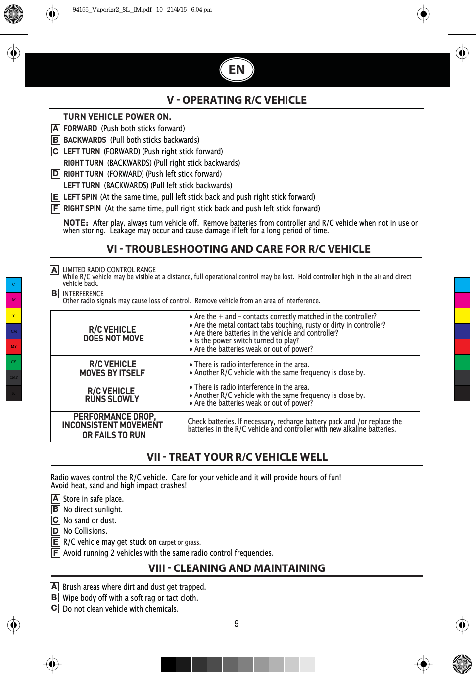 Radio waves control the R/C vehicle.  Care for your vehicle and it will provide hours of fun!Avoid heat, sand and high impact crashes!V  OPERATING R/C VEHICLEVI  TROUBLESHOOTING AND CARE FOR R/C VEHICLEVII  TREAT YOUR R/C VEHICLE WELLR/C VEHICLE• Are the + and – contacts correctly matched in the controller?• Are the metal contact tabs touching, rusty or dirty in controller?• Are there batteries in the vehicle and controller?• Is the power switch turned to play?• Are the batteries weak or out of power?R/C VEHICLEMOVES BY ITSELF• There is radio interference in the area.• Another R/C vehicle with the same frequency is close by.R/C VEHICLERUNS SLOWLY• There is radio interference in the area.• Another R/C vehicle with the same frequency is close by.• Are the batteries weak or out of power?PERFORMANCE DROP, INCONSISTENT MOVEMENT Check batteries. If necessary, recharge battery pack and /or replace the batteries in the R/C vehicle and controller with new alkaline batteries.VIII  CLEANING AND MAINTAINING9LIMITED RADIO CONTROL RANGEWhile R/C vehicle may be visible at a distance, full operational control may be lost.  Hold controller high in the air and direct vehicle back.INTERFERENCEOther radio signals may cause loss of control.  Remove vehicle from an area of interference.DOES NOT MOVEOR FAILS TO RUNENABTURN VEHICLE POWER ON.FORWARD  (Push both sticks forward)BACKWARDS  (Pull both sticks backwards)LEFT TURN(FORWARD) (Push right stick forward)RIGHT TURN(BACKWARDS) (Pull right stick backwards)RIGHT TURN(FORWARD) (Push left stick forward)LEFT TURN  (BACKWARDS) (Pull left stick backwards)LEFT SPIN(At the same time, pull left stick back and push right stick forward)RIGHT SPIN  (At the same time, pull right stick back and push left stick forward)NOTE:After play, always turn vehicle off.  Remove batteries from controller and R/C vehicle when not in use or when storing.  Leakage may occur and cause damage if left for a long period of time.ABCDEFStore in safe place.No direct sunlight.No sand or dust.No Collisions.R/C vehicle may get stuck on carpet or grass.Avoid running 2 vehicles with the same radio control frequencies. ABCDEFBrush areas where dirt and dust get trapped.Wipe body off with a soft rag or tact cloth.Do not clean vehicle with chemicals.  ABCCMYCMMYCYCMYK94155_Vaporizr2_8L_IM.pdf   10   21/4/15   6:04 pm