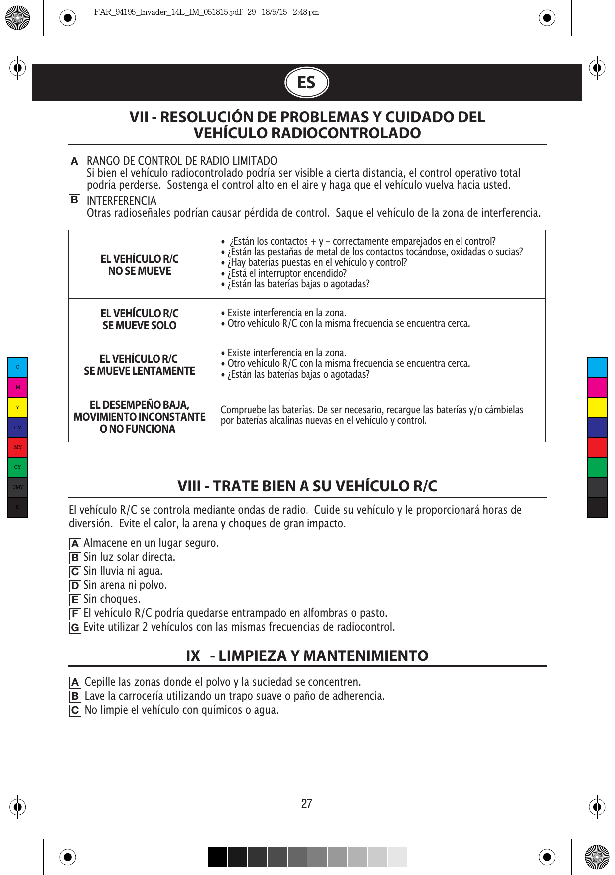 27ESVII - RESOLUCIÓN DE PROBLEMAS Y CUIDADO DELVEHÍCULO RADIOCONTROLADOABRANGO DE CONTROL DE RADIO LIMITADOSi bien el vehículo radiocontrolado podría ser visible a cierta distancia, el control operativo total podría perderse.  Sostenga el control alto en el aire y haga que el vehículo vuelva hacia usted.INTERFERENCIAOtras radioseñales podrían causar pérdida de control.  Saque el vehículo de la zona de interferencia.EL VEHÍCULO R/CNO SE MUEVEEL VEHÍCULO R/CSE MUEVE SOLOEL VEHÍCULO R/C SE MUEVE LENTAMENTEEL DESEMPEÑO BAJA,MOVIMIENTO INCONSTANTEO NO FUNCIONA  VIII - TRATE BIEN A SU VEHÍCULO R/CABCDEFGCepille las zonas donde el polvo y la suciedad se concentren.                                                                          Lave la carrocería utilizando un trapo suave o paño de adherencia.                                                                   No limpie el vehículo con químicos o agua.   ABCIX   - LIMPIEZA Y MANTENIMIENTOAlmacene en un lugar seguro.                                                            Sin luz solar directa.                                                         Sin lluvia ni agua.                                                                 Sin arena ni polvo.                                                         Sin choques.                                                            El vehículo R/C podría quedarse entrampado en alfombras o pasto.                                                               Evite utilizar 2 vehículos con las mismas frecuencias de radiocontrol.•  ¿Están los contactos + y - correctamente emparejados en el control?• ¿Están las pestañas de metal de los contactos tocándose, oxidadas o sucias?• ¿Hay baterías puestas en el vehículo y control?• ¿Está el interruptor encendido?• ¿Están las baterías bajas o agotadas?• Existe interferencia en la zona.• Otro vehículo R/C con la misma frecuencia se encuentra cerca.• Existe interferencia en la zona.• Otro vehículo R/C con la misma frecuencia se encuentra cerca.• ¿Están las baterías bajas o agotadas?Compruebe las baterías. De ser necesario, recargue las baterías y/o cámbielas por baterías alcalinas nuevas en el vehículo y control. El vehículo R/C se controla mediante ondas de radio.  Cuide su vehículo y le proporcionará horas de diversión.  Evite el calor, la arena y choques de gran impacto.CMYCMMYCYCMYKFAR_94195_Invader_14L_IM_051815.pdf   29   18/5/15   2:48 pm