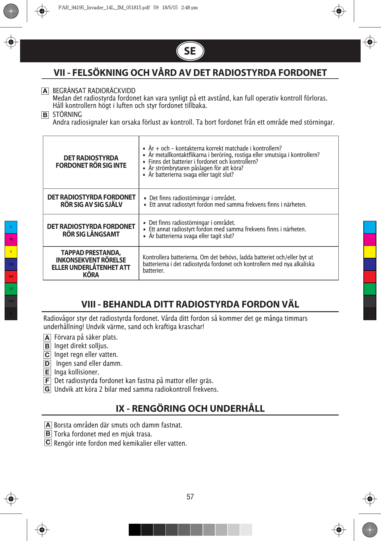57SEFörvara på säker plats.                                    Inget direkt solljus.                                           Inget regn eller vatten.                                       Ingen sand eller damm.                                      Inga kollisioner.                                                Det radiostyrda fordonet kan fastna på mattor eller gräs.                                                          Undvik att köra 2 bilar med samma radiokontroll frekvens.VII - FELSÖKNING OCH VÅRD AV DET RADIOSTYRDA FORDONETABBEGRÄNSAT RADIORÄCKVIDDMedan det radiostyrda fordonet kan vara synligt på ett avstånd, kan full operativ kontroll förloras. Håll kontrollern högt i luften och styr fordonet tillbaka.STÖRNINGAndra radiosignaler kan orsaka förlust av kontroll. Ta bort fordonet från ett område med störningar.VIII - BEHANDLA DITT RADIOSTYRDA FORDON VÄLABCDEFGBorsta områden där smuts och damm fastnat. Torka fordonet med en mjuk trasa.                  Rengör inte fordon med kemikalier eller vatten.ABCIX - RENGÖRING OCH UNDERHÅLLRadiovågor styr det radiostyrda fordonet. Vårda ditt fordon så kommer det ge många timmars underhållning! Undvik värme, sand och kraftiga kraschar! •  Är + och - kontakterna korrekt matchade i kontrollern?•  Är metallkontaktflikarna i beröring, rostiga eller smutsiga i kontrollern?•  Finns det batterier i fordonet och kontrollern?•  Är strömbrytaren påslagen för att köra?•  Är batterierna svaga eller tagit slut?•  Det finns radiostörningar i området.•  Ett annat radiostyrt fordon med samma frekvens finns i närheten.•  Det finns radiostörningar i området.•  Ett annat radiostyrt fordon med samma frekvens finns i närheten.•  Är batterierna svaga eller tagit slut?Kontrollera batterierna. Om det behövs, ladda batteriet och/eller byt ut batterierna i det radiostyrda fordonet och kontrollern med nya alkaliska batterier.DET RADIOSTYRDA FORDONET RÖR SIG INTEDET RADIOSTYRDA FORDONET RÖR SIG AV SIG SJÄLVDET RADIOSTYRDA FORDONET RÖR SIG LÅNGSAMTTAPPAD PRESTANDA, INKONSEKVENT RÖRELSEELLER UNDERLÅTENHET ATT KÖRACMYCMMYCYCMYKFAR_94195_Invader_14L_IM_051815.pdf   59   18/5/15   2:48 pm