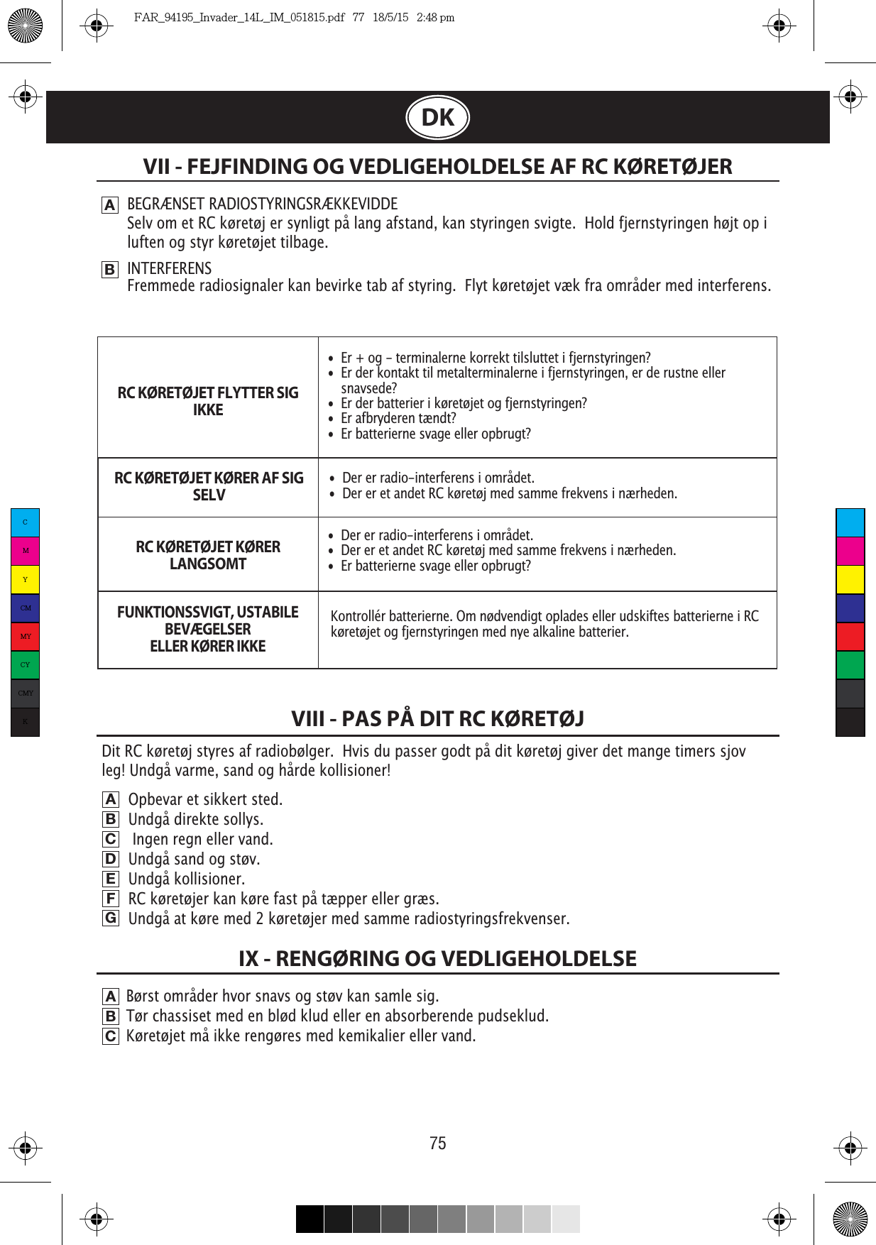 75DKVII - FEJFINDING OG VEDLIGEHOLDELSE AF RC KØRETØJERABSelv om et RC køretøj er synligt på lang afstand, kan styringen svigte.  Hold fjernstyringen højt op i luften og styr køretøjet tilbage.INTERFERENSFremmede radiosignaler kan bevirke tab af styring.  Flyt køretøjet væk fra områder med interferens.VIII - PAS PÅ DIT RC KØRETØJABCDEFGBørst områder hvor snavs og støv kan samle sig.                                                                      Tør chassiset med en blød klud eller en absorberende pudseklud.                                                Køretøjet må ikke rengøres med kemikalier eller vand.             ABCIX - RENGØRING OG VEDLIGEHOLDELSEOpbevar et sikkert sted.                                                            Undgå direkte sollys.                                                           Ingen regn eller vand.                                                                      Undgå sand og støv.                                                             Undgå kollisioner.                                                            RC køretøjer kan køre fast på tæpper eller græs.                                                                         Undgå at køre med 2 køretøjer med samme radiostyringsfrekvenser.•  Er + og - terminalerne korrekt tilsluttet i fjernstyringen?•  Er der kontakt til metalterminalerne i fjernstyringen, er de rustne eller     snavsede?•  Er der batterier i køretøjet og fjernstyringen?•  Er afbryderen tændt?•  Er batterierne svage eller opbrugt?•  Der er radio-interferens i området.•  Der er et andet RC køretøj med samme frekvens i nærheden.•  Der er radio-interferens i området.•  Der er et andet RC køretøj med samme frekvens i nærheden.•  Er batterierne svage eller opbrugt?Kontrollér batterierne. Om nødvendigt oplades eller udskiftes batterierne i RC køretøjet og fjernstyringen med nye alkaline batterier. Dit RC køretøj styres af radiobølger.  Hvis du passer godt på dit køretøj giver det mange timers sjov leg! Undgå varme, sand og hårde kollisioner!RC KØRETØJET FLYTTER SIG IKKERC KØRETØJET KØRER AF SIG SELVRC KØRETØJET KØRER LANGSOMTFUNKTIONSSVIGT, USTABILE BEVÆGELSERELLER KØRER IKKECMYCMMYCYCMYKFAR_94195_Invader_14L_IM_051815.pdf   77   18/5/15   2:48 pm