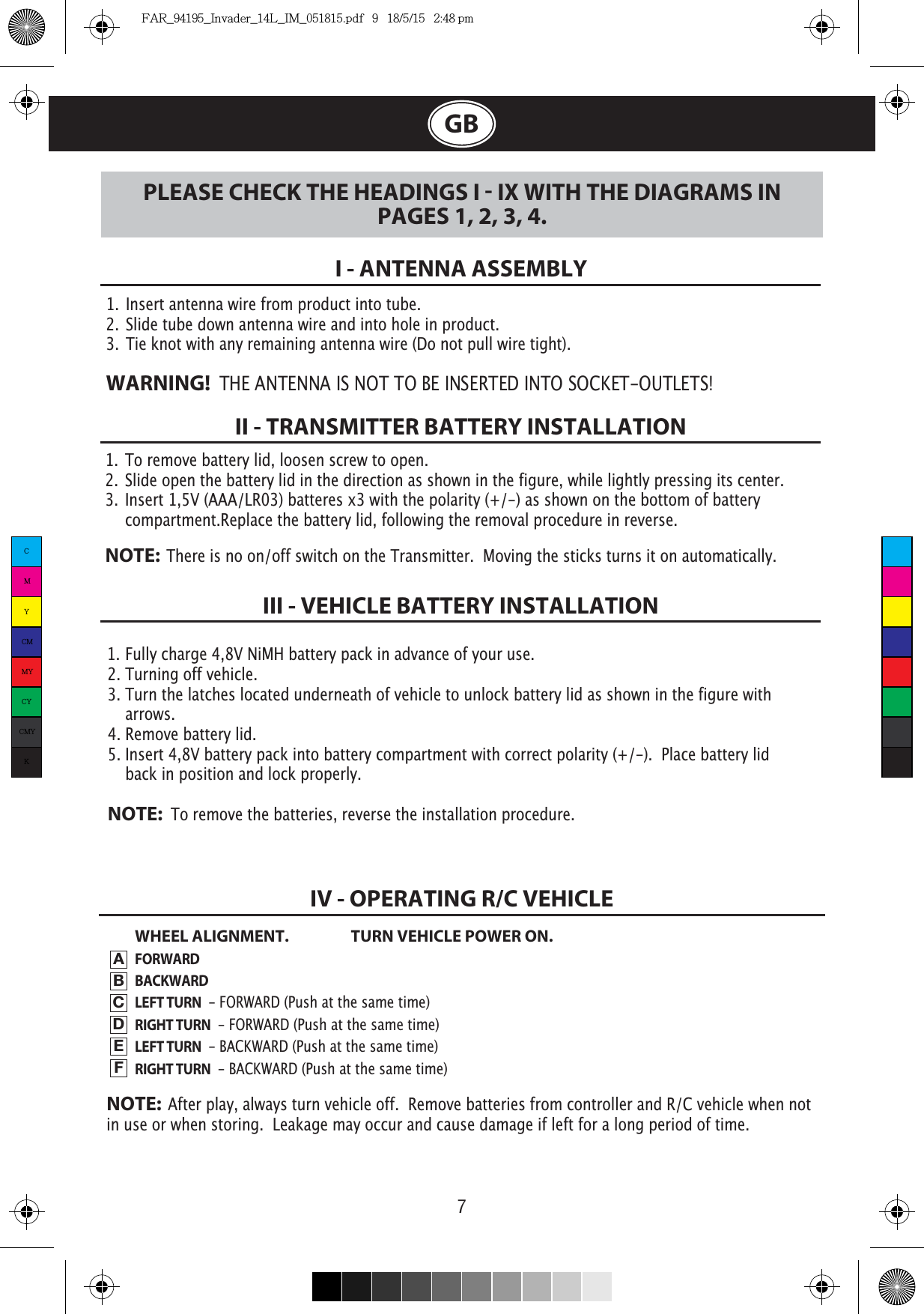 7GB1.  To remove battery lid, loosen screw to open. 2.  Slide open the battery lid in the direction as shown in the figure, while lightly pressing its center.3.  Insert 1,5V (AAA/LR03) batteres x3 with the polarity (+/-) as shown on the bottom of battery    compartment.Replace the battery lid, following the removal procedure in reverse.NOTE:  There is no on/off switch on the Transmitter.  Moving the sticks turns it on automatically.1.  Insert antenna wire from product into tube.2.  Slide tube down antenna wire and into hole in product.     3.  Tie knot with any remaining antenna wire (Do not pull wire tight).WARNING!  THE ANTENNA IS NOT TO BE INSERTED INTO SOCKET-OUTLETS!I - ANTENNA ASSEMBLYII - TRANSMITTER BATTERY INSTALLATIONWHEEL ALIGNMENT.  TURN VEHICLE POWER ON.FORWARDBACKWARDLEFT TURN  - FORWARD (Push at the same time)RIGHT TURN  - FORWARD (Push at the same time)LEFT TURN  - BACKWARD (Push at the same time)RIGHT TURN  - BACKWARD (Push at the same time)III - VEHICLE BATTERY INSTALLATIONPLEASE CHECK THE HEADINGS I  IX WITH THE DIAGRAMS IN PAGES 1, 2, 3, 4.IV - OPERATING R/C VEHICLEABCDEFNOTE:  After play, always turn vehicle off.  Remove batteries from controller and R/C vehicle when not in use or when storing.  Leakage may occur and cause damage if left for a long period of time.1. Fully charge 4,8V NiMH battery pack in advance of your use.2. Turning off vehicle.3. Turn the latches located underneath of vehicle to unlock battery lid as shown in the figure with   arrows.4. Remove battery lid.5. Insert 4,8V battery pack into battery compartment with correct polarity (+/-).  Place battery lid    back in position and lock properly.NOTE:  To remove the batteries, reverse the installation procedure.CMYCMMYCYCMYKFAR_94195_Invader_14L_IM_051815.pdf   9   18/5/15   2:48 pm