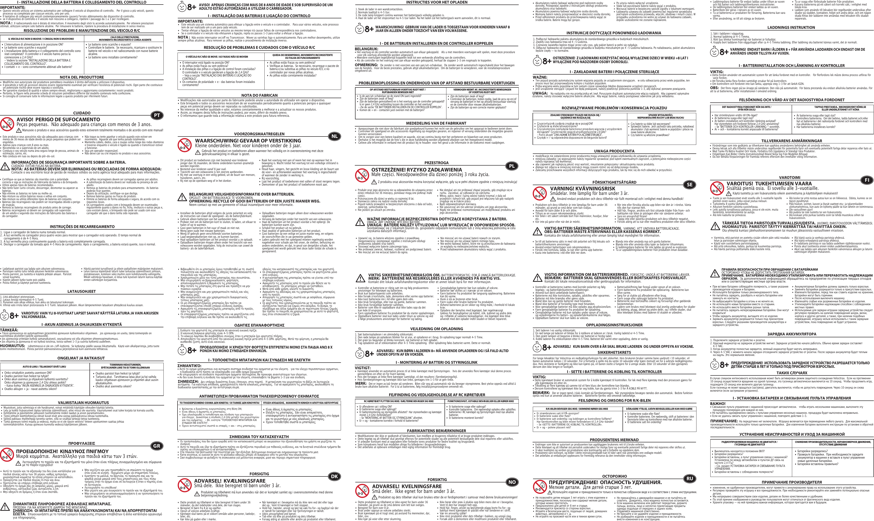 I - INSTALLAZIONE DELLA BATTERIA E COLLEGAMENTO DEL CONTROLLOIMPORTANTE:•  Questo veicolo utilizza un sistema automatico per collegare il veicolo al dispositivo di controllo.   Per il gioco a più veicoli, questo    processo va completato per ciascun veicolo, uno per uno. •  Il tentativo di collegare più veicoli contemporaneamente causerà l&apos;errato abbinamento dei dispositivi di controllo. •  se il dispositivo di controllo e il veicolo non riescono a collegarsi, ripetere i passaggi da 1 a 3 per ricollegare.  •  Le batterie sono scariche o esauste?•  Controllare le batterie.  Se necessario, ricaricare o sostituire le    batterie nel veicolo e nel radiocomando con nuove batterie   alcaline. •  Le batterie sono installate correttamente?•  L&apos;interruttore di alimentazione è in posizione ON?•  Le batterie sono scariche o esauste?•  L&apos;installazione della batteria e il collegamento del controllo sono    stati completati?  Il controller e il veicolo hanno perso la    connessione a 2,4 GHz?  - Vedere la sezione “INSTALLAZIONE DELLA BATTERIA E    COLLEGAMENTO DEL CONTROLLO”.•  I contatti + e - sono correttamente abbinati alle batterie? RISOLUZIONE DEI PROBLEMI E MANUTENZIONE DEL VEICOLO R/CIL VEICOLO R/C NON SI MUOVE / I CINGOLI NON SI MUOVONO CALO DELLE PRESTAZIONI, MOVIMENTO INCONSISTENTE O CORSA ASSENTENOTA DEL PRODUTTORENOTA :  Il radiocomando non è dotato di interruttore. Il movimento degli stick lo accende automaticamente.  Per ottenere prestazioni ottimali, utilizzare sempre solo batterie alcaline.  Per rimuovere le batterie, ripetere la procedura di installazione in senso inverso.•  Modifiche non autorizzate dal produttore potrebbero invalidare il diritto dell&apos;utente a utilizzare il dispositivo. •  Il giocattolo e tutti gli accessori devono essere regolarmente esaminati per verificare l&apos;esistenza di potenziali rischi. Ogni parte che costituisce    un potenziale rischio deve essere riparata o sostituita. •  Per garantire standard di qualità e valore sempre elevati, miglioriamo e aggiorniamo costantemente i nostri prodotti.•  Pertanto, le figure nella presente scheda di istruzioni potrebbero differire dal modello contenuto nella confezione.•  Si consiglia di conservare tutte le informazioni legate a questo prodotto per riferimenti futuri.RESOLUÇÃO DE PROBLEMAS E CUIDADOS COM O VEÍCULO R/CCUIDADO•  Este produto e seus acessórios não são adequados para crianças com    menos de 36 meses de idade devido às peças pequenas que podem ser   engolidas. •  Apenas para crianças com 8 anos ou mais.•  Recomenda-se a supervisão de um adulto.•  Conduza o seu veículo numa área segura longe de pessoa, animais de    estimação, carros, etc. •  Não conduza em ruas ou depois do pôr-do-sol.•  Não toque ou tente apanhar o veículo quando este estiver em    movimento.  Aguarde até que tenha parado totalmente.•  Mantenha cabelo, dedos, cara e roupas soltas longe das rodas dianteiras    e traseiras enquanto o veículo é ligado ou quando o transmissor estiver   a funcionar.•  Seja um operador responsável.•  Não deixe cair ou crie impacto no produto e seus acessórios.•  Certifique-se que as baterias são inseridas com a polaridade    correcta e siga as instruções do fabricante da bateria e do brinquedo.•  Utilize apenas tipos de baterias recomendados.•  Não tente fazer curto-circuito, descarregar, desmontar ou aquecer as   baterias. •  Não elimine as baterias no lume ou molhe-as.•  Não misture ou utilize baterias novas e velhas em conjunto.•  Não misture ou utilize diferentes tipos de baterias em conjunto.•  Baterias não recarregáveis não podem ser recarregadas devido a perigo    de erupção.•  Remova as baterias recarregáveis do produto antes de carregar. •  Baterias recarregáveis só devem ser carregadas sob supervisão    de um adulto e seguindo das instruções do fabricante das baterias e   do carregador. •  As pilhas recarregáveis devem ser carregadas apenas por adultos.•  A substituição da bateria deverá ser realizada na presença de um   adulto.•  Remova as baterias do produto para armazenamento.  As baterias    poderão ficar quentes.•  Depois da utilização, certifique-se que desliga. •  Remova baterias gastas ou fracas do produto.•  Elimine as baterias de forma adequada e segura, de acordo com os    requisitos locais.•  Os carregadores usados com o brinquedo devem ser examinados    regularmente quanto a danos no fio, ficha, invólucro e outras peças e,    caso existam danos, o brinquedo não pode ser usado com esse    carregador até que o dano tenha sido reparado.O VEÍCULO R/C NÃO SE MOVE / AS FAIXAS NÃO SE MOVEM QUEDA DE DESEMPENHO, MOVIMENTO INCONSISTENTE OU FALHA DE FUNCIONAMENTO NOTA DO FABRICANAVISO!  PERIGO DE SUFOCAMENTOPeças pequenas.  Não adequado para crianças com menos de 3 anos.INFORMAÇÕES DE SEGURANÇA IMPORTANTE SOBRE A BATERIA. CUIDADO: EVITAR FUGAS NA BATERIA.NOTA:  AS BATERIAS DEVEM SER ELIMINADAS OU RECICLADAS DE FORMA ADEQUADA:   Contacte o seu escritório local de gestão de resíduos sólidos ou outra agência local adequado para mais informações.NOTA :  Não existe interruptor on/off no Transmissor.  Mover as varinhas liga-o automaticamente. Para um melhor desempenho, utilize sempre pilhas alcalinas.  Para remover as pilhas, realize o procedimento de instalação inverso.•  Modificações não autorizadas por parte do fabricante poderão anular a autoridade do utilizador em operar o dispositivo.•  Este brinquedo e todos os acessórios necessitam de ser examinados periodicamente quanto a potenciais perigos e quaisquer    peças em potencial perigo devem ser reparadas ou substituídas.•  No interesse da melhor qualidade e valor, estamos constantemente a melhorar e a actualizar os nossos produtos.•  Assim, as imagens desta folha de instruções poderá, por vezes, diferir do modelo anexo.•  O informamos que guarde toda a informação relativa a este produto para futura referencia.PTManuseie o produto e seus acessórios quando estes estiverem totalmente montados e de acordo com este manual!I - INSTALAÇÃO DAS BATERIAS E LIGAÇÃO DO CONTROLO IMPORTANTE:•  Este veículo usa um sistema automático para efetuar a ligação entre o veículo e o controlador.   Para usar vários veículos, este processo    tem de ser realizado um a um para cada veículo.  •  Tentar efetuar a ligação de vários veículos ao mesmo tempo irá causar falhas de correspondência nos controladores.  •  Se o controlador e o veículo não efetuarem a ligação, repita os passos 1-3 para voltar a efetuar a ligação.  •  As pilhas estão fracas ou sem potência?•  Verifique as baterias.  Se necessário, recarregue o pacote de    bateria e/ou substitua as pilhas no veículo R/C e no      controlador por novas pilhas alcalinas.•  As pilhas estão corretamente instaladas? •  O interruptor está ligado na posição ON?•  As pilhas estão fracas ou sem potência?•  A instalação das pilhas e a ligação de control foram concluídas?   O controlador e o veículo perderam a ligação de 2,4 GHz?  - Veja a secção “INSTALAÇÃO DAS BATERIAS E LIGAÇÃO DO   CONTROLO”.•  Os contactos de polaridade + e – das baterias foram instalados   corretamente? AVISO!  APENAS CRIANÇAS COM MAIS DE 8 ANOS DE IDADE E SOB SUPERVISÃO DE UM ADULTO ESTÃO AUTORIZADAS A UTILIZAR O CARREGADOR. INSTRUÇÕES DE RECARREGAMENTOI - DE BATTERIJEN INSTALLEREN EN DE CONTROLLER KOPPELENBELANGRIJK:• Het voertuig en de controller worden automatisch aan elkaar gekoppeld.   Als u met meerdere voertuigen wilt spelen, moet deze procedure    voor elk voertuig afzonderlijk worden uitgevoerd. • Meerdere voertuigen tegelijkertijd koppelen leidt tot een verkeerde afstelling van de controllers. • Als de controller en het voertuig niet aan elkaar worden gekoppeld, herhaal de stappen 1-3 om nogmaals te koppelen.  •  Zijn de batterijen zwak of leeg?•  Controleer de batterijen. Indien nodig, laad de accu op en/of    vervang de batterijen in het op afstand bestuurbaar voertuig    en de controller door nieuwe alkalinebatterijen.•  Zijn de batterijen op een correcte manier geplaatst?•  Is de aan/uit-schakelaar op de stand ON (aan) ingesteld?•  Zijn de batterijen zwak of leeg?•  Zijn de batterijen geïnstalleerd en is het voertuig aan de controller gekoppeld?  Is er geen 2,4 Ghz verbinding tussen de controller en het voertuig?  - Zie de sectie “DE BATTERIJEN INSTALLEREN EN DE CONTROLLER KOPPELEN”.•  Komen de + en - contacten juist overeen met de batterijen?PROBLEEMOPLOSSING EN ONDERHOUD VAN OP AFSTAND BESTUURBARE VOERTUIGENVOORZORGSMAATREGELEN•  Dit product en toebehoren zijn niet bestemd voor kinderen    jonger dan 36 maanden, de kleine onderdelen kunnen qnamelijk    worden ingeslikt.•  Bestemd voor kinderen vanaf 8 jaar oud.•  Toezicht van een volwassene is ten zeerste aanbevolen.•  Rij met uw voertuig in een veilig gebied, uit de buurt van  mensen,    huisdieren, auto&apos;s, etc.•  Rij niet op de openbare weg of in het donker.•  Raak het voertuig niet aan of neem het niet op wanneer het in    beweging is. Wacht totdat het voertuig tot een volledige stilstand is   gekomen.•  Houd haar, vingers, het gezicht en losse kleding uit de buurt van    de voor- en achterwielen wanneer het voertuig is ingeschakeld    of wanneer de zender in werking is.•  Rij voorzichtig.•  Laat het product of toebehoren niet vallen of stoot nergens tegen.•  Demonteer of pas het product of toebehoren nooit aan.•  Installeer de batterijen altijd volgens de juiste polariteit en volg    de instructies van zowel de speelgoed- als de batterijfabrikant.•  Gebruik alleen batterijen van het aanbevolen type.•  Probeer niet om de batterijen kort te sluiten, te laden, uit elkaar te    halen of op te warmen. •  Gooi geen batterijen in het vuur of maak ze niet nat.•  Meng geen oude met nieuwe batterijen.•  Meng of gebruik geen verschillende soorten batterijen.•  Laad wegwerpbatterijen niet op, ze kunnen barsten.•  Haal oplaadbare batterijen uit het product voordat u ze oplaadt. •  Oplaadbare batterijen mogen alleen onder het toezicht van een    volwassene worden opgeladen. Volg de instructies van zowel de    batterij- als de laderfabrikant.•  Oplaadbare batterijen mogen alleen door volwassenen worden   opgeladen.•  Vervang de batterijen onder het toezicht van een volwassene.•  Haal de batterijen uit het product voordat u het opbergt. De    batterijen kunnen warm zijn.•  Schakel het product uit na gebruik. •  Haal zwakke of gebruikte batterijen uit het product.•  Gooi batterijen op een veilige en juiste manier weg, en volgens    de voorschriften die in uw gemeente gelden.•  Laders gebruikt met het speelgoed moeten regelmatig worden    nagekeken voor schade aan het snoer, de stekker, behuizing en    andere onderdelen, en dat, in geval van dergelijke schade, het    speelgoed niet wordt gebruikt met deze lader totdat de schade is   gerepareerd.OP AFSTAND BESTUURBAAR VOERTUIG RIJDT NIET / RUPSBANDEN BEWEGEN NIET VERMOGEN NEEMT AF, INCONSISTENTE BEWEGINGENOF VOERTUIG RIJDT NIET MEDEDELING VAN DE FABRIKANTWAARSCHUWING! GEVAAR OP VERSTIKKINGKleine onderdelen. Niet voor kinderen onder de 3 jaar.BELANGRIJKE VEILIGHEIDSINFORMATIE OVER BATTERIJEN.OPGELET: OM BATTERIJLEKKAGE TE VOORKOMEN.OPMERKING: RECYCLE OF GOOI BATTERIJEN OP EEN JUISTE MANIER WEG.  Neem contact op met uw gemeente of lokaal inzamelpunt voor meer informatie.OPMERKING:   De zender is niet voorzien van een aan/uit-schakelaar.  De zender wordt automatisch ingeschakeld door het bewegen van de hendels.  Voor de beste prestaties, gebruik altijd alkalinebatterijen.  Om de batterijen te verwijderen, voer de installatieprocedure omgekeerd uit.•  Aanpassingen die niet door de fabrikant zijn goedgekeurd kunnen het recht van de gebruiker om het apparaat te bedienen teniet doen.•  Controleer dit speelgoed en alle accessoires regelmatig op mogelijke gevaren, en repareer of vervang onderdelen die mogelijke gevaren    kunnen veroorzaken.•  Om te zorgen voor een betere kwaliteit en waarde, zijn we continu bezig met het verbeteren en bijwerken van onze producten.•  Derhalve is het mogelijk dat de fotoʼs die in deze handleiding worden afgebeeld afwijken van het meegeleverd model.•  Gelieve alle informatie in verband met dit product bij te houden  voor het geval u de informatie in de toekomst moet raadplegen.NLGebruik het product en toebehoren alleen wanneer het volledig en in overeensteming met deze gebruiksaanwijzing in elkaar is gezet.WAARSCHUWING!  GEBRUIK VAN DE LADER IS TOEGESTAAN VOOR KINDEREN VANAF 8 JAAR EN ALLEEN ONDER TOEZICHT VAN EEN VOLWASSENE.INSTRUCTIES VOOR HET OPLADENI - ZAKŁADANIE BATERII I POŁĄCZENIE STERUJĄCEWAŻNE:•  Ten pojazd posiada automatyczny system wiązania pojazdu ze urządzeniem sterującym.   w celu odtwarzania przez wiele pojazdów, ten    proces musi być przeprowadzony kolejno z każdym pojazdem.•  Próba wiązania wielu pojazdów w tym samym czasie spowoduje błędne dopasowanie urządzeń sterujących.•  Jeśli urządzenie sterujące i pojazd nie będą powiązane, należy powtórzyć polecenia punktów 1–3, aby wykonać ponowne powiązanie. •  Czy baterie są słabe lub wyczerpane?•  Sprawdzić baterie.  Jeśli zachodzi taka potrzeba, naładować    akumulator i/lub wymienić baterie w pojeździe i pilocie na    nowe baterie alkaliczne.•  Czy baterie są włożone prawidłowo?•   Cz y p rz e ł ą cznik z a sila n ia  z n a jduje  się  w  p o z ycji O N?•   Cz y b a t e rie  są  sł a b e  lu b w ycz e rpa n e ?•  Czy zakończono zakłądanie baterii oraz procedurę wiązania z urządzeniem    st e ru ją cym?   Cz y st e row nik  i p o ja z d u t r a cił y p oł ą cz e nie  2,4  GHz ?  -  P a tr z  a k a p it  &quot; Z AKŁ ADANIE  B ATER II I P O Ł ĄCZ ENIE STERUJĄCE&quot; .•   Cz y st yk i +  i – są  o dpo w ie dn io  d opa so w a ne  d o  bie gun ó w  ba t e rii?ROZWIĄZYWANIE PROBLEMÓW I KONSERWACJA POJAZDUPRZESTROGA•  Produkt oraz jego akcesoria nie są odpowiednie do używania przez    dzieci młodsze niż 36 miesięcy, ponieważ mogą one połknąć małe    części.•  Przeznaczone dla dzieci w wieku co najmniej 8 lat.•  Stanowczo zaleca się nadzór osoby dorosłej.•  Pojazd należy prowadzić w bezpiecznym otoczeniu z dala od ludzi,    zwierząt, samochodów itp.•  Nie jeździć po ulicach po zmroku.•  Nie dotykać ani nie próbować złapać pojazdu, gdy znajduje się w    ruchu.  Zaczekać, aż całkowicie się zatrzyma.•  Włosy, palce, twarz i luźną odzież należy trzymać z dala od    przednich i tylnych kół, gdy pojazd jest włączony lub gdy nadajnik    znajduje się w trakcie pracy.•  Bądź odpowiedzialnym kierowcą.•  Nie upuszczać ani nie uderzać produktu ani jego akcesoriów.•  Nigdy nie próbować rozmontowywać ani modyfikować produktu ani    jego akcesoriów.•  Upewnić się, że baterie włożono zgodnie z prawidłową  biegunowością i postępować zgodnie z instrukcjami obsługi    producenta zabawki oraz baterii.•  Stosować wyłącznie baterie zalecanego typu.•  Nie próbować zwierać, ładować, rozbierać ani podgrzewać baterii. •  Nie moczyć ani nie wrzucać baterii do ognia.•  Nie mieszać ani nie używać baterii nowych ze starymi.•  Nie mieszać ani nie używać baterii różnego typu.•  Nie wolno ładować baterii, które nie są przeznaczone do ładowania    ze względu na niebezpieczeństwo wybuchu.•  Przed naładowaniem akumulatory należy wyjąć z produktu. ZDALNIE STEROWANY POJAZD NIE RUSZA SIĘ /GĄSIENICE NIE RUSZAJĄ SIĘ SPADEK WYDAJNOŚCI, NIEPRAWIDŁOWE RUCHY LUB BRAK RUCHU UWAGA PRODUCENTAOSTRZEŻENIE! RYZYKO ZADŁAWIENIAMałe części. Nieodpowiednie dla dzieci poniżej 3 roku życia.WAŻNE INFORMACJE BEZPIECZEŃSTWA DOTYCZĄCE KORZYSTANIA Z BATERII.   UWAGA: ABY UNIKNĄĆ WYCIEKU BATERII.UWAGA:  BATERIE NALEŻY UTYLIZOWAĆ LUB WYRZUCAĆ W ODPOWIEDNI SPOSÓB.   Skontaktować się z lokalnym biurem ds. gospodarki odpadami komunalnymi lub z inną właściwą jednostką w celu uzyskania dalszych informacji.UWAGA:    Na nadajniku nie ma przełącznika wł./wył. Poruszanie drążkami automatycznie włącza nadajnik.  Aby zapewnić optymalne działanie, należy stosować wyłącznie baterie alkaliczne.  Aby wyjąć baterie, należy postępować odwrotnie jak przy wkładaniu.•  modyfikacje nie zatwierdzone przez producenta mogą unieważnić prawa użytkownika do używania urządzenia.•  niniejszą zabawkę i jej wyposażenie należy regularnie sprawdzać pod kątem ewentualnych zagrożeń, a potencjalnie niebezpieczne części    należy naprawiać lub wymieniać. •  aby zapewnić jak najlepszą jakość oraz wartość, nieustannie polepszamy i aktualizujemy nasze produkty.•  dlatego też zdjęcia w niniejszej instrukcji mogą czasem różnić się od dołączonego modelu.•  Zalecamy przechowanie wszystkich informacji dotyczących tego produktu, tak by móc się do nich odwołać w przyszłości.PLZ produktu oraz akcesoriów można korzystać wyłącznie, gdy są w pełni złożone zgodnie z niniejszą instrukcją!OSTRZEŻENIE!  Z ŁADOWARKI KORZYSTAĆ MOGĄ WYŁĄCZNIE DZIECI W WIEKU +8 LAT I WYŁĄCZNIE POD NADZOREM OSOBY DOROSŁEJ.INSTRUKCJE DOTYCZĄCE PONOWNEGO ŁADOWANIA I - BATTERIINSTALLATION OCH LÄNKNING AV KONTROLLERVIKTIG:• Detta fordon använder ett automatiskt system för att länka fordonet med en kontroller.   för flerfordons lek måste denna process utföras för    varje fordon.• Att försöka länka flera fordon samtidigt orsakar fel på kontrollern.• Om kontrollern och fordonet inte kan länka, upprepa steg 1-3 för att länkA IGEN.•  Är batterierna svaga eller tagit slut?•  Kontrollera batterierna.  Om det behövs, ladda batteriet och/eller    byt ut batterierna i det radiostyrda fordonet och kontrollern med    nya alkaliska batterier.   •  Har batterierna installerats korrekt?         •  Har strömbrytaren vridits till ON-läget?                      •  Är batterierna svaga eller tagit slut?                          •  Är batteri-installation och kontroller-länkning avslutad?  Har styrenheten och fordonet förlorat 2,4 GHz-anslutning?  - Se &quot;BATTERIER OCH KONTROLLER-LÄNKNING-&quot;-avsnittet.•  Är + och - kontakterna korrekt anpassade till batterierna?FELSÖKNING OCH VÅRD AV DET RADIOSTYRDA FORDONETFÖRSIKTIGHETSÅTGÄRD•  Produkten och dess tillbehör är inte lämpliga för barn under 36    månader, på grund av små delar som kan sväljas.•  Avsedd för barn ålder 8 år och äldre.•  Tillsyn av en vuxen rekommenderas starkt.•  Kör bilen i ett säkert område bort från människor, husdjur, bilar   etc.•  Kör inte på gator eller när det är mörkt.•  Rör inte eller försöka plocka upp bilen när den är i rörelse. Vänta    tills den har stannat helt.•  Håll hår, fingrar, ansikte och löst sittande kläder från fram- och    bakhjulen när bilen är påslagen eller när sändaren arbetar.•  Vara en ansvarsfull förare!•  Tappa inte eller påverka produkten och dess tillbehör negativt.•  Försök aldrig att ta isär eller modifiera produkten eller dess tillbehör.•  Se till att batterierna sätts in med rätt polaritet och följ leksaks och    batteritillverkarens anvisningar.•  Använd endast batteritypen som rekommenderas.•  Försök inte kortsluta, ladda, ta isär eller värma upp batterier.•  Kasta inte batterierna i eld eller blöt ner dom.•  Blanda inte eller använda nya och gamla batterier.•  Blanda inte eller använda olika typer av batterier tillsammans.•  Ej laddningsbara batterier får inte laddas på grund av explosion.•  Ta ur uppladdningsbara batterier från produkten innan duladdar.DET RADIOSTYRDA FORDONET RÖR SIG INTE /SPÅR RÖR SIG EJ TAPPAD PRESTANDA,  INKONSEKVENT RÖRELSE ELLER UNDERLÅTENHET ATT KÖRATILLVERKARENS ANMÄRKNINGARVARNING! KVÄVNINGSRISKSmådelar. Inte lämplig för barn under 3 år.VIKTIG BATTERI SÄKERHETSINFORMATION.  VARNING: ATT UNDVIKA BATTERILÄCKAGE.OBS: BATTERIER MÅSTE ÅTERVINNAS ELLER KASSERAS KORREKT.   Kontakta din lokala avfallshantering eller annan lämplig lokal myndighet för information.OBS:   Det finns ingen på/av-knapp på sändaren. Den slås på automatiskt.  För bästa prestanda ska endast alkaliska batterier användas. För att ta ut batterierna, utför installationen I omvänd ordning.•  Förändringar som inte godkänts av tillverkaren kan upphäva användarens behörighet att använda enheten.•  Denna leksak och alla tillbehör måste undersökas regelbundet för potentiella faror och eventuella potentiellt farliga delar repareras eller byts ut.•  Med Tanke På Bättre Kvalitet Och Värde, Förbättra Och Uppdatera Vi Ständigt Våra Produkter.•  Följaktligen Kan Bilder I Detta Instruktionsblad Ibland Skilja Sig Från Modellen Bifogad.•  Du bör behålla förpackningen för framtida referens eftersom den innehåller viktig information.SEAnvänd endast produkten och dess tillbehör när fullt monterad och i enlighet med denna handbok!VARNING!  ENDAST BARN I ÅLDERN 8 + FÅR ANVÄNDA LADDAREN OCH ENDAST OM DE ANVÄNDS UNDER TILLSYN AV VUXEN.LADDNINGS INSTRUKTION I -AKUN ASENNUS JA OHJAUKSEN KYTKENTÄTÄRKEÄÄ:  • Tässä ajoneuvossa on automaattinen järjestelmä ajoneuvon kytkemiseksi ohjaimeen.   jos ajoneuvoja on useita, tämä toimenpide on   suoritettava yksitellen kaikille ajoneuvoille.• Jos ajoneuvoja yritetään kytkeä samanaikaisesti, seurauksena voi olla ohjaimien yhteensopimattomuus.• Jos ohjainta ja ajoneuvoa ei voi kytkeä toisiinsa, toista vaiheet 1-3 ja suorita kytkentä uudelleen. •  Ovatko paristot liian heikot tai tyhjät?•  Tarkasta akut.  Tarvittaessa lataa akut ja/tai vaihda    kauko-ohjattavan ajoneuvon ja ohjaimen akut uusiin   alkaliakkuihin.•  Ovatko akut asennettu oikein?•  Onko virtakytkin asetettu asentoon ON?•  Ovatko paristot liian heikot tai tyhjät?•  Onko akun asennus ja ohjauksen kytkentä suoritettu?  Onko ohjaimen ja ajoneuvon 2,4 Ghz yhteys poikki?      - Katso kohta “AKUN ASENNUS JA OHJAUKSEN KYTKENTÄ”.•  Ovatko akkujen + ja – navat asetettu oikein?ONGELMAT JA RATKAISUTVAROTOIMI•  Tuote ja sen lisävarusteet eivät sovellu alle 3-vuotiaille lapsille    pienten osien vuoksi, jotka voivat joutua nieluun.•  Tarkoitettu 8 vuotta täyttäneille.•  Aikuisen henkilön valvonta suositeltavaa.•  Leiki autolla turvallisessa paikassa, jossa ei ole esim. muita    henkilöitä, lemmikkieläimiä tai autoja. •  Älä leiki kaduilla tai pimeässä.•  Älä koske tai yritä nostaa autoa kun se on liikkeessä.  Odota, kunnes se on    täysin pysähtynyt.•  Pidä hiukset, sormet, kasvot ja löysät vaatteet etu- ja takarenkaiden      ulottumattomissa, kun auto on kytketty päälle tai kun lähetin on toiminnassa.•  Ole vastuullinen ajuri!•  Älä pudota tai iske tuotetta tai sen lisävarusteita.•  Älä koskaan yritä purkaa tuotetta osiin tai tehdä muutoksia siihen tai     lisävarusteisiin.•  Varmista, että paristot on asetettu sisään oikein päin sekä noudata    lelun ja paristojen valmistajan ohjeita.•  Käytä vain suositeltavia paristotyyppejä.•  Älä yritä oikosulkea, ladata, purkaa tai kuumentaa paristoja. •  Älä hävitä paristoja polttamalla äläkä kastele niitä.AUTO EI LIIKU / TELAKISKOT EIVÄT LIIKU TOIMINNAN HIDASTUMINEN, EPÄTASAINEN LIIKE TAI EI TOIMI OLLENKAAN VALMISTAJAN HUOMAUTUSVAROITUS!  TUKEHTUMISEN VAARASisältää pieniä osia.  Ei sovellu alle 3-vuotiaille.HUOMAUTUS:    Lähettimessä ei ole on-/off-kytkintä.  Se kytkeytyy päälle sauvaa liikuttamalla.  Käytä vain alkaliparistoja, jotta tuote toimii moitteettomasti.  Poista paristot päinvastaisessa järjestyksessä kuin asennusta tehtäessä.•  Muutokset, joita valmistaja ei ole hyväksynyt, voivat mitätöidä käyttäjän oikeuden käyttää laitetta.•  Lelu ja kaikki lisävarusteet täytyy tarkistaa säännöllisesti, ettei niissä ole vaurioita. Vaurioituneet osat tulee korjata tai korvata uusilla.•  Kehitämme ja päivitämme jatkuvasti tuotteitamme niiden laadun ja arvon parantamiseksi.•  Tästä johtuen käyttöohjeessa olevat kuvat eivät aina vastaa pakkauksessa olevaa tuotemallia.•  Säilytä pakkaus myöhempää tarvetta varten, sillä se sisältää tärkeää tietoa tuotteesta.•  Tämä ajoneuvo toimii maalla ja vedessä, mutta se ei ole täysin veitiivis! Veteen upottaminen saattaa johtaa        toimintahäiriöihin. Kuivaa ajoneuvo kunnolla vedessä käyttämisen jälkeen.FIKäytä tuotetta ja sen lisävarusteita oikein asennettuina ja käyttöohjeen mukaisesti!•  Älä käytä uusia ja vanhoja paristoja yhdessä.•  Älä käytä erityyppisiä paristoja yhdessä.•  Ei-ladattavia paristoja ei saa ladata uudelleen räjähdysvaaran vuoksi.•  Poista akut tuotteesta ennen niiden uudelleenlataamista. •  Akut saa ladata vain aikuisen henkilön valvonnassa akkujen ja laturin    valmistajan ohjeiden mukaisesti.VAROITUS! VAIN YLI 8-VUOTIAAT LAPSET SAAVAT KÄYTTÄÄ LATURIA JA VAIN AIKUISEN VALVONNASSA.LATAUSOHJEET 1. Liitä akkulaturi pistorasiaan. 2. Lataus kestää normaalisti 4-5 Tunti.  3. Punainen valo alkaa vilkkua, kun akku on latautunut kokonaan.4. Vihreä valo irrota laturi pistorasiasta 4-5 Tunti. latauksen jälkeen. Akun lämpeneminen latauksen yhteydessä kuuluu asiaan.I - ΤΟΠΟΘΕΤΗΣΗ ΜΠΑΤΑΡΙΩΝ ΚΑΙ ΣΥΝΔΕΣΗ ΜΕ ΕΛΕΓΚΤΗΣΗΜΑΝΤΙΚΌ: • Αυτό το οχημα χρησιμοποιει ενα αυτοματο συστημα συνδεσησ του οχηματοσ με τον ελεγκτη.   για τον ελεγχο περισσοτερων οχηματων,    η διαδικασια αυτή πρεπει να ολοκληρωθει για κάθε οχημα ξεχωριστα.• Αν επιχειρησετε να συνδεσετε περισσοτερα οχηματα ταυτοχρονα, θα προκυψει αναντιστοιχια των ελεγκτων.• Αν δεν ειναι δυνατη η συνδεση του οχηματοσ με τον ελεγκτη, επαναλαβετε τα βηματα 1-3 για νεα συνδεση.•  Είναι άδειες ή άχρηστες οι μπαταρίες;•  Ελέγξτε τις μπαταρίες.  Εάν είναι απαραίτητο,      επαναφορτίστε ή αντικαταστήστε τις μπαταρίες στο όχημα    και το χειριστήριο με νέες αλκαλικές μπαταρίες.•  Έχουν τοποθετηθεί σωστά οι μπαταρίες;•  Βρίσκεται ο διακόπτης ενεργοποίησης στη θέση ON;•  Είναι άδειες ή άχρηστες οι μπαταρίες;•  Έχει ολοκληρωθεί η τοποθέτηση και σύνδεση των μπαταριών    για έλεγχο;  Διακόπηκε η σύνδεση 2,4 GHz μεταξύ του χειριστηρίου    και του οχήματος;   - Βλ. ενότητα &quot;ΤΟΠΟΘΕΤΗΣΗ ΜΠΑΤΑΡΙΩΝ ΚΑΙ    ΣΥΝΔΕΣΗ ΜΕ ΕΛΕΓΚΤΗ&quot;.•  Έχουν αντιστοιχιστεί σωστά οι επαφές + και - στις μπαταρίες;ΑΝΤΙΜΕΤΩΠΙΣΗ ΠΡΟΒΛΗΜΑΤΩΝ ΤΗΛΕΧΕΙΡΙΖΟΜΕΝΟΥ ΟΧΗΜΑΤΟΣΠΡΟΦΥΛΑΞΕΙΣ•  Αυτό το προϊόν και τα αξεσουάρ του δεν είναι κατάλληλα για    παιδιά ηλικίας κάτω των 36 μηνών, καθώς εμπεριέχει     μικροσκοπικά κομμάτια τα οποία μπορούν να καταποθούν.•  Προορίζεται για παιδιά ηλικίας 8 ετών και άνω.•  Προτείνεται να υπάρχει επίβλεψη από ενήλικα.•  Οδηγήστε το όχημά σας σε ασφαλές μέρος, μακριά από    ανθρώπους, κατοικίδια ζώα, αυτοκίνητα, κ.λπ.•  Μην οδηγείτε σε δρόμους ή όταν είναι σκοτάδι.•  Μην αγγίζετε και μην προσπαθείτε να σηκώσετε το όχημα    όταν είναι σε κίνηση.  Περιμένετε μέχρι να σταματήσει τελείως.•  Κρατήστε τα μαλλιά, τα δάχτυλα, το πρόσωπό σας και τα    φαρδιά ρούχα μακριά από τους μπροστινούς και τους πίσω    τροχούς όταν το όχημα είναι σε λειτουργία ή όταν ο πομπός είναι    σε λειτουργία.•  Λειτουργήστε το υπεύθυνα!•  Μην ρίχνετε και μην συγκρούετε το προϊόν και τα εξαρτήματά του.•  Μην επιχειρήσετε να αποσυναρμολογήσετε ή να τροποποιήσετε το    προϊόν και τα εξαρτήματά του.•  Βεβαιωθείτε ότι οι μπαταρίες έχουν τοποθετηθεί με τη  σωστή    πολικότητα και ακολουθήστε τις οδηγίες του κατασκευαστή του    παιχνιδιού και της μπαταρίας.•  Χρησιμοποιείτε μόνο τον τύπο μπαταρίας που συνιστάται.•  Μην επιχειρήσετε να βραχυκυκλώσετε, φορτίσετε,      αποσυναρμολογήσετε ή θερμάνετε τις μπαταρίες. •  Μην πετάτε τις μπαταρίες στη φωτιά και προσέξτε να μην    πιάσουν υγρασία•  Μην αναμειγνύετε και μην χρησιμοποιείτε παλιές και νέες    μπαταρίες μαζί.•  Μην αναμειγνύετε και μην χρησιμοποιείτε διαφορετικούς    τύπους μπαταρίας μαζί.•  Οι μη επαναφορτιζόμενες μπαταρίες δεν πρέπει να      επαναφορτίζονται επειδή υπάρχει κίνδυνος έκρηξης.•  Αφαιρέστε τις επαναφορτιζόμενες μπαταρίες από το προϊόν,    πριν τις φορτίσετε. •  Οι επαναφορτιζόμενες μπαταρίες πρέπει να φορτίζονται υπό    την επίβλεψη ενηλίκου και θα πρέπει να ακολουθείτε τις  ΤΟ ΤΗΛΕΧΕΙΡΙΖΟΜΕΝΟ ΟΧΗΜΑ ΔΕΝ ΚΙΝΕΙΤΑΙ / ΟΙ ΤΑΙΝΙΕΣ ΔΕΝ ΚΙΝΟΥΝΤΑΙ ΠΤΩΣΗ ΑΠΟΔΟΣΗΣ,  ΑΚΑΝΟΝΙΣΤΗ ΚΙΝΗΣΗ Η ΑΠΟΤΥΧΙΑ ΛΕΙΤΟΥΡΓΙΑΣ  ΣΗΜΕΙΩΜΑ ΤΟΥ ΚΑΤΑΣΚΕΥΑΣΤΗΠΡΟΕΙΔΟΠΟΙΗΣΗ!  ΚΙΝΔΥΝΟΣ ΠΝΙΓΜΟΥ Μικρά κομμάτια.  Ακατάλληλο για παιδιά κάτω των 3 ετών.ΣΗΜΑΝΤΙΚΕΣ ΠΛΗΡΟΦΟΡΙΕΣ ΑΣΦΑΛΕΙΑΣ ΜΠΑΤΑΡΙΑΣ.ΠΡΟΣΟΧΗ: ΓΙΑ ΝΑ ΑΠΟΦΥΓΕΤΕ ΔΙΑΡΡΟΗ ΤΗΣ ΜΠΑΤΑΡΙΑΣ.ΣΗΜΕΙΩΣΗ:  ΟΙ ΜΠΑΤΑΡΙΕΣ ΠΡΕΠΕΙ ΝΑ ΑΝΑΚΥΚΛΩΝΟΝΤΑΙ ΚΑΙ ΝΑ ΑΠΟΡΡΙΠΤΟΝΤΑΙ ΣΩΣΤΑ.  Επικοινωνήσετε με το τοπικό γραφείο διαχείρισης στερεών αποβλήτων ή άλλο κατάλληλο οργανισμό για πληροφορίες.ΣΗΜΕΙΩΣΗ:   Δεν υπάρχει διακόπτης Ενεργ./Απενεργ. στον πομπό.   Η μετακίνηση του χειριστηρίου το βάζει σε λειτουργία αυτόματα.  Για καλύτερη απόδοση, χρησιμοποιείτε πάντα αλκαλικές μπαταρίες.  Για να αφαιρέσετε τις μπαταρίες, ακολουθήστε τη διαδικασία εγκατάστασης με την αντίστροφη σειρά.•  Οι τροποποιήσεις που δεν έχουν εγκριθεί από τον κατασκευαστή μπορεί να ακυρώσουν την εξουσιοδότηση του χρήστη να χειρίζεται τη    συσκευή.•  Αυτό το παιχνίδι και όλα τα εξαρτήματα πρέπει να εξετάζονται περιοδικά για πιθανούς κινδύνους, και τα δυνητικά επικίνδυνα τμήματα θα    πρέπει να επισκευαστούν ή να αντικατασταθούν.•  Στα πλαισια τησ βελτιωσησ τησ ποιοτητασ και τησ εξελιξησ, βελτιωνουμε συνεχωσ και ενημερωνουμε τα προϊοντα μασ.•  Κατα συνεπεια, οι εικονεσ σε αυτο το φυλλαδιο οδηγιων μπορει νδ διαφερουν απο το μοντελο που εσωκλειεται.•  Σασ συμβουλευουμε να φυλαξετε τη συσκευασια για μελλοντικη αναφορα, μιασ και περιεχει σημαντικεσ πληροφοριεσ.GRΛειτουργήστε το προϊόν και τα εξαρτήματά του μόνο όταν είναι πλήρως συναρμολογημένο και σύμφωνα με το παρόν εγχειρίδιο!  οδηγίες του κατασκευαστή της μπαταρίας και του φορτιστή.•  Οι επαναφορτιζόμενες μπαταρίες πρέπει να φορτίζονται μόνο    από ενήλικες.•  Η αντικατάσταση της μπαταρίας πρέπει να γίνεται υπό την    επίβλεψη ενηλίκου.•  Αφαιρέστε τις μπαταρίες από το προϊόν εάν θέλετε να το    αποθηκεύσετε.  Οι μπαταρίες μπορεί να ζεσταθούν.•  Μετά από κάθε χρήση, κλείστε το διακόπτη. •  Αφαιρέστε τις αδύναμες και τις χρησιμοποιημένες μπαταρίες    από το προϊόν.•  Απορρίψτε τις μπαταρίες σωστά και με ασφάλεια, σύμφωνα    με τους τοπικούς νόμους.•  Οι φορτιστές που χρησιμοποιούνται με το παιχνίδι πρέπει να    εξετάζονται τακτικά για ζημιές στο καλώδιο, το βύσμα, το    περίβλημα και άλλα τμήματα και σε περίπτωση τέτοιας ζημιάς    δεν πρέπει το παιχνίδι να χρησιμοποιείται με αυτό το φορτιστή,    έως ότου επισκευαστεί η ζημιά.ΠΡΟΕΙΔΟΠΟΙΗΣΗ!  H ΧΡΗΣΗ ΤΟΥ ΦΟΡΤΙΣΤΗ ΕΠΙΤΡΕΠΕΤΑΙ ΜΟΝΟ ΣΤΑ ΠΑΙΔΙΑ ΑΝΩ 8 Χ ΡΟΝΩΝ ΚΑΙ ΜΟΝΟ ΣΥΝΕΙΔΗΣΗ ΕΝΗΛΙΚΩΝ.ΟΔΗΓΙΕΣ ΕΠΑΝΑΦΟΡΤΗΣΗΣ1. Εισάγετε τον φορτιστή της μπαταρία σε κανονική οικιακή πρίζα.2. Η κανονική διάρκεια φόρτισης είναι 4-5 ΩΡΑ.3. Το κόκκινο λαμπάκι θα αναβοσβήνει συνεχώς όταν η μπαταρία έχει φορτιστεί πλήρης. 4. Αποσυνδέετε τον φορτιστή από την κανονική οικιακή πρίζα μετά από 4-5 ΩΡΑ. φόρτισης. Μετά την φόρτιση, η μπαταρία θα      αισθανθεί ζεστή, αυτό είναι κανονικό. I - MONTERING AF BATTERI OG STYRINGSLINKVIGTIGT:  •  Køretøjet anvender en automatisk proces til at linke køretøjet med fjernstyringen.   hvis der anvendes flere køretøjer skal denne proces    gennemføres en efter en for hvert køretøj.•  Hvis det forsøges at linke flere køretøjer samtidigt, vil det resultere i fjernbetjeningsfejl.•  Hvis fjernbetjeningen og køretøjet ikke kan linke, gentages trin 1-3 for at gen-linke. •  Er batterierne svage eller opbrugt?•  Kontrollér batterierne.  Om nødvendigt oplades eller udskiftes    batterierne i RC køretøjet og fjernstyringen med nye alkaline   batterier.•  Er batterierne monteret korrekt?•  Er afbryderen sat i stilling ON?•  Er batterierne svage eller opbrugt?•  Er batterimontering og styringslink afsluttet?  Har styreenheden og køretøjet    mistet 2,4 GHz-forbindelsen?    - Se “MONTERING AF BATTERI OG STYRINGSLINK” afsnittet.•  Er + og – kontakterne korrekte i forhold til batterierne?FEJFINDING OG VEDLIGEHOLDELSE AF RC KØRETØJERFORSIGTIG•  Dette produkt og tilbehøret er ikke beregnet til børn under 36    måneder, da det indeholder små dele, der kan sluges.•  Beregnet til børn fra 8 år og opefter.•  Opsyn af voksne anbefales kraftigt.•  Køretøjet skal køres på et sikkert område uden personer, kæledyr,    biler, etc. •  Kør ikke på gaden eller i mørke.•  Når køretøjet er i bevægelse må du ikke røre ved det eller tage    det op.  Vent til køretøjet er helt stoppet.•  Hold hår, hænder, ansigt og løst tøj væk fra for- og baghjul når der    er tændt for køretøjet eller når fjernstyringen er tændt.•  Udvis ansvarlighed ved kørsel.•  Tab eller slå ikke på produktet og dets tilbehør.•  Forsøg aldrig at adskille eller ændre på produktet eller tilbehøret.    •  Kontroller at batteriene er riktig satt inn og følg produsentens    anvisninger for leketøyet og batteriene.•  Bruk kun batteritypen(e) som anbefales.•  Ikke forsøk å kortslutte, lade, demontere eller varme opp batterier. •  Ikke kast batteriene inn i ild eller gjøre dem våte.•  Ikke bruk forskjellige, eller nye og gamle, batterier sammen.•  Ikke bruk forskjellige batterier sammen.•  Batterier som ikke er oppladbare skal ikke lades opp da det    kan lede til erupsjon.•  Fjern oppladbare batterier fra produktet før du starter oppladningen. •  Oppladbare batterier skal kun lades under tilsyn av voksne og ved    å følge produsentens anvisninger for batterier og lading.•  Genopladelige batterier bør kun oplades af voksne.•  Batterier bør skiftes ut i nærvær av en voksen.•  Fjern batterier fra produktet før langvarig oppbevaring. Batteriene    kan bli varme.•  Husk å slå av bryteren etter bruk. •  Fjern svake eller brukte batterier fra produktet.•  Avhend batteriene på en sikker og riktig måte, i henhold til lokale   krav.•  Opladere der benyttes med legetøjet, bør regelmæssigt  tjekkes for beskadigelser på kablet, stik, kabinet og andre dele  og i tilfælde af sådanne beskadigelser, må legetøjet ikke blive  anvendt med den oplader indtil skaden er blevet repareret.RC KØRETØJET FLYTTER SIG IKKE / BÆLTERNE BEVÆGER SIG IKKE FUNKTIONSSVIGT, USTABILE BEVÆGELSER ELLER KØRER IKKEFABRIKANTENS BEMÆRKNINGERADVARSEL!  KVÆLNINGSFARESmå dele.  Ikke beregnet til børn under 3 år.VIKTIG SIKKERHETSINFORMASJON OM. BATTERIETFORSIKTIG: FOR Å UNNGÅ BATTERILEKKASJE.MERK:  BATTERIENE MÅ RESIRKULERES ELLER AVHENDES PÅ RIKTIG VIS.   Kontakt ditt lokale avfallshandteringskontor eller et annet lokalt byrå for mer informasjon.MERK:   Det er ingen av/på-bryter på senderen.  Bilen slår seg på automatisk når du beveger styrepinnene. Best ytelse oppnås ved alltid å bruke bare alkaliske batterier.  For å ta ut batteriene, følg installasjonsprosedyren omvendt vei.DKProduktet og tilbehøret må kun anvendes når det er komplet samlet og i overensstemmelse med denne betjeningsvejledning.•  Modifikationer der ikke er godkendt af fabrikanten, kan medføre at brugerens tilladelse til at bruge produktet inddrages.•  Dette legetøj og alt tilbehør skal jævnligt efterses for potentielle skader og alle potentielt beskadigede dele skal repareres eller udskiftes.•  Vi arbejder konstant med at opgradere eller forbedre vores produkter for bedre kvalitet og brugsværdi.•  Som konsekvens heraf kan modellen afvige fra billederne i brugsvejledningen.•  Det anbefales at opbevare emballagen med vigtig information for fremtidigt brug.ADVARSEL!   KUN BØRN I ALDEREN 8+ MÅ ANVENDE OPLADEREN OG I SÅ FALD ALTID UNDER OPSYN AF EN VOKSEN.VEJLEDNING OM OPLADNING1. Sæt batteriopladeren i en almindelig stikkontakt.2. Den røde lampe på opladeren blinker for at vise, at opladeren er i brug. En opladning tager normalt 4-5 Time.3. Det grøn lys begynder at blinke konstant, når batteriet er helt opladet.4. Tag opladeren ud af stikkontakten efter 4-5 Time opladning. Efter opladning føles batteriet varmt. Dette er normalt.I - SETTE I BATTERIENE OG KOBLING TIL KONTROLLERVIKTIG:• Dette kjøretøyet bruker et automatisk system for å koble kjøretøyet til kontrollen. for lek med flere kjøretøy med den prosessen gjøres for    alle kjøretøyene én etter én.• Tilkobling av flere kjøretøy på samme tid vil føre kluss der kontrollene kan blandes.• Dersom kontrollene og kjøretøyet ikke lar seg koble, kan du gjenta trinn 1–3 for Å KOBLE PÅ NYTT.•  Er batteriene svake eller flate?•  Kontroller batteriene. Om nødvendig, skift ut batteriene i den    fjernstyrte bilen og kontrolleren med nye alkaliske batterier.•  Er batteriene satt inn ordentlig?•  Er strømbryteren satt til PÅ-posisjon?•  Er batteriene svake eller flate?•  Er batteriene satt ordentlig i og koblingen av kontrollene fullførte?  Har fjernkontrollen og bilen mistet forbindelsen til 2,4 GHz-båndet?      - Se «SETTE I BATTERIENE OG KOBLING TIL KONTROLLER».•  Er + og - polene plassert rett?FEILSØKING OG OMSORG FOR R/K-BILENFORSIKTIG•  Dette produktet og tilbehøret er ikke egnet for barn under 36    måneder, på grunn av de små delene som lett kan svelges.•  Beregnet for barn over 8 år.•  Bruk under oppsyn av voksne anbefales sterkt.•  Bruk kjøretøyet på et trygt sted, på avstand fra mennesker, dyr,    biler, osv.•  Ikke kjør på veier eller etter skumring.•  Ikke berør eller prøv å plukke opp bilen mens den er i bevegelse.    Vent til den har stoppet helt opp.•  Hold hår, fingre, ansikt og løstsittende plagg borte fra for- og    bakhjul mens kjøretøyet er påslått eller når senderen er i drift.•  Vær en ansvarlig sjåfør!•  Ikke mist produktet eller dets tilbehør i bakken, og unngå slag.•  Forsøk aldri å demontere eller modifisere produktet eller  tilbehøret.•  Kontrollér at batterierne isættes med korrekt polaritet og følg    legetøjs- og batterifabrikanternes vejledninger.•  Anvend kun de(n) anbefalede batteritype(r).•  Batterierne må ikke kortsluttes, oplades, adskilles eller opvarmes. •  Batterier må ikke brændes eller gøres våde.•  Bland ikke nye og gamle batterier med hinanden.•  Bland ikke batterier af forskellig type med hinanden.•  Ikke-genopladelige batterier må ikke oplades pga.eksplosionsfare.•  Fjern genopladelige batterier fra produktet før opladning. •  Genopladelige batterier må kun oplades under opsyn af voksne,    og vejledningerne fra batteri- og opladerfabrikanterne skal følges.•  Oppladbare batterier skal kun lades av voksne.•  Batteriudskiftning bør foregå under opsyn af en voksen.•  Fjern batterierne fra produktet før opbevaring.  Batterierne kan    blive varme.•  Sørg for at slukke på afbryderen efter brug. •  Fjern svage eller opbrugte batterier fra produktet.•  Batterierne skal bortskaffes sikkert og forsvarligt efter gældende   bestemmelser.•  Ladere som brukes med leketøyet skal jevnlig undersøkes for skader    på ledning, plugg, deksel og andre deler, og i tilfelle skader, skal    ikke leketøyet brukes med laderen til skaden er utbedret.R/K-BILEN BEVEGER SEG IKKE / SKINNENE RØRER SEG IKKE DÅRLIGERE YTELSE, UJEVN BEVEGELSEELLER KAN IKKE KJØRE  PRODUSENTENS MERKNADADVARSEL!  KVELNINGSFARE Små deler.  Ikke egnet for barn under 3 år.VIGTIG INFORMATION OM BATTERISIKKERHED.  FORSIGTIG: UNDGÅ AT BATTERIERNE LÆKKER.BEMÆRK:  BATTERIER SKAL GENANVENDES ELLER BORTSKAFFES FORSVARLIGT.   Kontakt dit lokale renovationsselskab eller genbrugsplads for information.BEMÆRK:   Der er ingen tænd-/sluk-kontakt på fjernbetjeningen.  Når styrepindene bevæges tændes den automatisk.  Bedste funktion opnås ved kun at anvende alkaline batterier.   Batterierne fjernes ved omvendt rækkefølge.•  Endringer som ikke er autorisert av produsenten kan ugyldiggjøre brukerens rett til å bruke enheten.•  Dette leketøyet og alt tilbehør må periodisk undersøkes for mulige farer og eventuelle potensielt farlige deler må repareres eller skiftes ut. •  Vi øker kvaliteten og verdien på produktene våre kontinuerlig ved å forbedre og oppdatere dem.•  Produktene våre konstant, og bilder i dette instruksjonsbladet kan til tider være noe annerledes enn vedlagte modell.•  Det anbefales at emballasjen oppbevares for fremtidig referanse da den inneholder viktig informasjon. NOProduktet og dets tilbehør skal kun brukes etter de er ferdigmontert i samsvar med denne bruksanvisningen!OPPLADINGSINNSTRUKSJONER1. Sett laderen I en vanlig stikkontakt.2  En rød lampe på laderen vil blinke for å indikere at laderen er i bruk. Vanlig ladetid er 4-5 Time. 3. Den grønt lampen vil begynne å blinke når batteriet er ferdig ladet. 4. Koble laderen fra stikkontakten etter 4-5 Time. Batteriet blir varmt etter opplading, dette er vanlig.  ADVARSEL!   KUN BARN OVER 8 ÅR SKAL BRUKE LADEREN  OG UNDER OPPSYN AV VOKSNE.SIKKERHETSKRETSFor lange lekeøkter har Velocitrax en nedkjølingsfunksjon for økt sikkerhet. Hvis brukeren bruker samme bane uavbrutt i 10 sekunder, vil banen automatisk lukkes i 10 sekunder. For å fortsette å spille må du vente 10 sekunder eller kjøre motsatt vei for å avbryte nedkjølingsmo-dus. Hvis skinnene er fastkjørte og ikke kan kjøres på, vil banen slutte å fungere for å unngå skade. Etter 10 sekunder vil den gjenåpnes dersom den ikke lengre er fastkjørt.I - УСТАНОВКА БАТАРЕЕК И СВЯЗЫВАНИЕ ПУЛЬТА УПРАВЛЕНИЯВАЖНО!• Cвязывание пульта управления с машинкой происходит автоматически.   чтобы играть несколькими машинками, выполните эту    процедуру поочередно для каждой из них.• Hе пытайтесь одновременно связать с пультами управления несколько машинок. процедура будет выполнена неправильно.• Eсли не удалось связать пульт управления с машинкой, повторите действия 1-3. •  Батарейки разрядились?•  Проверьте батарейки.  При необходимости зарядите    аккумулятор в машинке и вставьте в пульт управления    новые щелочные батарейки.•  Батарейки вставлены правильно?•  Выключатель находится в положении ВКЛ?•  Батарейки разрядились?•  Батарейки вставлены, а пульт управления связан с машинкой?   Установлена ли между автомобилем и пультом ДУ связь на    частоте 2,4 ГГц?      - См. раздел УСТАНОВКА БАТАРЕЕК И СВЯЗЫВАНИЕ ПУЛЬТА    УПРАВЛЕНИЯ.•  Батарейки вставлены с соблюдением полярности?ПРИМЕЧАНИЕ:  На передатчике нет включателя.  Игрушка включается при перемещении любого рычага.  Для максимальной производительности используйте только щелочные батарейки.  Для извлечения батареек выполните инструкции по установке в обратной последовательности.•  изменения, не одобренные производителем, могут привести к аннулированию права на использование этого устройства.•  Регулярно проверяйте эту игрушку и все принадлежности. При необходимости ремонтируйте или заменяйте потенциально опасные    детали.•  Мы непрерывно совершенствуем свои изделия, делаем их более качественными и удобными.•  По этой причине изображения в руководстве пользователя могут отличаться от фактического вида изделия.•  Храните упаковку — на ней приведена важная информация, которая пригодится вам в будущем.ПРАВИЛА БЕЗОПАСНОСТИ ПРИ ОБРАЩЕНИИ С БАТАРЕЙКАМИОСТОРОЖНО! ЧТОБЫ НЕ ДОПУСТИТЬ ПРОТЕКАНИЯ БАТАРЕЕК.ПРИМЕЧАНИЕ.  БАТАРЕЙКИ НЕОБХОДИМО УТИЛИЗИРОВАТЬ ИЛИ ПЕРЕРАБОТАТЬ НАДЛЕЖАЩИМ ОБРАЗОМ.   За дополнительной информацией обращайтесь на предприятие по утилизации твердых отходов или в соответствующие местные органы власти.УСТРАНЕНИЕ НЕИСПРАВНОСТЕЙ И УХОД ЗА МАШИНКОЙОСТОРОЖНО•  Не позволяйте детям младше 3 лет играть с этим изделием и    принадлежностями, поскольку они содержат мелкие детали,    которые можно проглотить.•  Предназначено для детей от 8 лет и старше.•  Рекомендуется присмотр со стороны взрослых.•  Играйте в безопасном месте, подальше от людей, домашних    животных, автомобилей и т. д.•  Не играйте на проезжей части или в темное время суток.•  При вставке батареек соблюдайте полярность, а также указания    производителя игрушки и батареек.•  Используйте батарейки только рекомендованного типа.•  Не пытайтесь зарядить, разобрать и нагреть батарейки или    замкнуть их контакты. •  Не выбрасывайте батарейки в огонь и не мочите их.•  Не используйте новые батарейки вместе со старыми.•  Не используйте вместе батарейки разных типов.•  Не пытайтесь зарядить неперезаряжаемые батарейки. Они могут    взорваться!•  Чтобы зарядить аккумулятор, вытащите его из изделия. •  Заряжать аккумулятор разрешается только под присмотром    взрослых. Следуйте указаниям производителя аккумулятора и    зарядного устройства.•  Не прикасайтесь к движущейся машинке и не пытайтесь ее    схватить.  Дождитесь, пока машинка полностью остановится.•  Если машинка включена или работает передатчик, держите    пальцы, волосы, лицо и неплотно прилегающие предметы    одежды подальше от передних и задних колес.•  Управляйте машинкой ответственно.•  Не бросайте и не ударяйте изделие и принадлежности.•  Не разбирайте изделие и принадлежности и не пытайтесь    внести изменения в их конструкцию.РАДИОУПРАВЛЯЕМАЯ МАШИНКА НЕ ДВИГАЕТСЯ / ГУСЕНИЦЫ НЕ ДВИГАЮТСЯ СНИЖЕНИЕ ПРОИЗВОДИТЕЛЬНОСТИ, НЕРАВНОМЕРНОЕ ДВИЖЕНИЕ,ОТСУТСТВИЕ ДВИЖЕНИЯПРИМЕЧАНИЕ ПРОИЗВОДИТЕЛЯПРЕДУПРЕЖДЕНИЕ!  ОПАСНОСТЬ УДУШЕНИЯ.Мелкие детали.  Для детей старше 3 лет.•  Аккумуляторные батарейки должны заряжать только взрослые.•  Заменять батарейки разрешается только в присутствии взрослых.•  Извлеките батарейки, перед тем как ставить изделие на хранение.     Батарейки могут быть горячими.•  После использования выключите машинку. •  Извлекайте слабые или разряженные батарейки из изделия.•  Утилизируйте батарейки надлежащим способом с соблюдением    местных правил.•  Используемые для зарядки игрушки зарядные устройства следует    регулярно проверять на наличие повреждений шнура, вилки,    корпуса и других деталей, а также, при наличии подобных    повреждений, игрушку нельзя использовать с таким зарядным    устройством, пока повреждение не будет устранено.RUИспользуйте изделие и принадлежности только в полностью собранном виде и в соответствии с этими инструкциями.ПРЕДУПРЕЖДЕНИЕ!  ИСПОЛЬЗОВАТЬ ЗАРЯДНОЕ УСТРОЙСТВО РАЗРЕШАЕТСЯ ТОЛЬКО ДЕТЯМ СТАРШЕ 8 ЛЕТ И ТОЛЬКО ПОД ПРИСМОТРОМ ВЗРОСЛЫХ.ЗАРЯДКА АККУМУЛЯТОРА1. Подключите зарядное устройство к розетке.2. Красный индикатор на зарядном устройстве мигнет. Зарядное устройство начало работать. Обычно время зарядки составляет     4-5 ЧАС.3. Когда аккумулятор полностью зарядится, зеленый индикатор будет мигать непрерывно.4. Через 4-5 ЧАС с момента начала зарядки отсоедините зарядное устройство от розетки. После зарядки аккумулятор будет теплым    на ощупь. Это нормальное явление.ТАКИХ СЛУЧАЯХВ случае слишком интенсивного использования может быть активирован режим защитного охлаждения Velocitrax.  Если на протяжении 10 секунд осуществляется вращение на одной гусенице, эта гусеница автоматически выключится на 10 секунд.  Чтобы продолжить игру, подождите 10 секунд или включите другую гусеницу.  Если гусеница не может вращаться (застряла), двигатель выключится, чтобы не допустить повреждения. Через 10 секунд он снова включится (если застревание устранено).•  Akumulatory należy ładować wyłącznie pod nadzorem osoby    dorosłej. Postępować zgodnie z instrukcjami obsługi producenta    akumulatora oraz ładowarki.•  Akumulatory powinna ładować wyłącznie osoba dorosła.•  Wymianę baterii należy przeprowadzać w obecności osoby dorosłej.•  Przed odłożeniem produktu do przechowywania należy wyjąć ze    środka baterie. Baterie mogą być gorące.•  Po użyciu należy wyłączyć urządzenie. •  Słabe lub wyczerpane baterie należy wyjąć z produktu.•  Wyrzucać baterie w bezpieczny sposób zgodny z lokalnymi wymogami.•  Ładowarka używana do zabawki powinna być regularnie sprawdzana    pod kątem uszkodzenia przewodu, wtyczki, obudowy i innych części. W    przypadku uszkodzenia nie wolno jej używać do ładowania zabawki,    dopóki uszkodzenie nie zostanie naprawione.TÄRKEÄÄ TIETOA PARISTOJEN TURVALLISUUDESTA.  HUOMIO: PARISTOVUODON VÄLTTÄMISEKSI.HUOMAUTUS:  PARISTOT TÄYTYY KIERRÄTTÄÄ TAI HÄVITTÄÄ OIKEIN.   Ota yhteyttä kuntasi jätehuoltoviranomaiseen tai muuhun jäteasioista vastuulliseen virastoon.•  Ladattavat paristot saa ladata vain aikuisen valvonnassa.•  Paristojen vaihto tulisi tehdä aikuisen henkilön valvonnassa.•  Poista paristot, jos tuotetta ei käytetä pitkään aikaan.  Paristot    voivat kuumeta.•  Käytön jälkeen kytke tuote pois päältä. •  Poista heikot ja käytetyt paristot tuotteesta.•  Hävitä paristot turvallisesti ja oikein paikallisten määräysten mukaisesti.•  Lelun kanssa käytettävät laturit tulee tarkastaa säännöllisesti johtoon,    pistokkeeseen, koteloon sekä muihin osiin kohdistuneilta vahingoilta.    Mikäli vahinkoja havaitaan, ei lelua tule kyseisen laturin kanssa käyttää    ennen vahinkojen korjaamista.1.  Ligue o carregador de bateria numa tomada normal.2.  A luz vermelha no carregador pisca quatro vezes para mostrar que o carregador está operando. O tempo normal de      carregamento é de 4-5 Hora.3.  A luz vermelha pisca continuamente quando a bateria está completamente carregada.4.  Desligar o carregador da tomada após 4-5 Hora de carregamento. Após o carregamento, a bateria estará quente, isso é normal.1. Steek de lader in een wandcontactdoos.2. Normale laadtijd is 4-5 Uur.3. De rode lamp knippert continu wanneer het batterijpack volledig geladen is.4. Haal de lader uit het stopcontact na 4-5 Uur laden.Na het laden zal het batterijpack warm aanvoelen, dit is normaal.1. Podłączyć ładowarkę pakietu akumulatora do standardowego gniazdka w budynkach mieszkalnych.2. Zwykły czas ładowania trwa od 4 -5 Godzina.3. Czerwone światełko będzie migać przez cały czas, gdy pakiet baterii w pełni się naładuje.4. Odłączyć ładowarkę od standardowego gniazdka w budynku mieszkalnym po 4 -5 Godzina ładowania. Po naładowaniu, pakiet akumulatora    będzie ciepły — to normalne.1. Sätt i laddaren i vägguttag. 2. Normal laddning är 4-5 Timma. 3. Rött ljus blinkar kontinuerligt när batteriet är fulladdat. 4. Koppla bort laddaren från vägguttaget efter ca 4-5 Timma laddning. Efter laddning ska batteriet kännas varmt, det är normalt.•  Laddningsbara batterier får endast laddas under tillsyn av vuxen    och följ batteri och laddningstillverkarens instruktioner.•  De laddningsbara batterien bör endast laddas av en vuxen.•  Batteribyte bör göras i närvaro av en vuxen.•  Ta ut batterierna ur produkten för förvaring. Batterierna kan vara   varma.•  Efter användning, se till att stänga av brytaren.•  Ta ur svaga eller förbrukade batterier från produkten.•  Kassera batterierna på ett säkert och korrekt sätt, i enlighet med    lokala krav.•  Laddare som används till leksaken bör regelbundet undersökas efter    skador på sladden, kontakten, höljet och andra delar, och om någon    skada hittas bör laddaren inte användas med leksaken tills skadan   reparerats.