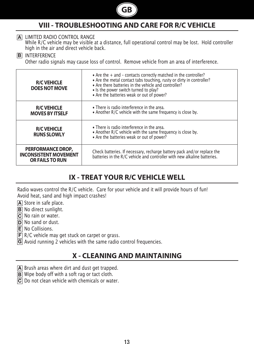 13GBStore in safe place.No direct sunlight.No rain or water.No sand or dust.No Collisions.R/C vehicle may get stuck on carpet or grass.Avoid running 2 vehicles with the same radio control frequencies. VIII - TROUBLESHOOTING AND CARE FOR R/C VEHICLEABLIMITED RADIO CONTROL RANGEWhile R/C vehicle may be visible at a distance, full operational control may be lost.  Hold controller high in the air and direct vehicle back.INTERFERENCEOther radio signals may cause loss of control.  Remove vehicle from an area of interference. R/C VEHICLEDOES NOT MOVE• Are the + and – contacts correctly matched in the controller?• Are the metal contact tabs touching, rusty or dirty in controller?• Are there batteries in the vehicle and controller?• Is the power switch turned to play?• Are the batteries weak or out of power?R/C VEHICLEMOVES BY ITSELF• There is radio interference in the area.• Another R/C vehicle with the same frequency is close by.R/C VEHICLERUNS SLOWLY• There is radio interference in the area.• Another R/C vehicle with the same frequency is close by.• Are the batteries weak or out of power?PERFORMANCE DROP,INCONSISTENT MOVEMENTOR FAILS TO RUN  Check batteries. If necessary, recharge battery pack and/or replace the batteries in the R/C vehicle and controller with new alkaline batteries. IX - TREAT YOUR R/C VEHICLE WELLRadio waves control the R/C vehicle.  Care for your vehicle and it will provide hours of fun!Avoid heat, sand and high impact crashes!ABCDEFGBrush areas where dirt and dust get trapped.Wipe body off with a soft rag or tact cloth.Do not clean vehicle with chemicals or water.  ABCX - CLEANING AND MAINTAINING