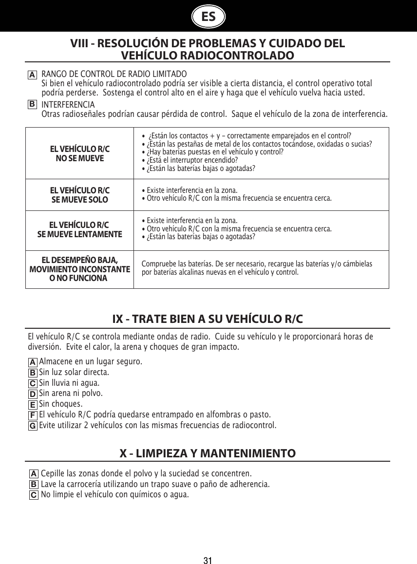 31ESVIII - RESOLUCIÓN DE PROBLEMAS Y CUIDADO DELVEHÍCULO RADIOCONTROLADOABRANGO DE CONTROL DE RADIO LIMITADOSi bien el vehículo radiocontrolado podría ser visible a cierta distancia, el control operativo total podría perderse.  Sostenga el control alto en el aire y haga que el vehículo vuelva hacia usted.INTERFERENCIAOtras radioseñales podrían causar pérdida de control.  Saque el vehículo de la zona de interferencia.EL VEHÍCULO R/CNO SE MUEVEEL VEHÍCULO R/CSE MUEVE SOLOEL VEHÍCULO R/C SE MUEVE LENTAMENTEEL DESEMPEÑO BAJA,MOVIMIENTO INCONSTANTEO NO FUNCIONA  IX - TRATE BIEN A SU VEHÍCULO R/CABCDEFGCepille las zonas donde el polvo y la suciedad se concentren.                                                                          Lave la carrocería utilizando un trapo suave o paño de adherencia.                                                                          No limpie el vehículo con químicos o agua.   ABCX - LIMPIEZA Y MANTENIMIENTOAlmacene en un lugar seguro.                                                            Sin luz solar directa.                                                         Sin lluvia ni agua.                                                                 Sin arena ni polvo.                                                         Sin choques.                                                            El vehículo R/C podría quedarse entrampado en alfombras o pasto.                                                               Evite utilizar 2 vehículos con las mismas frecuencias de radiocontrol.•  ¿Están los contactos + y - correctamente emparejados en el control?• ¿Están las pestañas de metal de los contactos tocándose, oxidadas o sucias?• ¿Hay baterías puestas en el vehículo y control?• ¿Está el interruptor encendido?• ¿Están las baterías bajas o agotadas?• Existe interferencia en la zona.• Otro vehículo R/C con la misma frecuencia se encuentra cerca.• Existe interferencia en la zona.• Otro vehículo R/C con la misma frecuencia se encuentra cerca.• ¿Están las baterías bajas o agotadas?Compruebe las baterías. De ser necesario, recargue las baterías y/o cámbielas por baterías alcalinas nuevas en el vehículo y control. El vehículo R/C se controla mediante ondas de radio.  Cuide su vehículo y le proporcionará horas de diversión.  Evite el calor, la arena y choques de gran impacto.