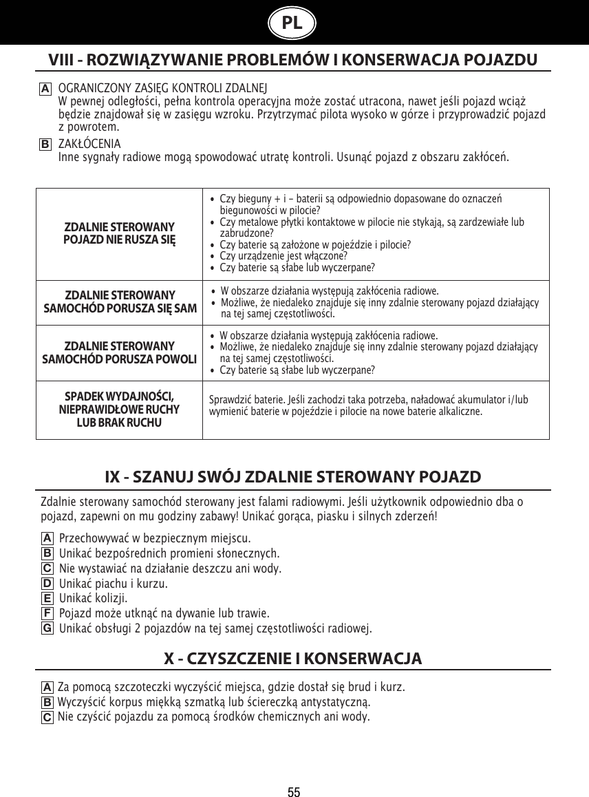 55PLVIII - ROZWIĄZYWANIE PROBLEMÓW I KONSERWACJA POJAZDUABOGRANICZONY ZASIĘG KONTROLI ZDALNEJW pewnej odległości, pełna kontrola operacyjna może zostać utracona, nawet jeśli pojazd wciąż będzie znajdował się w zasięgu wzroku. Przytrzymać pilota wysoko w górze i przyprowadzić pojazd z powrotem.ZAKŁÓCENIAInne sygnały radiowe mogą spowodować utratę kontroli. Usunąć pojazd z obszaru zakłóceń.IX - SZANUJ SWÓJ ZDALNIE STEROWANY POJAZDABCDEFGZa pomocą szczoteczki wyczyścić miejsca, gdzie dostał się brud i kurz.                                      Wyczyścić korpus miękką szmatką lub ściereczką antystatyczną.                                                Nie czyścić pojazdu za pomocą środków chemicznych ani wody.     ABCX - CZYSZCZENIE I KONSERWACJAPrzechowywać w bezpiecznym miejscu.                                                            Unikać bezpośrednich promieni słonecznych.                                                         Nie wystawiać na działanie deszczu ani wody.                                                                      Unikać piachu i kurzu.                                                         Unikać kolizji.                                                            Pojazd może utknąć na dywanie lub trawie.          Unikać obsługi 2 pojazdów na tej samej częstotliwości radiowej.•  Czy bieguny + i - baterii są odpowiednio dopasowane do oznaczeń      biegunowości w pilocie?•  Czy metalowe płytki kontaktowe w pilocie nie stykają, są zardzewiałe lub    zabrudzone?•  Czy baterie są założone w pojeździe i pilocie?•  Czy urządzenie jest włączone?•  Czy baterie są słabe lub wyczerpane?•  W obszarze działania występują zakłócenia radiowe.•  Możliwe, że niedaleko znajduje się inny zdalnie sterowany pojazd działający    na tej samej częstotliwości.•  W obszarze działania występują zakłócenia radiowe.•  Możliwe, że niedaleko znajduje się inny zdalnie sterowany pojazd działający    na tej samej częstotliwości.•  Czy baterie są słabe lub wyczerpane?Sprawdzić baterie. Jeśli zachodzi taka potrzeba, naładować akumulator i/lub wymienić baterie w pojeździe i pilocie na nowe baterie alkaliczne.Zdalnie sterowany samochód sterowany jest falami radiowymi. Jeśli użytkownik odpowiednio dba o pojazd, zapewni on mu godziny zabawy! Unikać gorąca, piasku i silnych zderzeń!ZDALNIE STEROWANY POJAZD NIE RUSZA SIĘZDALNIE STEROWANY SAMOCHÓD PORUSZA SIĘ SAMZDALNIE STEROWANY SAMOCHÓD PORUSZA POWOLISPADEK WYDAJNOŚCI, NIEPRAWIDŁOWE RUCHYLUB BRAK RUCHU 