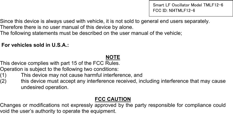 Page 1 of Toyota Motor TMLF12-6 Smart LF Oscillator User Manual Statement