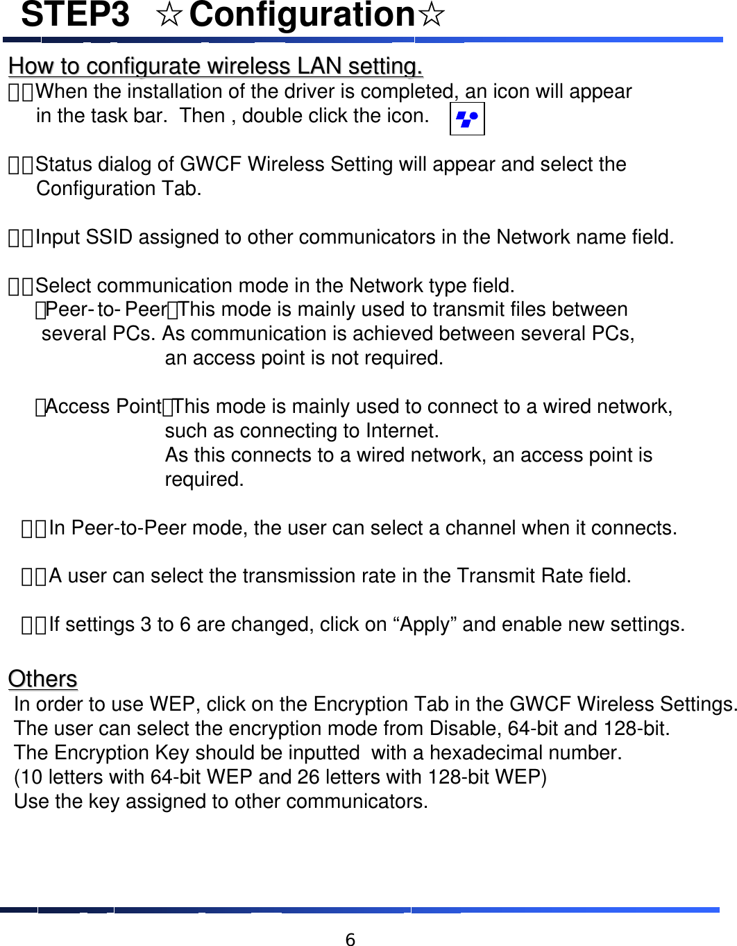 How to How to configurateconfigurate wireless LAN setting.wireless LAN setting.１．When the installation of the driver is completed, an icon will appear in the task bar.  Then , double click the icon.２．Status dialog of GWCF Wireless Setting will appear and select the Configuration Tab.３．Input SSID assigned to other communicators in the Network name field.４．Select communication mode in the Network type field.&emsp;&emsp;・Peer‐to‐Peer：This mode is mainly used to transmit files betweenseveral PCs. As communication is achieved between several PCs,an access point is not required.&emsp;&emsp;&emsp;&emsp;&emsp;&emsp;&emsp;&emsp;&emsp;&emsp;&emsp;&emsp;&emsp;&emsp;&emsp;・Access Point：This mode is mainly used to connect to a wired network, such as connecting to Internet. As this connects to a wired network, an access point is required.&emsp;５．In Peer-to-Peer mode, the user can select a channel when it connects.&emsp;６．A user can select the transmission rate in the Transmit Rate field.&emsp;７．If settings 3 to 6 are changed, click on &ldquo;Apply&rdquo; and enable new settings.OthersOthersIn order to use WEP, click on the Encryption Tab in the GWCF Wireless Settings.The user can select the encryption mode from Disable, 64-bit and 128-bit.The Encryption Key should be inputted  with a hexadecimal number.(10 letters with 64-bit WEP and 26 letters with 128-bit WEP)Use the key assigned to other communicators.STEP3&emsp;☆Configuration☆6