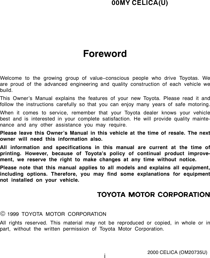 2000 TOYOTA CELICA GTS OWNERS MANUAL visual data 3