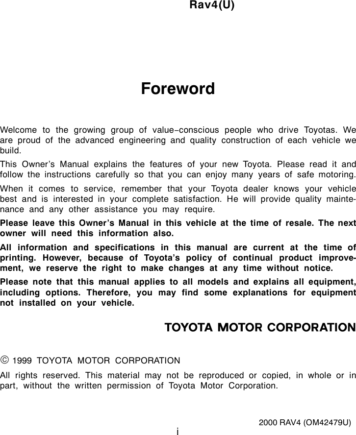 Toyota 2000 Rav4 Owners Manual