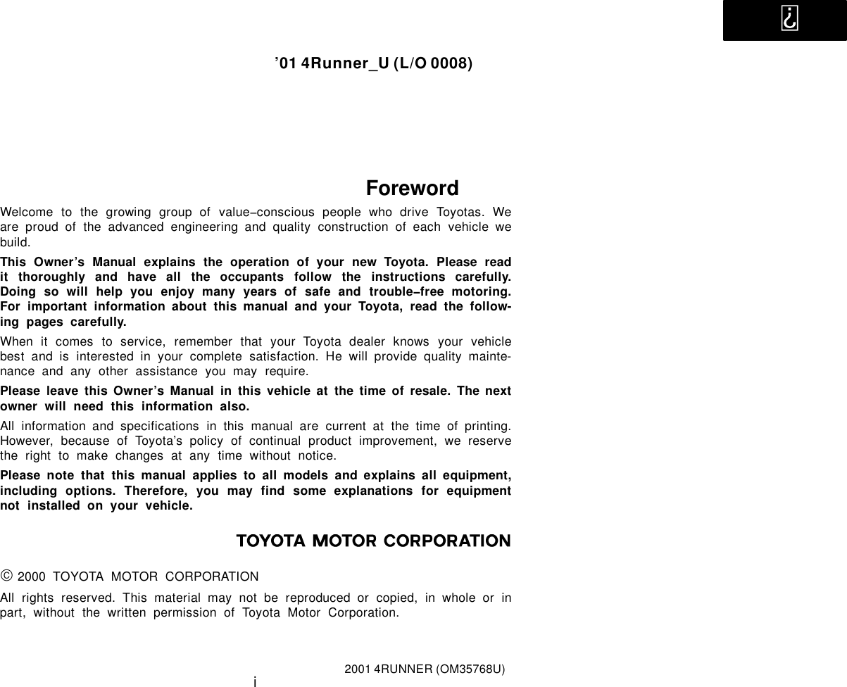 2000 TOYOTA 4RUNNER OWNERS MANUAL PDF visual data 5