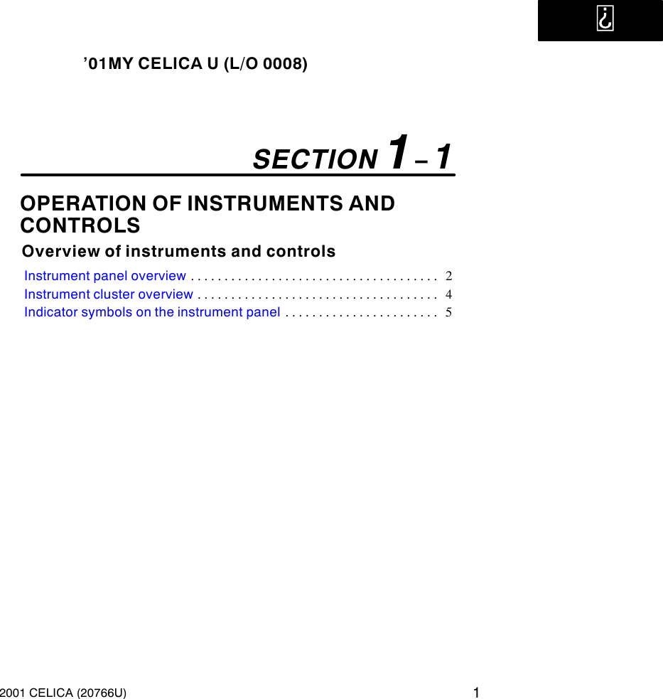 Page 1 of 6 - Toyota Toyota-2001-Toyota-Celica-Owners-Manual- 1-1  Toyota-2001-toyota-celica-owners-manual