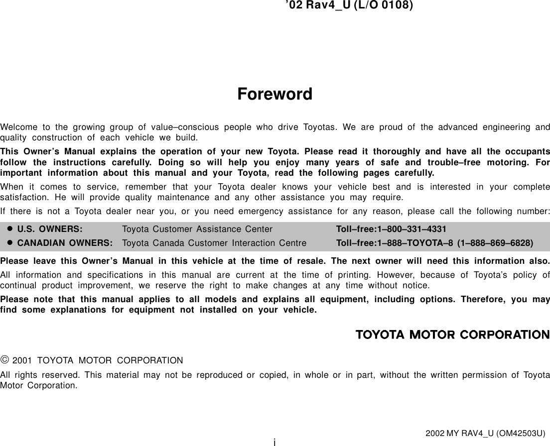 Toyota 2002 Rav4 Owners Manual