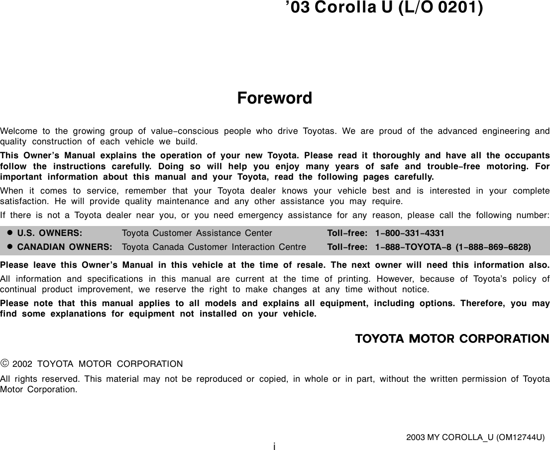 2003 TOYOTA COROLLA OWNERS MANUAL PDF visual data 6