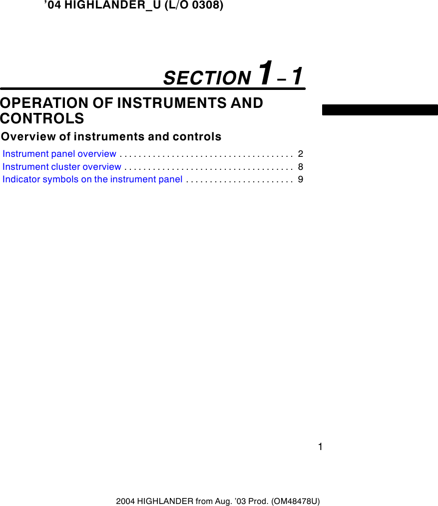 Page 1 of 10 - Toyota Toyota-2004-Toyota-Highlander-Owners-Manual- 1-1  Toyota-2004-toyota-highlander-owners-manual