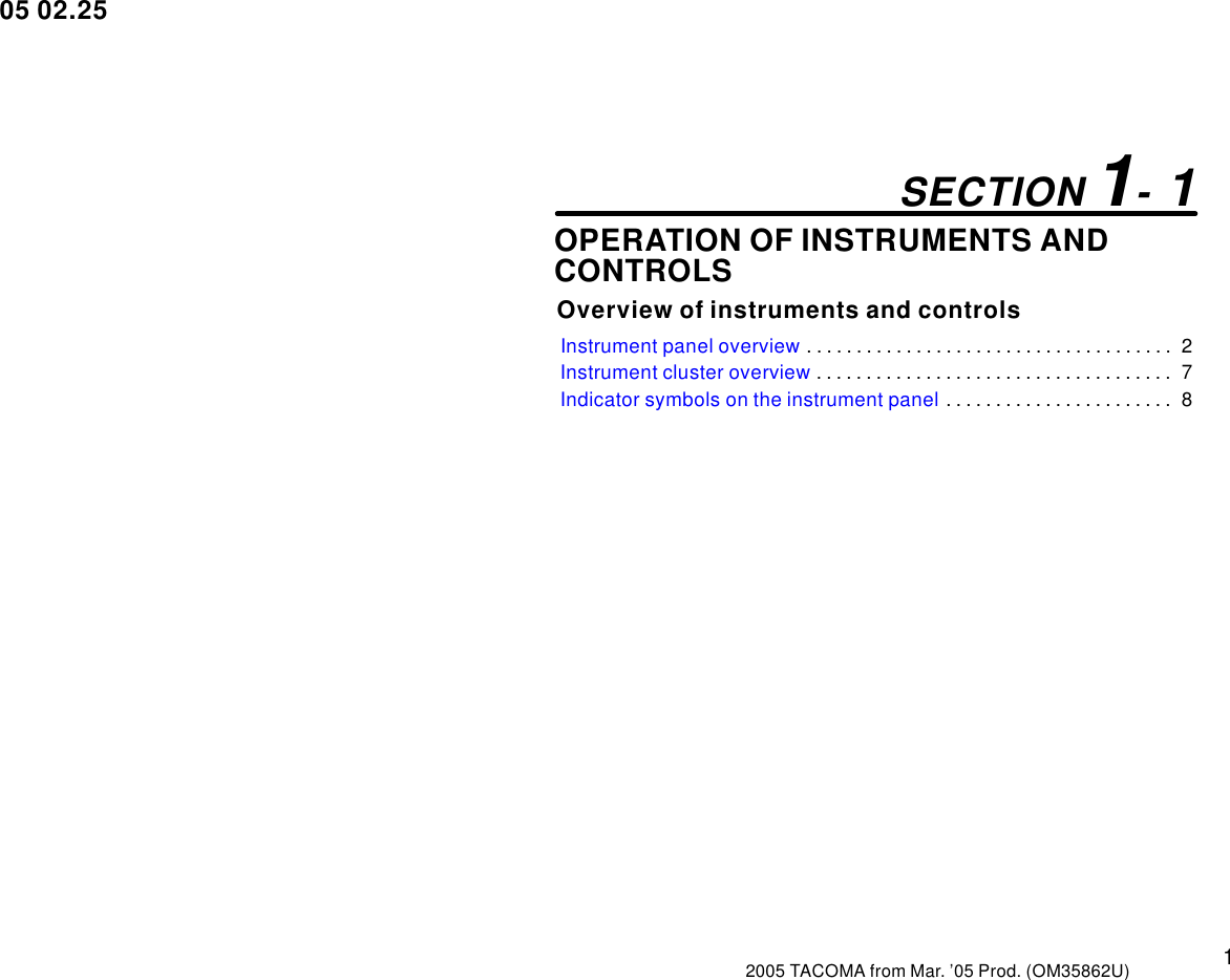 Page 1 of 10 - Toyota Toyota-2005-Toyota-Tacoma-Owners-Manual-  Toyota-2005-toyota-tacoma-owners-manual