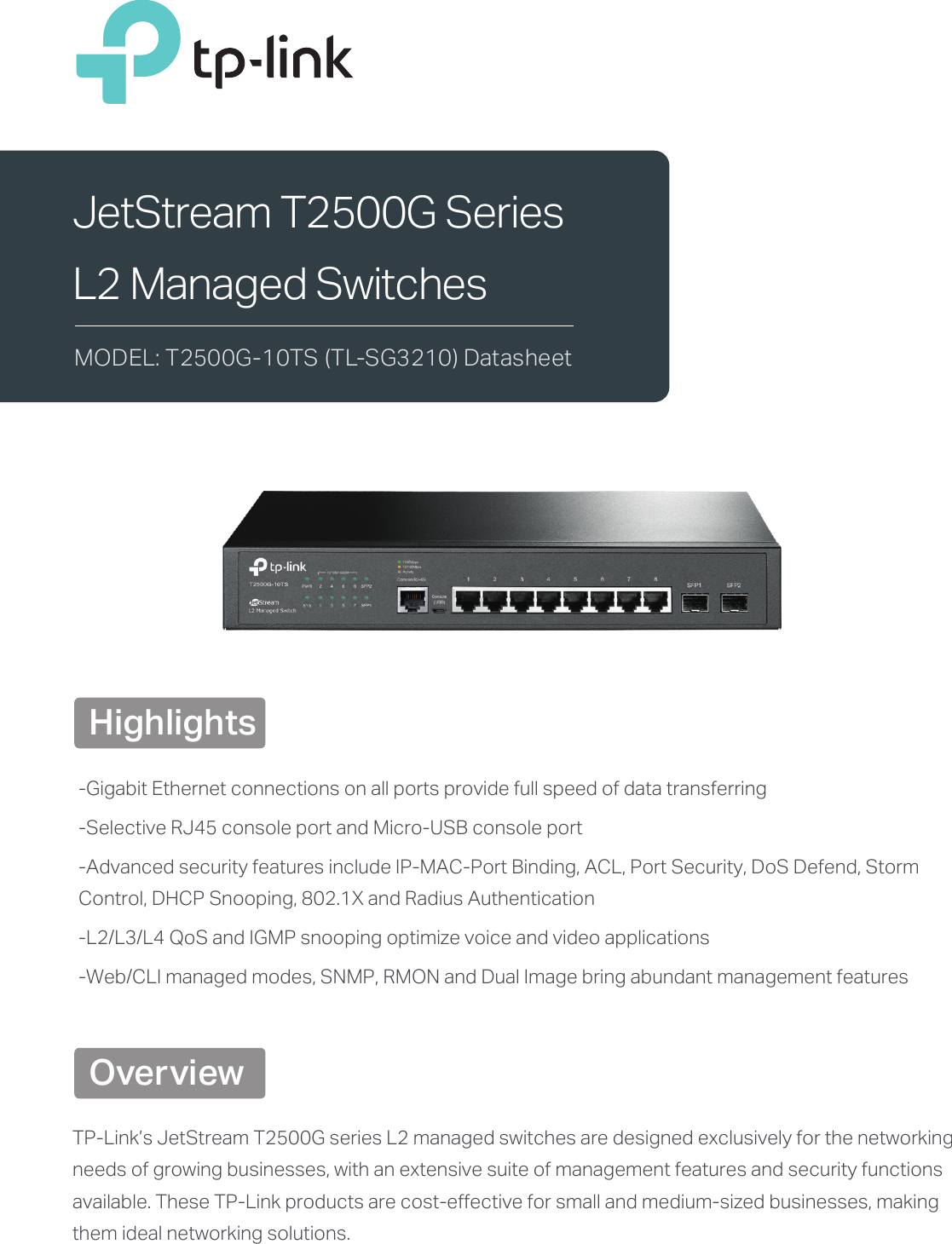Page 1 of 5 - T2500G-10TS(TL-SG3210)(UN) 1.0 Datasheet  1479376535006l