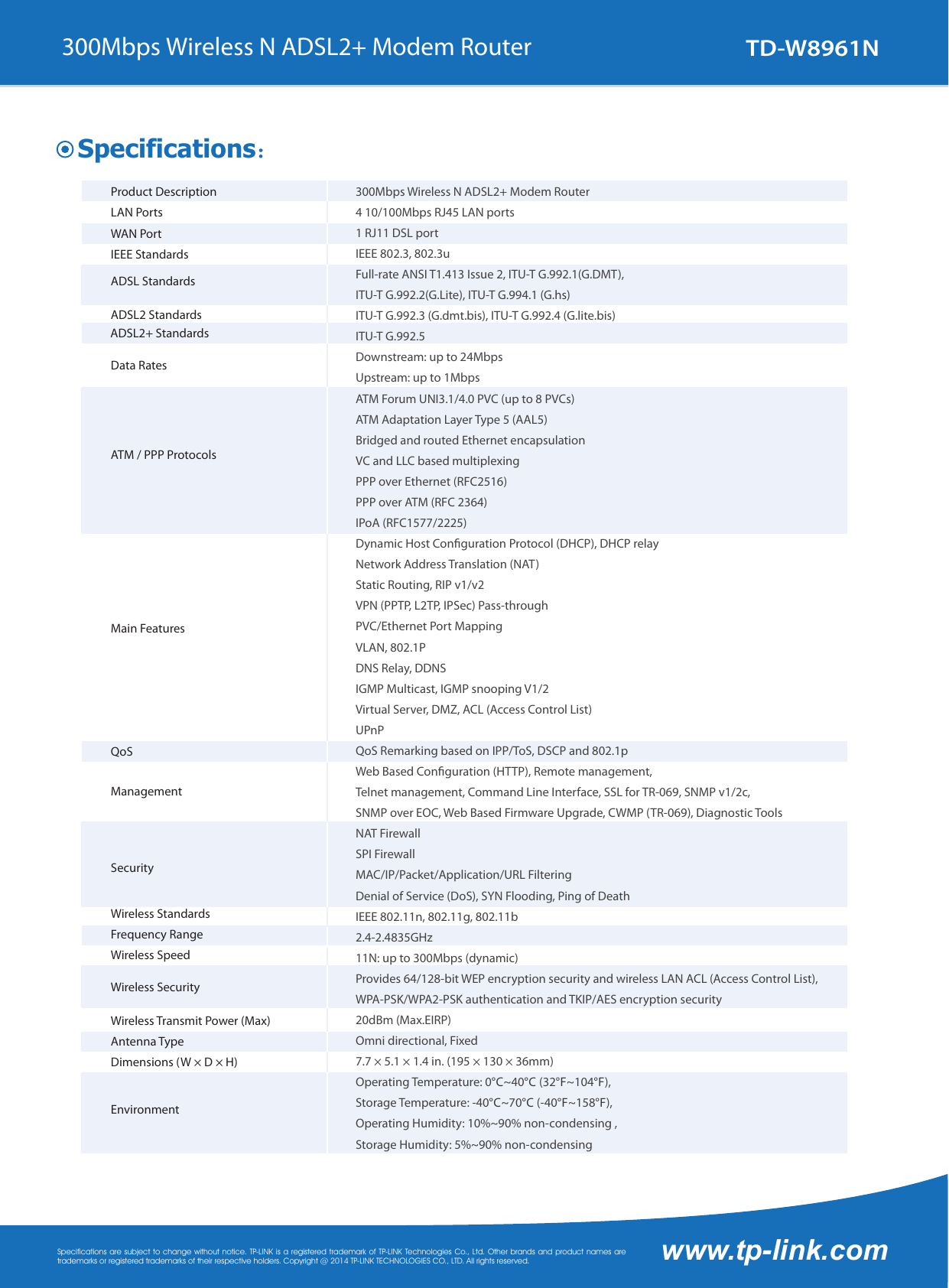 Page 2 of 3 - TD-W8961N(UN)1.0 Datasheet  TD-W8961N V1