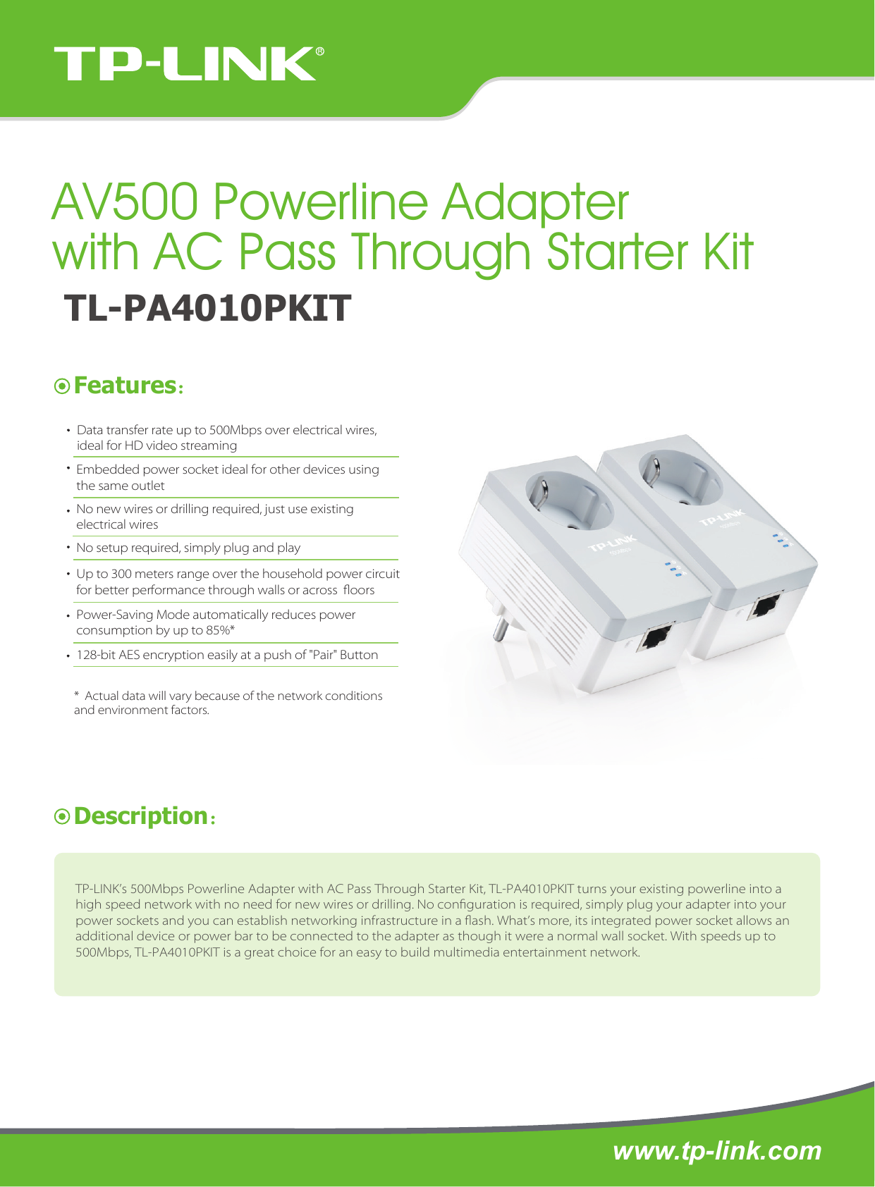 Page 1 of 2 - TL-PA4010PKIT(EU) 2.0 TL-PA4010P V2 Datasheet
