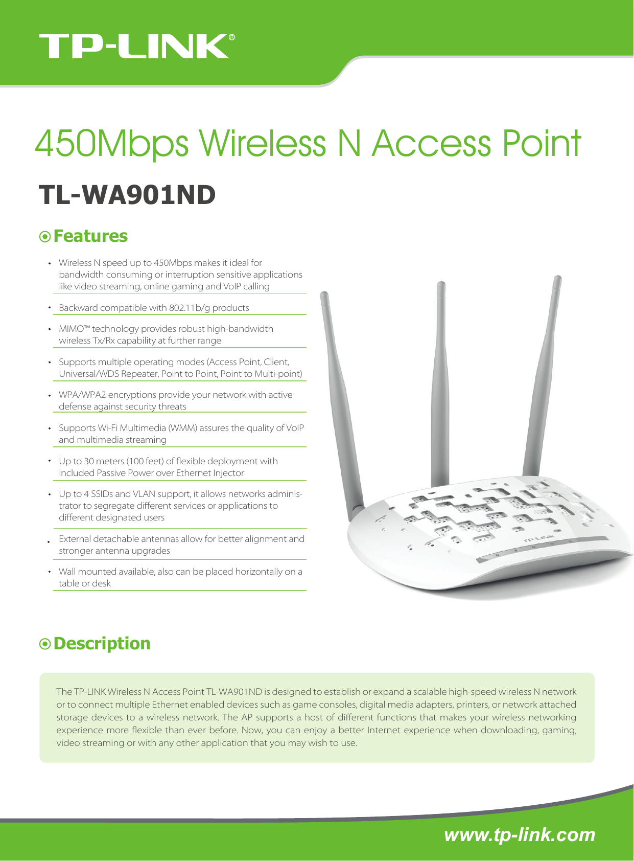 Page 1 of 3 - TL-WA901ND-4.0  TL-WA901ND V4 Datasheet