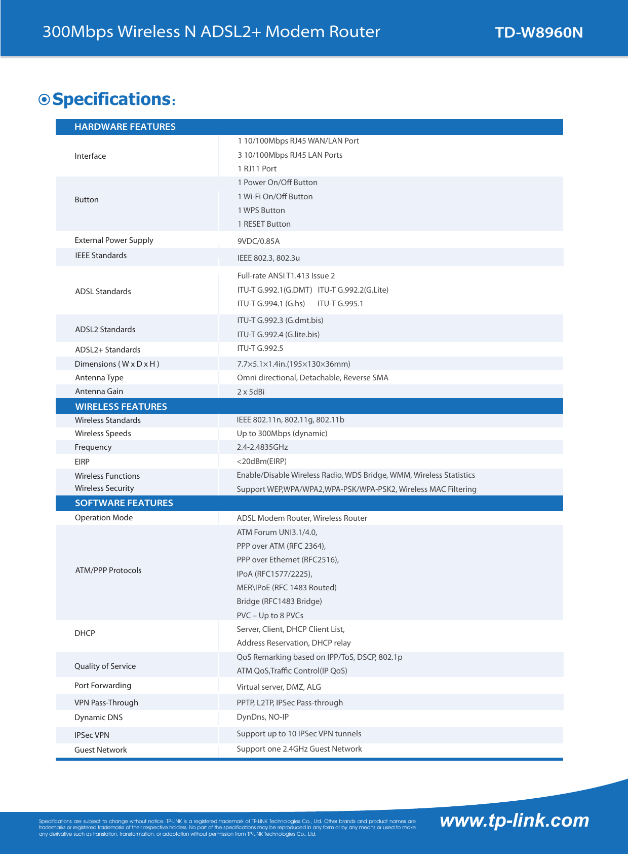 Page 2 of 4 - Tp-Link Tp-Link-Td-W8960N-V5-Data-Sheet- TD-W8960N(UN) 5.0  Tp-link-td-w8960n-v5-data-sheet