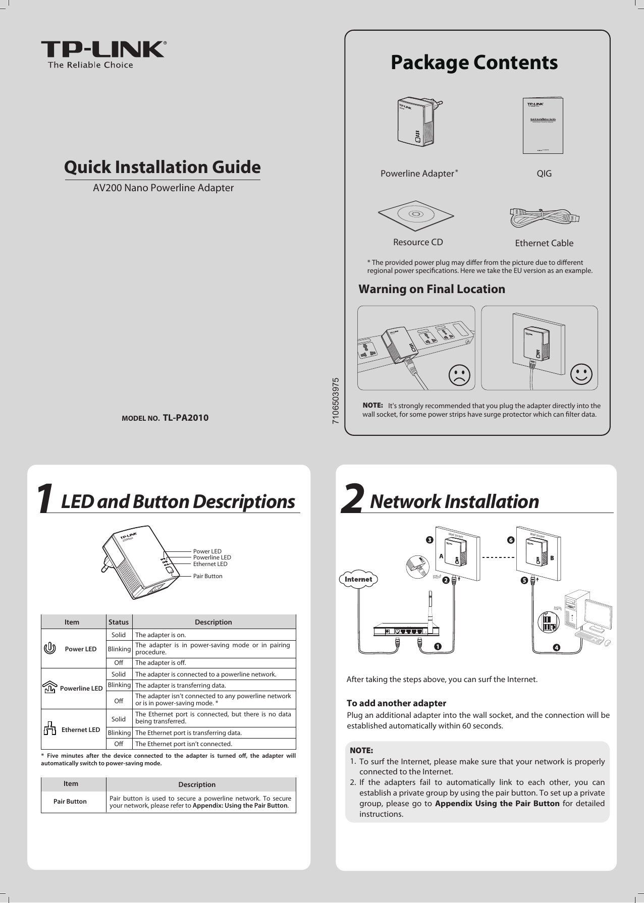 Page 1 of 2 - Tp-Link Tp-Link-Tl-Pa2010Kit-Quick-Installation-Guide-  Tp-link-tl-pa2010kit-quick-installation-guide