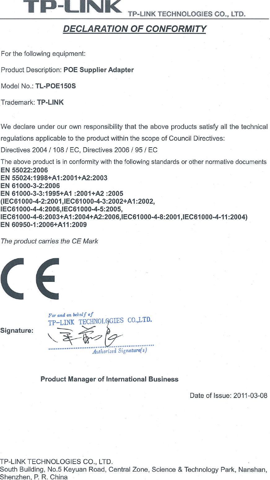 Tp Link Tl Poe150S V1 Declaration Of Conformity