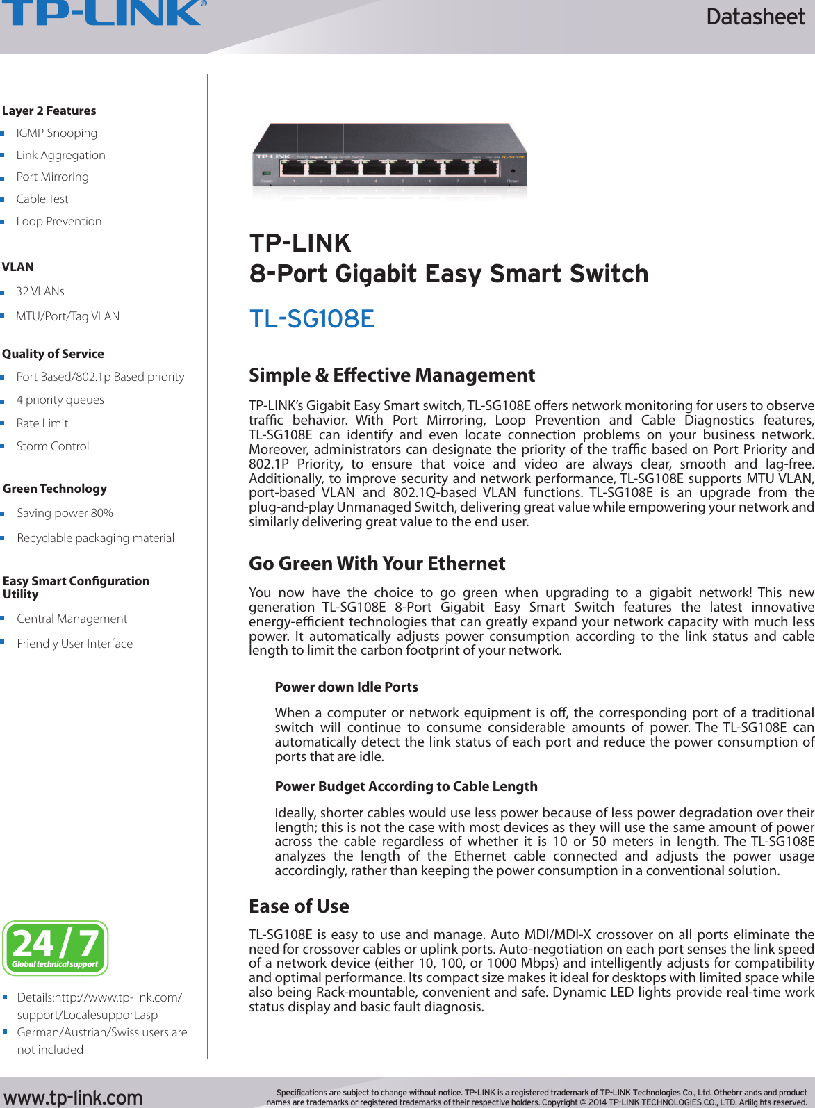 Page 2 of 4 - Tp-Link Tp-Link-Tl-Sg108E-Data-Sheet- TL-SG108E 1.0  Tp-link-tl-sg108e-data-sheet