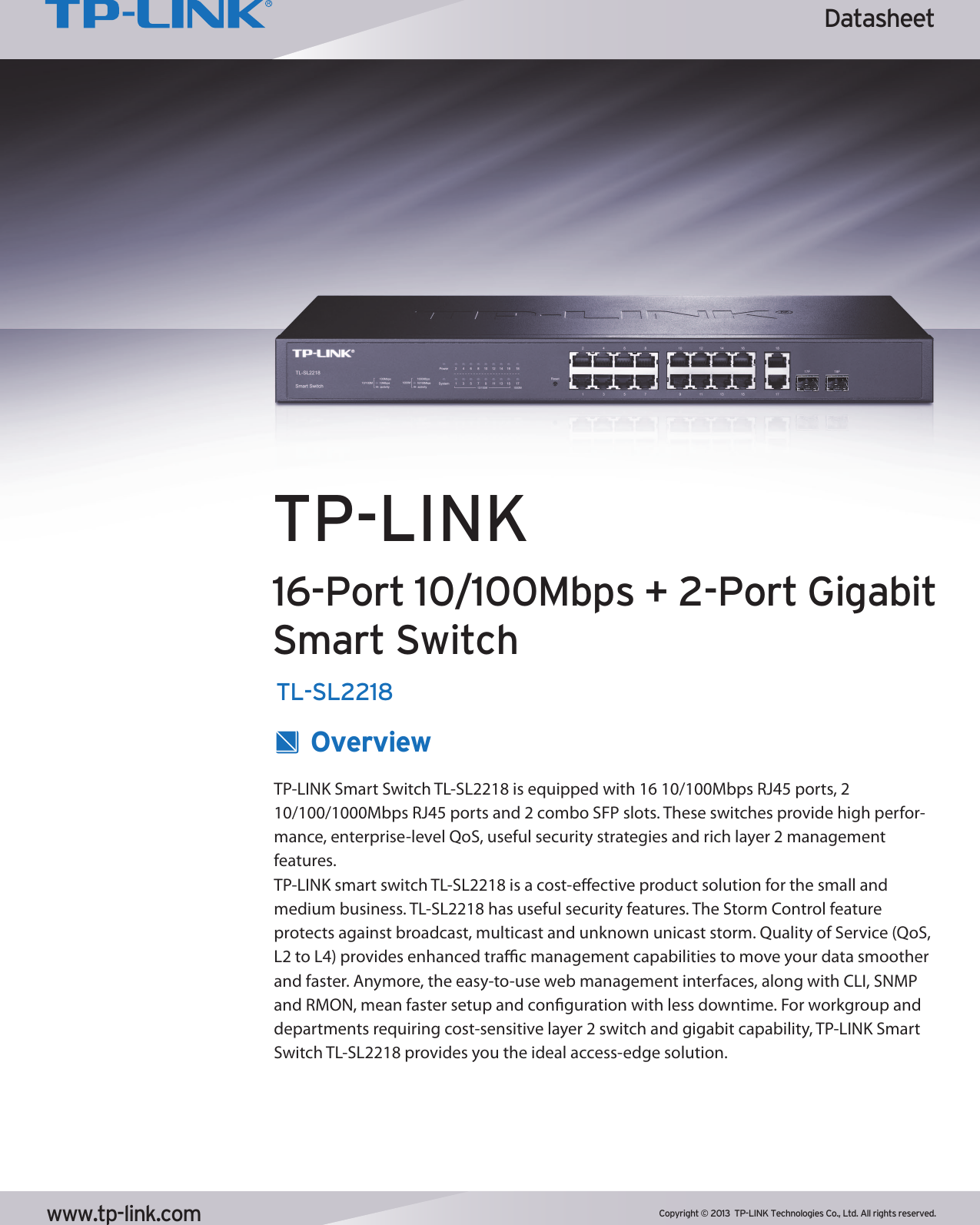 Page 1 of 4 - Tp-Link Tp-Link-Tl-Sl2218-Data-Sheet- TL-SL2218 1  Tp-link-tl-sl2218-data-sheet