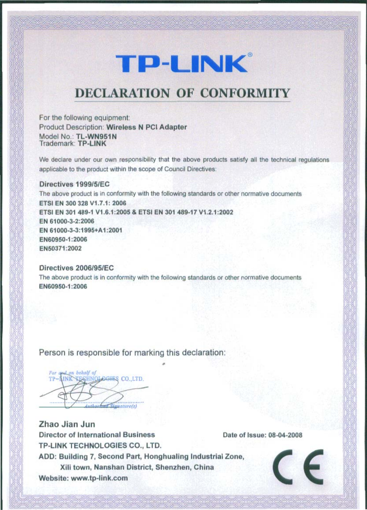 Tp Link Tl Wn951N V3 Declaration Of Conformity