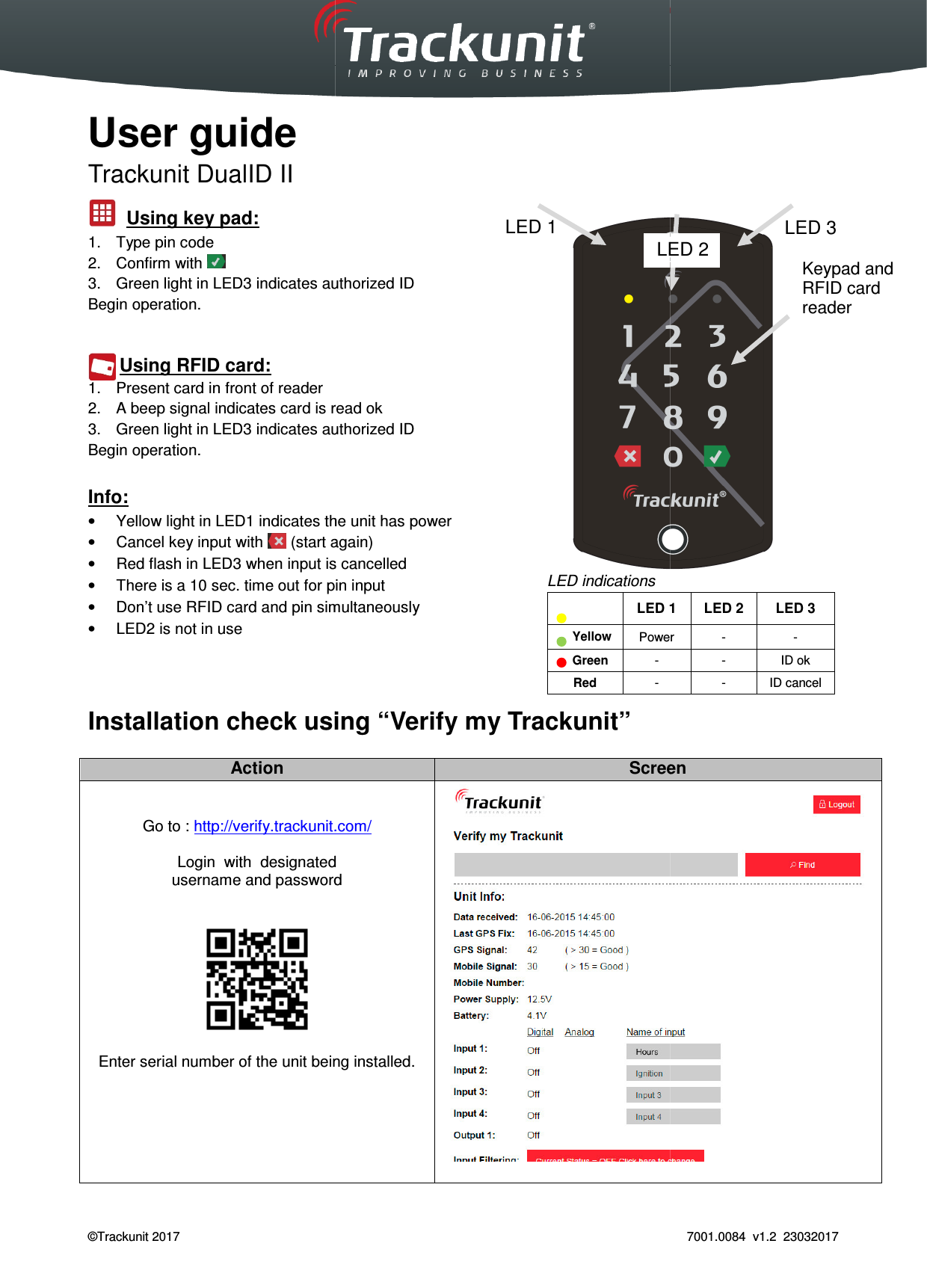  Trackunit 501 DualID_User guide v.1.0  ©Trackunit 2017    User guide  Trackunit DualID II         Using key pad: 1.  Type pin code 2.  Confirm with   3. Green light in LED3 indicates authorized IDBegin operation.         Using RFID card: 1.  Present card in front of reader 2. A beep signal indicates card is read ok3. Green light in LED3 indicates authorized IDBegin operation.  Info: • Yellow light in LED1 indicates the unit has power•  Cancel key input with   (start again)•  Red flash in LED3 when input is cancelled•  There is a 10 sec. time out for pin input• Don’t use RFID card and pin simultaneously•  LED2 is not in use  Installation check using “ Action   Go to : http://verify.trackunit.com/ Login  with  designatedusername and password    Enter serial number of the unit being installed._User guide v.1.0   Green light in LED3 indicates authorized ID A beep signal indicates card is read ok Green light in LED3 indicates authorized ID Yellow light in LED1 indicates the unit has power (start again) in LED3 when input is cancelled out for pin input Don’t use RFID card and pin simultaneously using “Verify my Trackunit” Screenhttp://verify.trackunit.com/ Login  with  designated username and password Enter serial number of the unit being installed.   LED indications   LED 1    Yellow Power   Green  - Red  -  LED 1 LED  7001.0084  v1.2  23032017 Screen  1  LED 2  LED 3 Power  -  - -  ID ok -  ID cancel LED 3 Keypad and  RFID card reader LED 2 