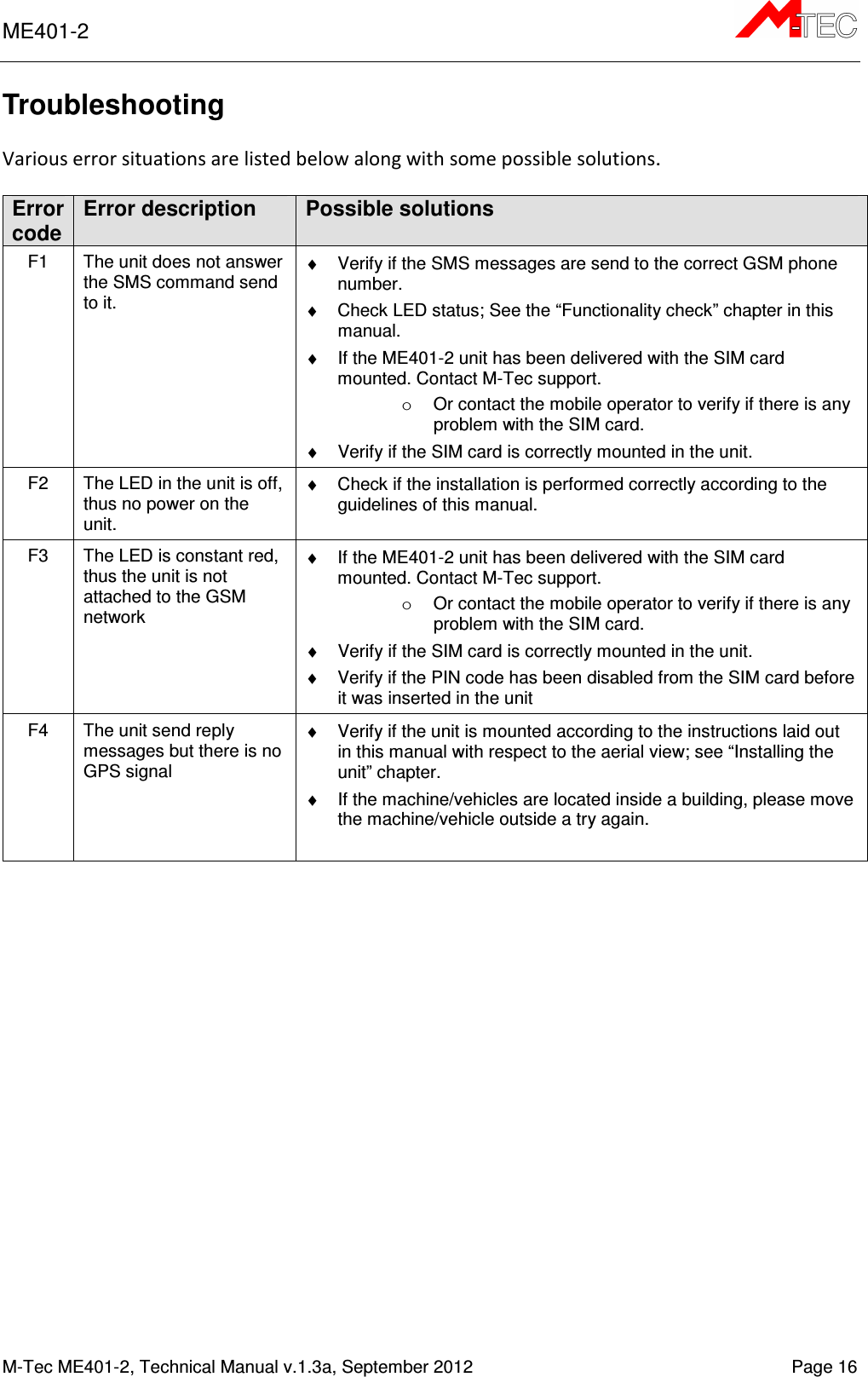 ME401-2       M-Tec ME401-2, Technical Manual v.1.3a, September 2012   Page 16 Troubleshooting  Various error situations are listed below along with some possible solutions.  Error code Error description Possible solutions  F1  The unit does not answer the SMS command send to it. ♦  Verify if the SMS messages are send to the correct GSM phone number. ♦  Check LED status; See the “Functionality check” chapter in this manual. ♦  If the ME401-2 unit has been delivered with the SIM card mounted. Contact M-Tec support. o  Or contact the mobile operator to verify if there is any problem with the SIM card. ♦  Verify if the SIM card is correctly mounted in the unit.  F2  The LED in the unit is off, thus no power on the unit.  ♦  Check if the installation is performed correctly according to the guidelines of this manual. F3  The LED is constant red, thus the unit is not attached to the GSM network ♦  If the ME401-2 unit has been delivered with the SIM card mounted. Contact M-Tec support. o  Or contact the mobile operator to verify if there is any problem with the SIM card.  ♦  Verify if the SIM card is correctly mounted in the unit. ♦  Verify if the PIN code has been disabled from the SIM card before it was inserted in the unit F4  The unit send reply messages but there is no GPS signal   ♦  Verify if the unit is mounted according to the instructions laid out in this manual with respect to the aerial view; see “Installing the unit” chapter. ♦  If the machine/vehicles are located inside a building, please move the machine/vehicle outside a try again.  