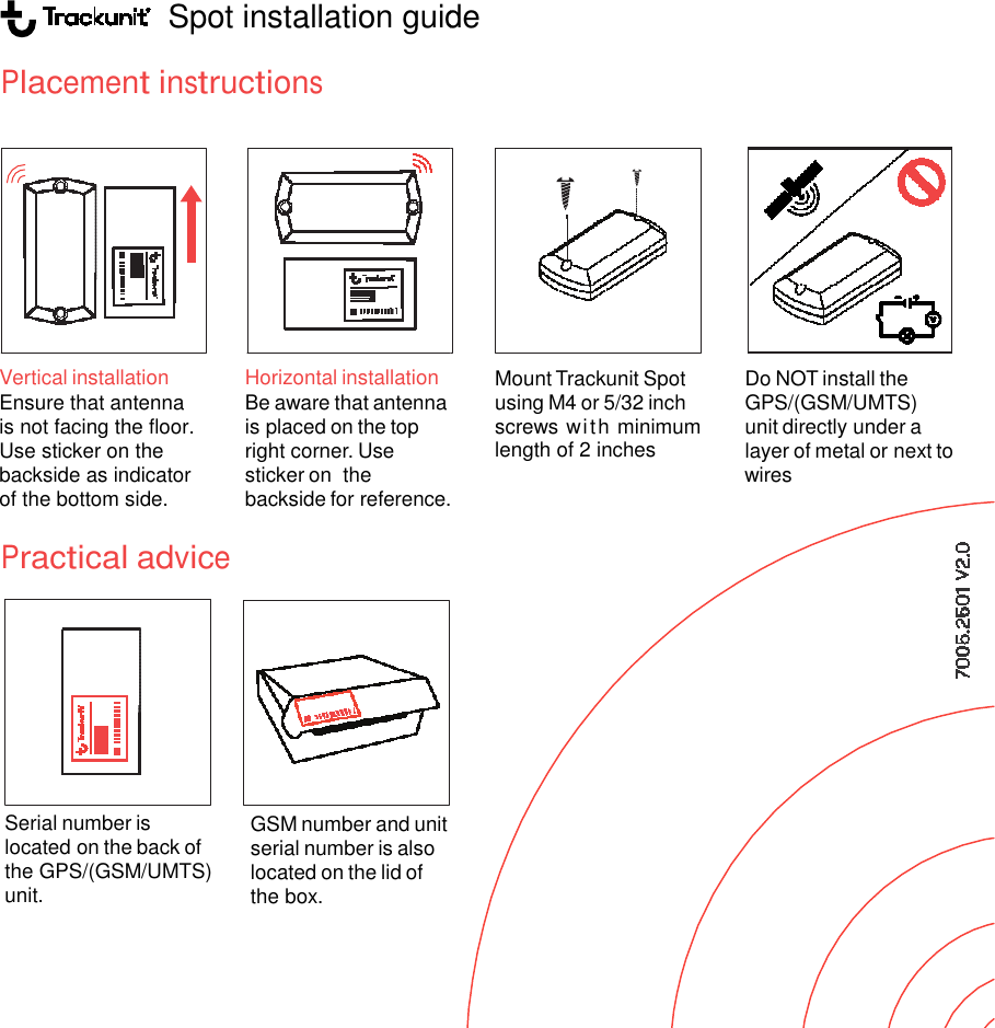                    Spot installation guidePlacement instructions           Vertical installation Ensure that antenna is not facing the floor. Use sticker on the backside as indicator of the bottom side. Horizontal installation Be aware that antenna is placed on the top right corner. Use sticker on  the backside for reference. Practical advice          Serial number is located on the back of the GPS/(GSM/UMTS) unit.  GSM number and unit serial number is also located on the lid of the box.  Spot installation guide  . Mount Trackunit Spot using M4 or 5/32 inch screws wi th  minimum length of 2 inches Do NOT install the GPS/(GSM/UMTS) unit directly under a layer of metal or next twires unit to 