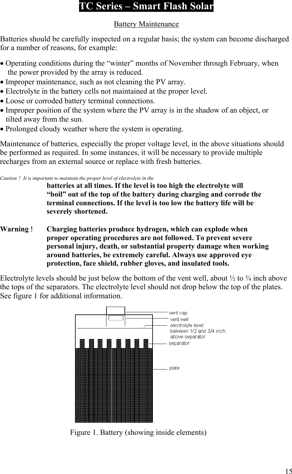 TC Series &ndash; Smart Flash Solar  Battery Maintenance  Batteries should be carefully inspected on a regular basis; the system can become discharged for a number of reasons, for example:  &bull; Operating conditions during the &ldquo;winter&rdquo; months of November through February, when      the power provided by the array is reduced. &bull; Improper maintenance, such as not cleaning the PV array. &bull; Electrolyte in the battery cells not maintained at the proper level. &bull; Loose or corroded battery terminal connections. &bull; Improper position of the system where the PV array is in the shadow of an object, or       tilted away from the sun. &bull; Prolonged cloudy weather where the system is operating.  Maintenance of batteries, especially the proper voltage level, in the above situations should be performed as required. In some instances, it will be necessary to provide multiple recharges from an external source or replace with fresh batteries.  Caution !  It is important to maintain the proper level of electrolyte in the     batteries at all times. If the level is too high the electrolyte will      &ldquo;boil&rdquo; out of the top of the battery during charging and corrode the     terminal connections. If the level is too low the battery life will be   severely shortened.  Warning !  Charging batteries produce hydrogen, which can explode when     proper operating procedures are not followed. To prevent severe     personal injury, death, or substantial property damage when working     around batteries, be extremely careful. Always use approved eye     protection, face shield, rubber gloves, and insulated tools.  Electrolyte levels should be just below the bottom of the vent well, about &frac12; to &frac34; inch above the tops of the separators. The electrolyte level should not drop below the top of the plates. See figure 1 for additional information.        Figure 1. Battery (showing inside elements)      15 