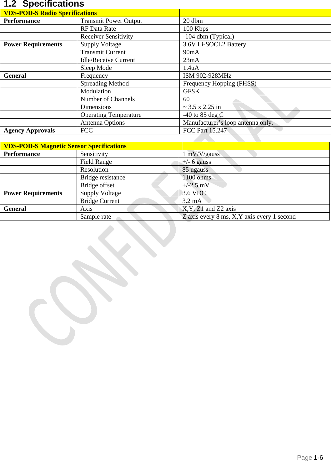        Page 1-6 1.2 Specifications VDS-POD-S Radio Specifications   Performance  Transmit Power Output  20 dbm  RF Data Rate  100 Kbps  Receiver Sensitivity  -104 dbm (Typical) Power Requirements  Supply Voltage  3.6V Li-SOCL2 Battery  Transmit Current   90mA  Idle/Receive Current  23mA  Sleep Mode  1.4uA General  Frequency ISM 902-928MHz  Spreading Method  Frequency Hopping (FHSS)  Modulation GFSK  Number of Channels  60  Dimensions  ~ 3.5 x 2.25 in  Operating Temperature  -40 to 85 deg C  Antenna Options  Manufacturer’s loop antenna only. Agency Approvals  FCC   FCC Part 15.247  VDS-POD-S Magnetic Sensor Specifications   Performance  Sensitivity 1 mV/V/gauss    Field Range  +/- 6 gauss  Resolution 85 ugauss  Bridge resistance  1100 ohms  Bridge offset  +/-2.5 mV Power Requirements  Supply Voltage  3.6 VDC  Bridge Current  3.2 mA General  Axis  X,Y, Z1 and Z2 axis  Sample rate  Z axis every 8 ms, X,Y axis every 1 second            