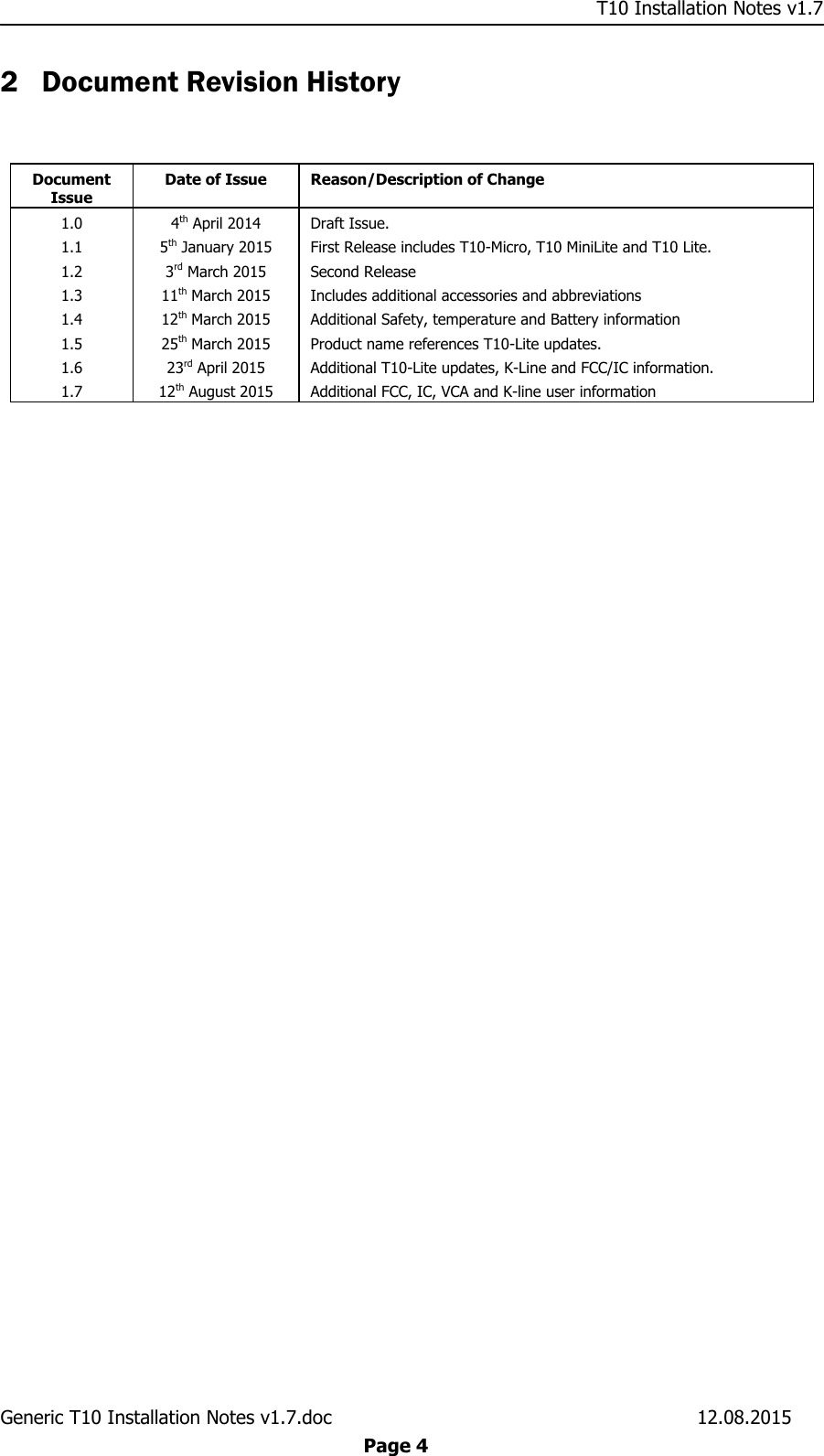     T10 Installation Notes v1.7 Generic T10 Installation Notes v1.7.doc    12.08.2015  Page 4 2 Document Revision History  Document Issue Date of Issue Reason/Description of Change 1.0 1.1 1.2 1.3 1.4 1.5 1.6 1.7 4th April 2014 5th January 2015 3rd March 2015 11th March 2015 12th March 2015 25th March 2015 23rd April 2015 12th August 2015 Draft Issue. First Release includes T10-Micro, T10 MiniLite and T10 Lite. Second Release Includes additional accessories and abbreviations Additional Safety, temperature and Battery information Product name references T10-Lite updates. Additional T10-Lite updates, K-Line and FCC/IC information. Additional FCC, IC, VCA and K-line user information  