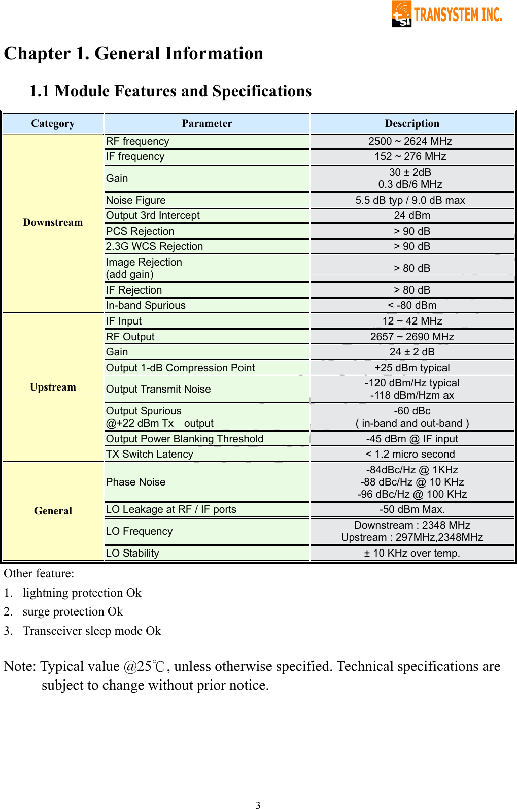   3Chapter 1. General Information 1.1 Module Features and Specifications Category  Parameter  Description RF frequency  2500 ~ 2624 MHz IF frequency  152 ~ 276 MHz Gain  30 ± 2dB 0.3 dB/6 MHz Noise Figure  5.5 dB typ / 9.0 dB max Output 3rd Intercept  24 dBm PCS Rejection  &gt; 90 dB 2.3G WCS Rejection  &gt; 90 dB Image Rejection (add gain)  &gt; 80 dB IF Rejection  &gt; 80 dB Downstream In-band Spurious  &lt; -80 dBm IF Input  12 ~ 42 MHz RF Output  2657 ~ 2690 MHz Gain  24 ± 2 dB Output 1-dB Compression Point  +25 dBm typical Output Transmit Noise  -120 dBm/Hz typical -118 dBm/Hzm ax Output Spurious   @+22 dBm Tx  output -60 dBc   ( in-band and out-band ) Output Power Blanking Threshold  -45 dBm @ IF input Upstream TX Switch Latency  &lt; 1.2 micro second Phase Noise -84dBc/Hz @ 1KHz -88 dBc/Hz @ 10 KHz -96 dBc/Hz @ 100 KHz LO Leakage at RF / IF ports  -50 dBm Max. LO Frequency  Downstream : 2348 MHz Upstream : 297MHz,2348MHz General LO Stability  ± 10 KHz over temp. Other feature: 1. lightning protection Ok 2. surge protection Ok 3. Transceiver sleep mode Ok  Note: Typical value @25℃, unless otherwise specified. Technical specifications are subject to change without prior notice. 