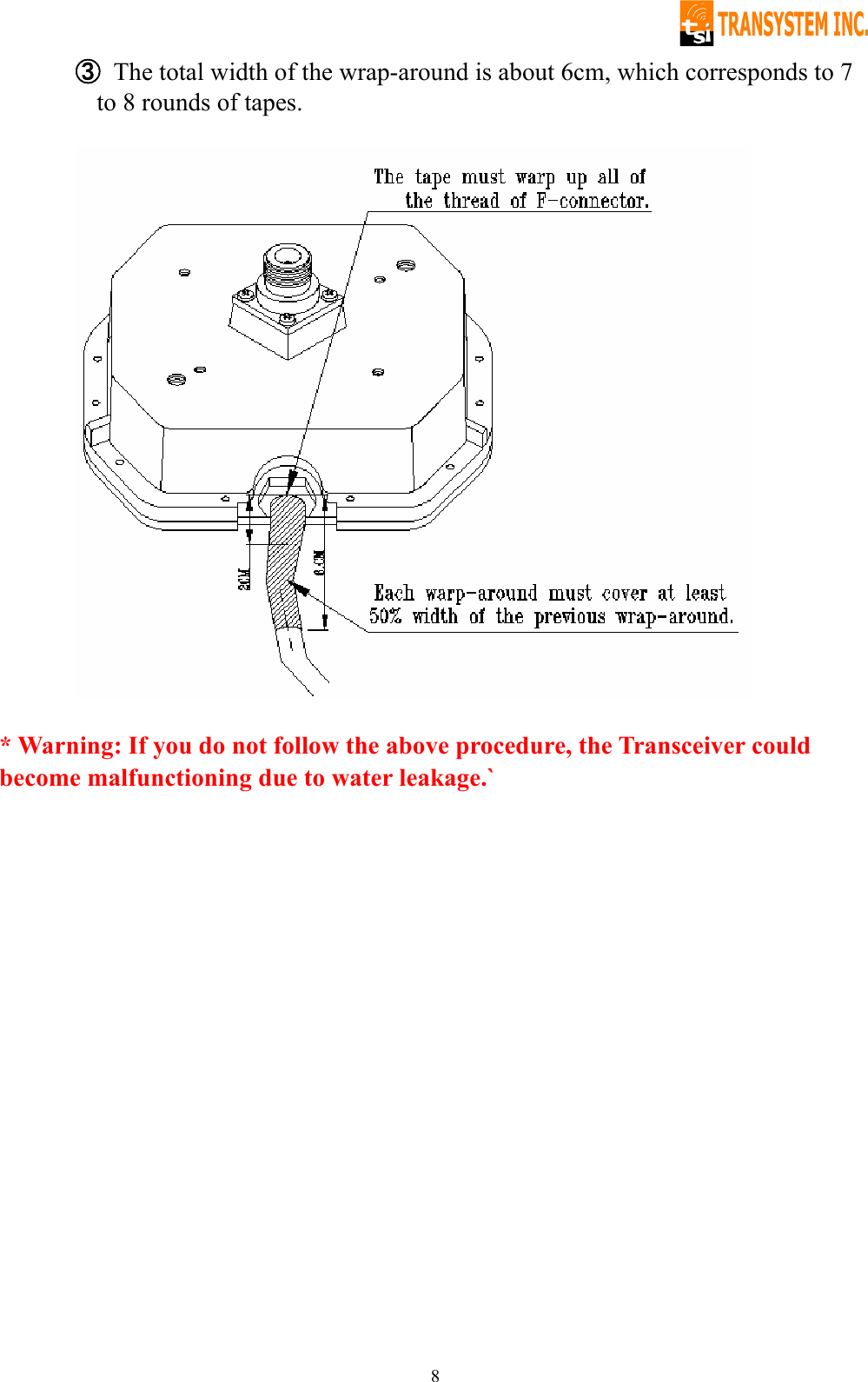   8③ The total width of the wrap-around is about 6cm, which corresponds to 7 to 8 rounds of tapes.    * Warning: If you do not follow the above procedure, the Transceiver could become malfunctioning due to water leakage.` 