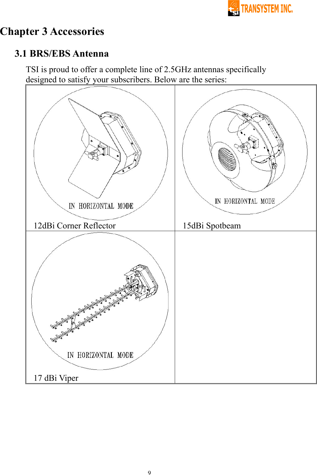   9Chapter 3 Accessories 3.1 BRS/EBS Antenna TSI is proud to offer a complete line of 2.5GHz antennas specifically designed to satisfy your subscribers. Below are the series:   12dBi Corner Reflector    15dBi Spotbeam   17 dBi Viper    