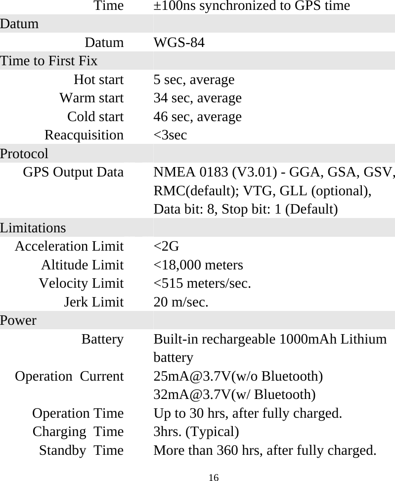  16Time    ±100ns synchronized to GPS time Datum     Datum   WGS-84 Time to First Fix       Hot start    5 sec, average Warm start    34 sec, average Cold start    46 sec, average Reacquisition   &lt;3sec Protocol     GPS Output Data    NMEA 0183 (V3.01) - GGA, GSA, GSV, RMC(default); VTG, GLL (optional),   Data bit: 8, Stop bit: 1 (Default) Limitations     Acceleration Limit    &lt;2G Altitude Limit    &lt;18,000 meters Velocity Limit    &lt;515 meters/sec.   Jerk Limit    20 m/sec. Power     Battery   Built-in rechargeable 1000mAh Lithium battery Operation Current    25mA@3.7V(w/o Bluetooth) 32mA@3.7V(w/ Bluetooth) Operation Time    Up to 30 hrs, after fully charged. Charging Time    3hrs. (Typical) Standby  Time    More than 360 hrs, after fully charged. 