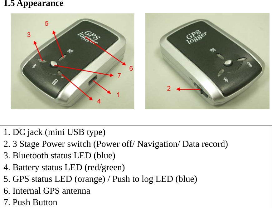 1.5 Appearance   1. DC jack (mini USB type) 2. 3 Stage Power switch (Power off/ Navigation/ Data record) 3. Bluetooth status LED (blue) 4. Battery status LED (red/green) 5. GPS status LED (orange) / Push to log LED (blue) 6. Internal GPS antenna 7. Push Button  