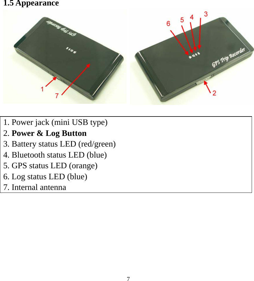  71.5 Appearance  1. Power jack (mini USB type) 2. Power &amp; Log Button 3. Battery status LED (red/green) 4. Bluetooth status LED (blue) 5. GPS status LED (orange) 6. Log status LED (blue) 7. Internal antenna  