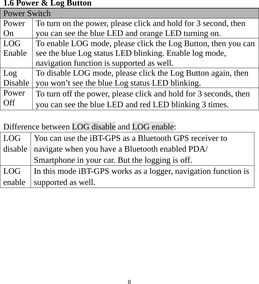  81.6 Power &amp; Log Button Power Switch Power On  To turn on the power, please click and hold for 3 second, then you can see the blue LED and orange LED turning on. LOG Enable  To enable LOG mode, please click the Log Button, then you can see the blue Log status LED blinking. Enable log mode, navigation function is supported as well. Log Disable  To disable LOG mode, please click the Log Button again, then you won’t see the blue Log status LED blinking. Power Off  To turn off the power, please click and hold for 3 seconds, then you can see the blue LED and red LED blinking 3 times.  Difference between LOG disable and LOG enable:   LOG disable You can use the iBT-GPS as a Bluetooth GPS receiver to navigate when you have a Bluetooth enabled PDA/ Smartphone in your car. But the logging is off.   LOG enable In this mode iBT-GPS works as a logger, navigation function is supported as well.    