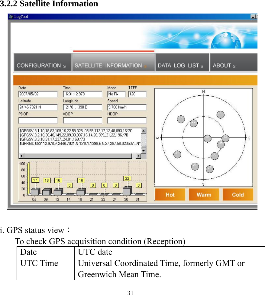  313.2.2 Satellite Information     i. GPS status view： To check GPS acquisition condition (Reception) Date UTC date UTC Time  Universal Coordinated Time, formerly GMT or Greenwich Mean Time. 