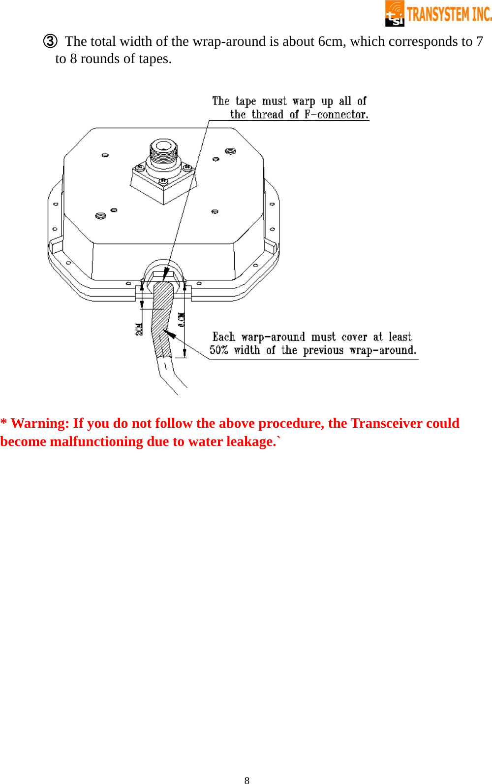   8③ The total width of the wrap-around is about 6cm, which corresponds to 7 to 8 rounds of tapes.    * Warning: If you do not follow the above procedure, the Transceiver could become malfunctioning due to water leakage.` 