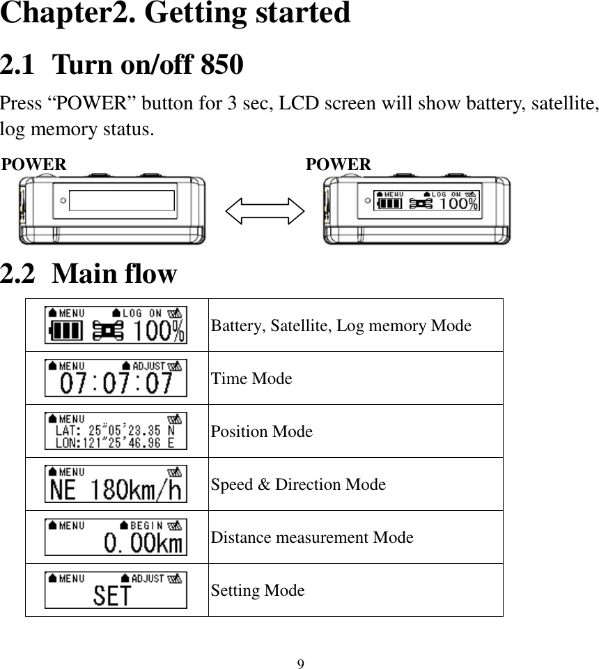  9 Chapter2. Getting started 2.1 Turn on/off 850 Press “POWER” button for 3 sec, LCD screen will show battery, satellite, log memory status.     2.2 Main flow   Battery, Satellite, Log memory Mode   Time Mode   Position Mode   Speed &amp; Direction Mode   Distance measurement Mode   Setting Mode POWER POWER 